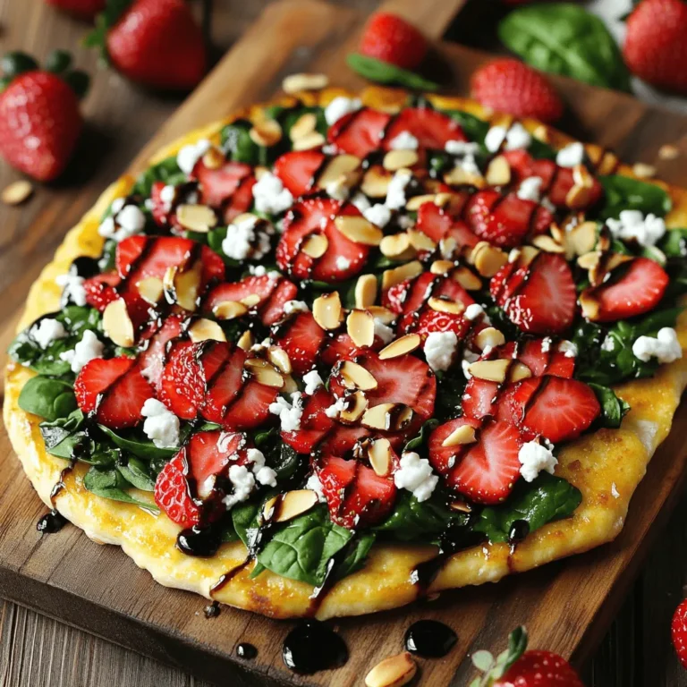 - 1 store-bought flatbread or pizza dough - 1 cup fresh spinach leaves, washed and dried - 1 cup strawberries, hulled and sliced - 4 oz goat cheese, crumbled - 1 tablespoon balsamic glaze - 1 tablespoon olive oil - Salt and pepper to taste - 1/4 cup sliced almonds, toasted To measure ingredients accurately, use dry measuring cups for solids. Make sure to level off the top for precise amounts. For liquids, use a clear measuring cup. Fill it to the line, ensuring you’re on a flat surface. This gives you the best results in your cooking. 1. Preheat your oven to 400°F (200°C). This step is key for crispy flatbread. 2. If you use pizza dough, roll it out on a floured surface. Aim for a flat rectangle or circle. If you choose store-bought flatbread, place it directly on a baking sheet. 1. Lightly brush the flatbread or dough with olive oil. This adds flavor and helps it crisp up. 2. Place the flatbread in the oven and bake for 6-8 minutes. Look for a golden brown color and a slight crisp. 3. While the flatbread bakes, prepare your toppings. In a bowl, mix the fresh spinach and sliced strawberries. Add a pinch of salt and pepper, then toss gently. 1. When the flatbread is ready, remove it from the oven. Top it with the spinach and strawberry mix. 2. Crumble the goat cheese over the top, spreading it evenly. 3. Drizzle balsamic glaze over the flatbread for extra flavor. 4. If you like, sprinkle toasted sliced almonds on top. 5. Return the flatbread to the oven for 5 more minutes. This helps the cheese soften and meld the flavors. 6. Once done, take it out, slice it, and serve warm. Enjoy your delicious creation! To get the best crispy flatbread, start by preheating your oven to 400°F. Brush the flatbread lightly with olive oil. This helps create a nice crust. Bake for 6-8 minutes until it turns golden brown. Keep an eye on it so it doesn’t burn. Layering your ingredients is key. First, spread your spinach and strawberries evenly. This ensures each bite is full of flavor. Sprinkle the goat cheese on top for a creamy finish. Finally, drizzle balsamic glaze for a sweet touch. You can switch up the cheese if you want. Feta or ricotta work well with this flatbread too. They add their own unique taste. Feel free to add toppings. Consider sliced cucumbers, avocados, or even grilled chicken. These additions can make your flatbread more filling. You can also substitute some spinach for arugula for a peppery kick. When serving, use a wooden board or a large platter. This adds a rustic touch. Garnish with fresh strawberries and a drizzle of balsamic glaze. It will look appealing and taste even better. Cut the flatbread into small pieces for easy sharing. This makes it perfect for gatherings. Serve it warm to enjoy the best flavors. {{image_2}} You can easily switch greens in this recipe. Try arugula for a peppery kick. Kale adds a hearty texture. You can also use mixed greens for variety. For fruits, change strawberries to peaches in summer. In fall, use apples for a crisp bite. Each fruit brings a unique taste. If you need a gluten-free option, use gluten-free flatbreads. Look for ones made from almond or rice flour. You can also make your own with gluten-free dough. Just roll it out as you would regular dough. This way, everyone can enjoy the flavors. Want to boost the protein? Add cooked chicken for a savory touch. Grilled shrimp also pairs well with the sweetness of strawberries. For a plant-based option, try chickpeas or black beans. They add protein and a nice texture. You can even use tempeh or tofu for a hearty bite. To keep your flatbread fresh, store leftovers in the fridge. Place it in an airtight container. This helps prevent it from drying out. You can also wrap it in plastic wrap or foil. Consume within two days for the best taste. To enjoy your flatbread again, preheat your oven to 350°F (175°C). Place the flatbread on a baking sheet. Heat it for about 10 minutes. This method keeps the crust crispy and the toppings warm. You can also use a skillet on low heat for 5 minutes. Cover it to help melt the cheese. You can freeze flatbread, but it’s best to freeze it before baking. Wrap it tightly in plastic wrap and then in foil. This helps avoid freezer burn. When you are ready to eat, thaw it in the fridge overnight. Then bake as usual. If it’s already baked, freeze in slices. Just remember to reheat from frozen, adding a few extra minutes to the baking time. To make this flatbread, you need a few simple steps. First, preheat your oven to 400°F (200°C). If you choose pizza dough, roll it into a flat shape. If you use store-bought flatbread, just place it on a baking sheet. Next, brush a little olive oil on the flatbread or dough. This will help it get crispy. Bake it in your preheated oven for about 6-8 minutes. You want it to be golden brown and slightly crisp. While it bakes, mix fresh spinach and sliced strawberries in a bowl. Add a pinch of salt and pepper, then toss them together. When the flatbread is done, take it out of the oven. Top it with your spinach and strawberry mix. Sprinkle crumbled goat cheese on top, then drizzle balsamic glaze over everything. If you like, add toasted sliced almonds for crunch. Bake again for 5 more minutes. This helps the cheese melt and the flavors mix. When ready, slice it up and serve warm. This flatbread tastes great with many sides. Here are some ideas: - A fresh green salad adds crunch. - Serve with a bowl of soup for warmth. - Pair with a fruit salad for sweetness. - Enjoy with a glass of sparkling water or iced tea. These sides balance the flavors of the flatbread well. Yes, you can easily change this recipe to fit your needs. Here are some options: - For a vegan version, swap goat cheese with a plant-based cheese. - Use different greens if you don’t have spinach, like arugula or kale. - Add more fruits, like blueberries or peaches, for a twist. - If you need gluten-free options, look for gluten-free flatbreads or dough. These changes let you make the flatbread just how you like it! This article explored a delicious Strawberry Spinach Goat Cheese flatbread recipe. We covered key ingredients, preparation steps, and baking tips. Remember, you can customize the flatbread for your taste. Use seasonal fruits or gluten-free options as needed. Properly storing leftovers will keep your flatbread fresh for later. With this guide, you can create a tasty dish for any occasion. Enjoy making and sharing this easy and tasty recipe!