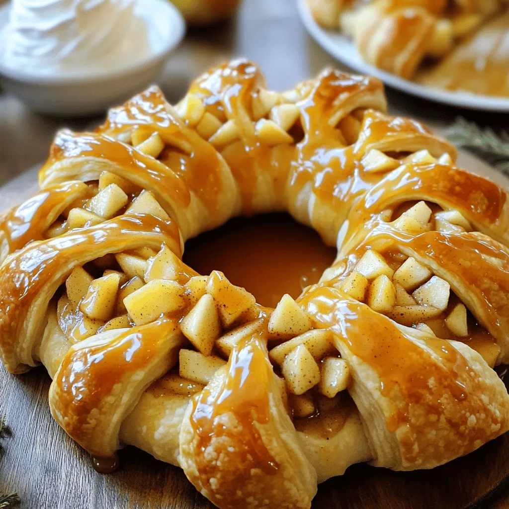 - 2 cans of crescent roll dough - 3 medium apples (Granny Smith or Honeycrisp), peeled, cored, and diced - 1/2 cup brown sugar - 1 teaspoon cinnamon - 1/4 teaspoon nutmeg - 1 tablespoon lemon juice - 1/2 cup caramel sauce (plus extra for drizzling) - 1 egg, beaten (for egg wash) - 1 tablespoon sugar (for topping) - Whipped cream or vanilla ice cream (for serving, optional) Gather these simple ingredients before you start. The crescent roll dough forms the base of this treat. I love using Granny Smith or Honeycrisp apples. They add a nice mix of sweet and tart. Brown sugar gives a deep flavor, while cinnamon and nutmeg add warmth. Lemon juice brightens the apple mix and keeps it fresh. You’ll need caramel sauce for that gooey goodness. An egg wash helps the dough get a lovely golden color. Granulated sugar on top adds a sweet crunch. For serving, whipped cream or vanilla ice cream makes it extra special. Make sure to have everything ready, so you can enjoy making this delightful treat! - Preheat the oven to 375°F (190°C). Line a baking sheet with parchment paper. - In a bowl, mix the diced apples, brown sugar, cinnamon, nutmeg, and lemon juice. Toss until the apples are well coated. - Unroll the crescent roll dough and separate it into triangles. - Spoon a bit of the apple mixture onto each triangle. Drizzle caramel sauce over the apples. - Fold the pointed ends of the triangles over the apple mixture. Tuck them under the wide ends, making a ring shape. - Brush the dough with the beaten egg for a golden color. Sprinkle sugar on top for added sweetness. - Bake for 20-25 minutes until the dough is golden brown and cooked through. - Selecting the best apples: Choose Granny Smith or Honeycrisp apples. They add a nice tartness. Firm apples hold up well while baking. Avoid mushy apples to keep the texture crisp. - Achieving a golden crust: Use an egg wash for a shiny finish. Brush the dough before baking. Sprinkle sugar on top for extra crunch and sweetness. Bake until golden brown for the best look. - Alternative fillings: Add nuts like walnuts or pecans for crunch. Dried fruits like cranberries or raisins can add sweetness. Mix these with the apples for new flavors. - Adjusting sweetness level: If you prefer less sweetness, reduce the brown sugar. You can also skip the extra caramel drizzle for a lighter treat. - Plating suggestions: Serve slices on a round platter for a beautiful display. Place a scoop of vanilla ice cream beside each slice. - Enhancing with toppings: Drizzle extra caramel sauce over the top. Add a dollop of whipped cream for richness. A sprinkle of cinnamon can enhance the aroma and look. {{image_2}} You can change the flavors in your Caramel Apple Pie Crescent Ring. For fall, add cranberries for a tart bite. Chopped pecans bring a nice crunch. Both flavors match well with apples. For holiday fun, use spices like nutmeg and allspice. These spices add warmth and depth. They make your treat festive and cozy. If you need gluten-free options, look for gluten-free crescent roll dough. Many brands offer this now. You can still enjoy the same great taste. For a vegan twist, swap the egg for a plant-based milk wash. Use coconut or almond milk for brushing. For the filling, replace caramel sauce with a vegan version made from dates or coconut cream. These swaps keep the taste delicious and fun! To keep your Caramel Apple Pie Crescent Ring fresh, store it properly. Use an airtight container to prevent it from drying out. You can also wrap it in plastic wrap for extra protection. At room temperature, it lasts about two days. In the fridge, it stays good for up to five days. When reheating, I recommend using an oven. Preheat it to 350°F (175°C). Place the crescent ring on a baking sheet. Cover it with foil to keep it moist. Bake for about 10-15 minutes. This method helps avoid sogginess. You want it warm and crispy, just like when it was fresh. Enjoy it with extra caramel drizzled on top for a treat! How do I know when the crescent ring is done baking? Look for a golden brown color on the dough. The ring should also be firm. If a toothpick inserted into the dough comes out clean, it is done. Can I make this recipe ahead of time? Yes, you can prepare the apple filling in advance. Store it in the fridge. Just roll out the crescent dough when you are ready to bake. What other fruits can I use instead of apples? You can use pears or peaches. Cherries and berries work great too. Just make sure to adjust the sugar based on the fruit's sweetness. How do I store and reheat the Caramel Apple Pie Crescent Ring? Store leftovers in an airtight container at room temperature for one day. For longer storage, keep it in the fridge for up to three days. To reheat, place it in the oven at 350°F (175°C) for about 10 minutes. This helps keep it crisp. Can I use store-bought caramel sauce? Absolutely! Store-bought caramel sauce saves time and tastes great. Drizzle it over the top for a quick finish. This blog post shared a simple way to make a Caramel Apple Pie Crescent Ring. We discussed the ingredients, including apples and crescent roll dough, and provided clear step-by-step instructions. You learned helpful tips for perfecting the recipe and ideas for variations to suit your taste. Remember, this dessert is easy to store and reheat. With a bit of creativity, you can impress your family and friends with your baking skills. Enjoy making and serving this sweet treat!