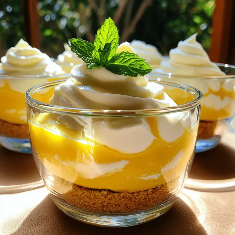 Here’s what you need to make this tasty lemon cheesecake mousse: - 8 oz (227g) cream cheese, softened - 1 cup powdered sugar - 1 tablespoon lemon zest - 1/4 cup fresh lemon juice - 1 teaspoon vanilla extract - 1 cup heavy whipping cream - 1/2 cup graham cracker crumbs - 2 tablespoons unsalted butter, melted - Fresh mint leaves for garnish Each ingredient brings its own flavor and texture to the dish. The cream cheese adds a smooth base. Powdered sugar gives sweetness, while lemon zest and juice add that bright, tangy taste. Vanilla extract rounds out the flavors nicely. Heavy whipping cream makes the mousse light and fluffy. Graham cracker crumbs and melted butter create a tasty crust. Finally, fresh mint leaves not only look great but also add a fresh aroma. This mix of flavors makes every bite delightful. You’ll love how simple it is to gather these ingredients, and the results? Simply delicious! Start by taking your softened cream cheese. Place it in a medium bowl. Beat it with an electric mixer until it is smooth and creamy. This step is key for a nice texture. Next, add the powdered sugar, lemon zest, fresh lemon juice, and vanilla extract. Mix everything until it is fully combined. You want it to be creamy and well-blended. This mixture brings that lovely lemon flavor into the mousse. In a separate bowl, pour in your heavy whipping cream. Use an electric mixer to whip it until you see stiff peaks. This usually takes about 3 to 5 minutes. Be patient and keep an eye on it. The whipped cream adds lightness to the mousse. Once you see those stiff peaks, stop mixing. We don’t want it to turn into butter. Now it’s time to build the layers! Take a small bowl and mix graham cracker crumbs with melted butter. Stir it until the crumbs are moistened. Spoon a layer of this mixture into your serving glasses. Next, add a layer of your lemon cheesecake mousse on top of the crumbs. Repeat these layers until your glasses are filled. Finish with the mousse on top for a beautiful look. Chill the mousse in the fridge for at least 2 hours. This lets the flavors meld together. Before serving, add fresh mint leaves on top for a pop of color and flavor. Enjoy your delightful creation! To get the right texture for your lemon cheesecake mousse, start with soft cream cheese. This makes it easy to mix. Beat it until smooth before adding other ingredients. When you whip the heavy cream, aim for stiff peaks. This keeps the mousse light and fluffy. Gently fold the whipped cream into the cream cheese mix. Use a spatula to keep the air in. If you mix too hard, the mousse will be dense. You can add extra flavor to your mousse. Try a bit more lemon zest for a stronger lemon taste. A splash of limoncello can add depth and richness. For a twist, mix in some fresh berries. Blueberries or raspberries pair well with lemon. You can also swap vanilla extract for almond extract if you want a different flavor. How you serve your mousse can make it special. Use clear glasses to show off the layers. Start with the graham cracker crust, then add the mousse. Finish with a dollop of whipped cream on top. Add fresh mint leaves for color and a fresh taste. For a fun touch, sprinkle a few graham cracker crumbs on top. This adds texture and looks nice. {{image_2}} You can swap out lemon for other citrus fruits. Try using lime or orange for a fun twist. Lime gives a zesty kick, while orange adds a sweet touch. Each fruit brings its unique flavor profile to the mousse. You can use the same amount of zest and juice as the recipe states for lemon. The classic graham cracker crust is easy and tasty. But you can change it up! Try using crushed cookies like Oreos or digestive biscuits. For a nutty flavor, use crushed almonds or pecans mixed with butter. This adds more depth to your dessert. Just remember to adjust the butter based on your crust type. You can make this mousse dairy-free with a few changes. Use vegan cream cheese instead of regular cream cheese. For the heavy cream, use coconut cream or a plant-based whipped cream alternative. This keeps the mousse creamy and delicious. Don't forget to check the labels to ensure everything is vegan-friendly. To store leftover lemon cheesecake mousse, place it in an airtight container. Make sure to cover the container tightly. This will help keep the mousse fresh and tasty. Store it in the fridge. It can last up to three days. If you want to enjoy it later, don't mix it with the crust until serving. You can freeze lemon cheesecake mousse if you want to keep it longer. First, spoon the mousse into a freezer-safe container. Leave some space at the top for expansion. Seal it tightly. This mousse can last up to two months in the freezer. When you are ready to eat it, thaw it in the fridge overnight. Avoid using the microwave, as it can change the texture. The best way to enjoy your lemon cheesecake mousse is fresh. It tastes best within the first three days. After that, the texture may change. If you store it properly, it can last longer than three days in the fridge. For the best taste and texture, eat it within that time frame. Always check for any off smells or changes in color before serving leftovers. You can use mascarpone cheese as a substitute for cream cheese. It has a rich taste and smooth texture. You may also try Greek yogurt for a lighter option. If you want a non-dairy choice, use silken tofu blended until smooth. Each option will change the flavor slightly, but they work well in this recipe. Yes, you can make this mousse ahead of time! I recommend preparing it the day before you plan to serve it. This allows the flavors to mix and become even more delicious. Just remember to store it in the fridge until you are ready to serve. The mousse will be set after chilling for at least 2 hours. When you gently touch the top, it should feel firm but still soft. If it jiggles too much, it needs more time in the fridge. Once it is set, it will hold its shape when you scoop it out. You learned how to make a tasty lemon cheesecake mousse. We discussed the key ingredients, like cream cheese and heavy cream, and how to prepare them step by step. I shared tips for the best texture and ideas for presentation. You also discovered ways to adjust the recipe for your taste and how to store leftovers. Enjoying this dessert can be simple and fun. Try new flavors and make it your own. Happy mousse-making!