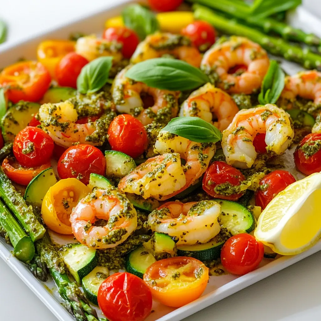 To make your Sheet-Pan Pesto Shrimp & Vegetables, gather these fresh and vibrant ingredients: - 1 lb large shrimp, peeled and deveined - 2 cups cherry tomatoes, halved - 1 medium zucchini, sliced into half moons - 1 bell pepper (any color), chopped - 1 cup asparagus, cut into 2-inch pieces - 1/4 cup pesto (store-bought or homemade) - 2 tablespoons olive oil - 2 cloves garlic, minced - Salt and pepper to taste - Fresh basil leaves, for garnish - Lemon wedges, for serving Each ingredient plays a key role. The large shrimp bring a sweet, tender bite. Cherry tomatoes add juicy bursts of flavor. Zucchini and bell pepper give a great crunch. Asparagus adds a nice touch and a pop of color. Pesto sauce is the star here. It coats everything in a rich, herby flavor. The olive oil helps everything roast nicely in the oven. Garlic adds a fragrant kick. Salt and pepper enhance all the tastes. Finally, fresh basil and lemon wedges add brightness to the dish. This mix of ingredients creates a colorful and tasty meal. You can feel good knowing you are using fresh, healthy foods. Plus, they all cook together on one sheet pan, making clean-up a breeze! Set your oven to 400°F (200°C). This high heat helps the shrimp cook quickly and evenly. Lining your baking sheet with parchment paper is key. It makes cleanup a breeze and keeps food from sticking. In a large mixing bowl, combine the shrimp, cherry tomatoes, zucchini, bell pepper, and asparagus. Drizzle olive oil and pesto over the mix. Add minced garlic, salt, and pepper to taste. Toss everything together until well coated. This step ensures each bite bursts with flavor. Spread the mixture evenly on your prepared baking sheet. Make sure everything is in a single layer. Bake in the oven for 12-15 minutes. The shrimp should turn pink and opaque, while the vegetables become tender. This is the perfect time to let your kitchen fill with delicious smells. To ensure your shrimp cook just right, use fresh shrimp. Look for shrimp that are firm and have a slight sheen. If you use frozen shrimp, thaw them completely. This helps them cook evenly. When choosing pesto, go for high-quality brands. You can also make your own. A great pesto has fresh basil, good olive oil, and nuts. This adds rich flavor to your dish. You can boost the flavor with some extra spices. Consider adding red pepper flakes for heat or smoked paprika for depth. Both spices work well with shrimp. For garnishes, fresh herbs like parsley or chives add a nice touch. You could also sprinkle some feta cheese on top for creaminess. Lemon zest is another option. It gives a fresh, bright flavor to the dish. {{image_2}} You can add more vegetables to this dish for extra flavor and nutrients. Some great options include: - Broccoli florets - Carrots, sliced thin - Snap peas - Cauliflower, cut into small pieces For harder vegetables, like carrots or cauliflower, cut them into smaller pieces. This helps them cook faster. You may need to add a few extra minutes to the baking time. Just make sure everything is tender before serving. If you want to switch up the protein, there are many great substitutes for shrimp. You can use: - Chicken breast, cut into bite-sized pieces - Tofu, diced into cubes - Scallops, for a seafood twist If you want a vegetarian or vegan dish, use tofu or chickpeas instead of shrimp. Both options soak up the pesto flavor well and add a nice texture. Adjust the cooking time as needed, especially if using chicken. Cook until it reaches a safe temperature of 165°F (74°C). Enjoy experimenting with these variations! To keep your leftover sheet-pan pesto shrimp and vegetables fresh, use airtight containers. Glass containers work well because they do not stain. You can also use plastic containers if they are BPA-free. Store your leftovers in the fridge for up to three days. This way, you can enjoy a quick meal later. When reheating, the best methods are the oven or microwave. For the oven, set it to 350°F (175°C). Place your leftovers on a baking sheet and cover with foil. Heat for about 10-15 minutes until warm. This keeps the shrimp and vegetables from getting too dry. If using a microwave, heat in short bursts of 30 seconds. Stir in between to avoid overcooking. Enjoy your delicious meal again! Yes, you can use frozen shrimp! Just make sure to thaw them first. Place the shrimp in a bowl of cold water for about 15 minutes. After thawing, pat them dry with a paper towel. This helps the shrimp absorb the flavors of the pesto better. You will know the shrimp are done when they turn pink and opaque. This usually takes around 12 to 15 minutes in the oven. Another tip is to check if they curl into a tight "C" shape. If they look firm and slightly shiny, they are ready to eat! Absolutely! Making your own pesto is easy and fun. Here are some tips for homemade pesto preparation: - Use fresh basil leaves for the best flavor. - Add 1/4 cup of nuts like pine nuts or walnuts for richness. - Blend in 1/2 cup of Parmesan cheese for a savory kick. - Drizzle in 1/2 cup of olive oil while blending to achieve a smooth texture. - Don't forget to season with salt and pepper to taste. Making pesto at home adds a personal touch to your dish! This recipe for pesto shrimp combines fresh ingredients and easy steps. You learned how to prepare shrimp and veggies, bake them, and add flavor. I shared tips on cooking and storing leftovers, plus alternatives for different diets. Pesto shrimp is versatile and makes a delicious meal. With simple changes, you can make it your own. Enjoy cooking this dish and experimenting with flavors!