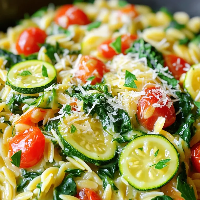 - 1 cup orzo pasta - 4 cups vegetable broth - 1 tablespoon olive oil - 4 cloves garlic, minced - 1 small onion, finely chopped - 1 cup spinach, chopped - 1 zucchini, diced - 1 cup cherry tomatoes, halved - 1 teaspoon dried thyme - 1/2 teaspoon black pepper - 1/2 cup heavy cream (or coconut cream for a dairy-free option) - Juice and zest of 1 lemon - 1/4 cup grated Parmesan cheese (optional, for garnish) - Fresh parsley, chopped (for garnish) I love using fresh ingredients for this dish. The orzo pasta gives a nice, chewy texture. The vegetable broth adds a rich base full of flavor. Olive oil brings a lovely aroma to the pot. Garlic and onion create a strong taste that fills the kitchen. Spinach is my favorite green to include. It cooks down nicely and adds color. Zucchini brings a mild sweetness and crunch. Cherry tomatoes burst with juice and sweetness, enhancing the dish. Dried thyme adds depth and earthiness. Black pepper offers a gentle heat. Use heavy cream for a rich finish, or coconut cream for a lighter option. Finally, lemon juice and zest brighten up every bite. Garnishing with Parmesan cheese and parsley gives a nice touch. Each ingredient plays a role in making this dish a creamy delight. 1. Heat 1 tablespoon of olive oil in a large pot over medium heat. 2. Add the finely chopped onion and sauté for 3-4 minutes. The onion should be soft and translucent. 3. Next, stir in 4 cloves of minced garlic. Cook for about 1 minute until it smells good. 4. Now, add 1 diced zucchini and 1 cup of halved cherry tomatoes. Cook these for 3-4 minutes. The veggies should start to soften. 5. Pour in 4 cups of vegetable broth and bring it to a boil. 6. Once boiling, add 1 cup of orzo pasta along with 1 teaspoon of dried thyme and 1/2 teaspoon of black pepper. 1. Reduce the heat to a simmer. Cook for 9-10 minutes, stirring often. The orzo should be tender and soak up most of the broth. 2. Stir in 1 cup of chopped spinach, 1/2 cup of heavy cream, and the juice and zest of 1 lemon. Mix it well. 3. Let it cook for 2 more minutes to heat everything through. 4. Taste your dish and adjust the seasoning if needed. 5. Serve hot, garnished with 1/4 cup of grated Parmesan cheese and some chopped parsley if you like. Enjoy your creamy garlic lemon orzo! Avoiding overcooking To keep orzo tender, watch the cooking time closely. Orzo cooks fast, about 9-10 minutes. Stir often to prevent sticking. If you cook it too long, it can turn mushy. So, taste it near the end. You want it al dente, with a firm bite. Ensuring creaminess To achieve that creamy texture, add the heavy cream at the right moment. After the orzo absorbs most of the broth, stir in the cream, lemon juice, and zest. This will make your dish rich and smooth. If you want a lighter version, use coconut cream. It gives a lovely taste, too. Additional herbs and seasonings For extra flavor, feel free to mix in herbs. Fresh basil or parsley adds brightness. You can also try dill for a unique twist. A pinch of red pepper flakes gives a nice kick. Experimenting with spices will make your dish truly yours. Garnish suggestions Garnishing makes your dish pop. Try adding grated Parmesan on top. It melts beautifully and adds saltiness. Fresh parsley offers color and freshness. For a fun touch, sprinkle some lemon zest just before serving. It brightens the dish and enhances the lemon flavor. {{image_2}} For a vegetarian twist, you can swap heavy cream. Try using coconut cream instead. It gives a rich taste without dairy. You can also add different veggies. Think bell peppers, asparagus, or even peas. These add color and flavor to your dish. More veggies make it more fun and healthy! If you want to add protein, chicken or shrimp work well. Cook the meat before adding the broth. This makes sure everything blends nicely. For a different approach, use beans or lentils. These options are great for plant-based diets. They add heartiness and keep the dish filling. To keep your One-Pot Creamy Garlic Lemon Orzo fresh, store it in an airtight container. Place it in the fridge. It stays good for about three days. If you want to keep it longer, freezing works well too. Divide the orzo into smaller portions. Use freezer-safe bags or containers. This way, you can enjoy it later. Your orzo will last in the freezer for up to three months. When it's time to eat your leftovers, reheating is key. You can use a microwave or a stove. If using a microwave, heat it in 30-second bursts. Stir in between to help it warm evenly. If you choose the stove, add a splash of broth or cream. This helps keep the dish creamy and moist. Heat it on low, stirring often. Enjoy your flavorful dish just as you did the first time! Can I use other pasta types? Yes, you can use other pasta types. Try small shapes like ditalini or tiny shells. Just adjust the cooking time. Check the package for timing. The goal is to get tender pasta. How can I make it dairy-free? To make this dish dairy-free, swap heavy cream for coconut cream. This gives a nice, creamy texture. You could also use a dairy-free cream alternative from the store. Just make sure it’s unsweetened. What can I serve with this dish? This orzo pairs well with a fresh salad. A simple green salad with vinaigrette works great. You can also serve it with grilled chicken or fish. This adds protein and makes a complete meal. This blog post shared a tasty recipe for one-pot creamy garlic lemon orzo. We covered ingredients like orzo, broth, and fresh veggies. You learned step-by-step how to cook it right. We discussed tips for avoiding overcooking and enhancing flavor. I also shared vegetarian options and how to store leftovers. Now, you can enjoy a simple, rich dish that is easy to make. Don't hesitate to experiment with flavors and ingredients to make it your own. Happy cooking!