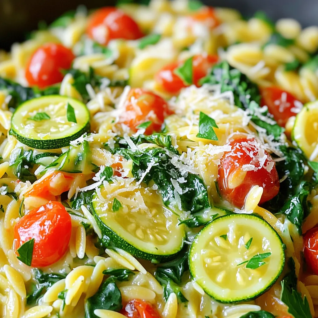 - 1 cup orzo pasta - 4 cups vegetable broth - 1 tablespoon olive oil - 4 cloves garlic, minced - 1 small onion, finely chopped - 1 cup spinach, chopped - 1 zucchini, diced - 1 cup cherry tomatoes, halved - 1 teaspoon dried thyme - 1/2 teaspoon black pepper - 1/2 cup heavy cream (or coconut cream for a dairy-free option) - Juice and zest of 1 lemon - 1/4 cup grated Parmesan cheese (optional, for garnish) - Fresh parsley, chopped (for garnish) I love using fresh ingredients for this dish. The orzo pasta gives a nice, chewy texture. The vegetable broth adds a rich base full of flavor. Olive oil brings a lovely aroma to the pot. Garlic and onion create a strong taste that fills the kitchen. Spinach is my favorite green to include. It cooks down nicely and adds color. Zucchini brings a mild sweetness and crunch. Cherry tomatoes burst with juice and sweetness, enhancing the dish. Dried thyme adds depth and earthiness. Black pepper offers a gentle heat. Use heavy cream for a rich finish, or coconut cream for a lighter option. Finally, lemon juice and zest brighten up every bite. Garnishing with Parmesan cheese and parsley gives a nice touch. Each ingredient plays a role in making this dish a creamy delight. 1. Heat 1 tablespoon of olive oil in a large pot over medium heat. 2. Add the finely chopped onion and sauté for 3-4 minutes. The onion should be soft and translucent. 3. Next, stir in 4 cloves of minced garlic. Cook for about 1 minute until it smells good. 4. Now, add 1 diced zucchini and 1 cup of halved cherry tomatoes. Cook these for 3-4 minutes. The veggies should start to soften. 5. Pour in 4 cups of vegetable broth and bring it to a boil. 6. Once boiling, add 1 cup of orzo pasta along with 1 teaspoon of dried thyme and 1/2 teaspoon of black pepper. 1. Reduce the heat to a simmer. Cook for 9-10 minutes, stirring often. The orzo should be tender and soak up most of the broth. 2. Stir in 1 cup of chopped spinach, 1/2 cup of heavy cream, and the juice and zest of 1 lemon. Mix it well. 3. Let it cook for 2 more minutes to heat everything through. 4. Taste your dish and adjust the seasoning if needed. 5. Serve hot, garnished with 1/4 cup of grated Parmesan cheese and some chopped parsley if you like. Enjoy your creamy garlic lemon orzo! Avoiding overcooking To keep orzo tender, watch the cooking time closely. Orzo cooks fast, about 9-10 minutes. Stir often to prevent sticking. If you cook it too long, it can turn mushy. So, taste it near the end. You want it al dente, with a firm bite. Ensuring creaminess To achieve that creamy texture, add the heavy cream at the right moment. After the orzo absorbs most of the broth, stir in the cream, lemon juice, and zest. This will make your dish rich and smooth. If you want a lighter version, use coconut cream. It gives a lovely taste, too. Additional herbs and seasonings For extra flavor, feel free to mix in herbs. Fresh basil or parsley adds brightness. You can also try dill for a unique twist. A pinch of red pepper flakes gives a nice kick. Experimenting with spices will make your dish truly yours. Garnish suggestions Garnishing makes your dish pop. Try adding grated Parmesan on top. It melts beautifully and adds saltiness. Fresh parsley offers color and freshness. For a fun touch, sprinkle some lemon zest just before serving. It brightens the dish and enhances the lemon flavor. {{image_2}} For a vegetarian twist, you can swap heavy cream. Try using coconut cream instead. It gives a rich taste without dairy. You can also add different veggies. Think bell peppers, asparagus, or even peas. These add color and flavor to your dish. More veggies make it more fun and healthy! If you want to add protein, chicken or shrimp work well. Cook the meat before adding the broth. This makes sure everything blends nicely. For a different approach, use beans or lentils. These options are great for plant-based diets. They add heartiness and keep the dish filling. To keep your One-Pot Creamy Garlic Lemon Orzo fresh, store it in an airtight container. Place it in the fridge. It stays good for about three days. If you want to keep it longer, freezing works well too. Divide the orzo into smaller portions. Use freezer-safe bags or containers. This way, you can enjoy it later. Your orzo will last in the freezer for up to three months. When it's time to eat your leftovers, reheating is key. You can use a microwave or a stove. If using a microwave, heat it in 30-second bursts. Stir in between to help it warm evenly. If you choose the stove, add a splash of broth or cream. This helps keep the dish creamy and moist. Heat it on low, stirring often. Enjoy your flavorful dish just as you did the first time! Can I use other pasta types? Yes, you can use other pasta types. Try small shapes like ditalini or tiny shells. Just adjust the cooking time. Check the package for timing. The goal is to get tender pasta. How can I make it dairy-free? To make this dish dairy-free, swap heavy cream for coconut cream. This gives a nice, creamy texture. You could also use a dairy-free cream alternative from the store. Just make sure it’s unsweetened. What can I serve with this dish? This orzo pairs well with a fresh salad. A simple green salad with vinaigrette works great. You can also serve it with grilled chicken or fish. This adds protein and makes a complete meal. This blog post shared a tasty recipe for one-pot creamy garlic lemon orzo. We covered ingredients like orzo, broth, and fresh veggies. You learned step-by-step how to cook it right. We discussed tips for avoiding overcooking and enhancing flavor. I also shared vegetarian options and how to store leftovers. Now, you can enjoy a simple, rich dish that is easy to make. Don't hesitate to experiment with flavors and ingredients to make it your own. Happy cooking!