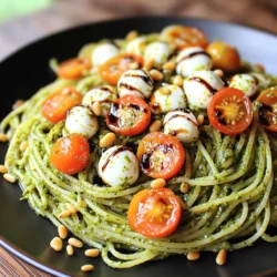 For this quick dish, gather these fresh ingredients: - 8 oz spaghetti or pasta of choice - 1 cup fresh basil leaves - ½ cup cherry tomatoes, halved - ½ cup mozzarella balls, halved - ¼ cup pine nuts - 2 garlic cloves, minced - ½ cup olive oil - Salt and pepper to taste - Balsamic glaze for drizzling (optional) These key ingredients create a tasty and vibrant meal. The fresh basil brings a bright flavor, while the mozzarella adds creaminess. The cherry tomatoes provide a sweet burst, and the pine nuts give a nice crunch. If you need substitutes, here are some ideas: - Use any pasta type like penne or fusilli. - Swap fresh basil with spinach or arugula. - For mozzarella, try feta or goat cheese. - Replace pine nuts with walnuts or sunflower seeds. - Use garlic powder if you don’t have fresh garlic. These swaps can still give you a delicious dish. Feel free to get creative based on what you have on hand. To make your dish even better, consider these garnishes: - Fresh basil leaves for a pop of color. - Grated Parmesan cheese for extra flavor. - Cracked black pepper for a spicy kick. - A drizzle of olive oil for richness. These options add flair and enhance the taste of your pasta. Enjoy customizing your plate! To start, fill a large pot with water. Add a good amount of salt to the water. Bring it to a boil over high heat. Once boiling, add 8 oz of spaghetti or your favorite pasta. Cook according to the package instructions until it is al dente. This usually takes about 8 to 10 minutes. Before draining, reserve ½ cup of pasta water. This water helps later on. After reserving, drain the pasta and set it aside. Now, let’s make the basil pesto. Grab a food processor and add 1 cup of fresh basil leaves, ¼ cup of pine nuts, and 2 minced garlic cloves. Add a pinch of salt to the mix. Pulse the ingredients a few times to chop them up. While the processor runs, slowly pour in ½ cup of olive oil. This helps blend everything smoothly. If the pesto is too thick, add some of the reserved pasta water until you get the right consistency. In a large mixing bowl, combine the hot pasta with the fresh basil pesto. Toss the pasta well to coat it evenly. If the pasta feels dry, add more of the reserved pasta water. Next, gently fold in ½ cup of halved cherry tomatoes and ½ cup of halved mozzarella balls. Season the dish with salt and pepper to your taste. Finally, plate the pasta and drizzle with balsamic glaze if you want an extra kick of flavor. Enjoy your delicious meal! To cook pasta just right, start with a large pot. Fill it with water and add a good amount of salt. This will add flavor to your pasta. Bring the water to a boil. Add your spaghetti and cook it according to the package instructions. Usually, it takes about 8 to 10 minutes. To check if it is done, taste a piece. It should be firm but not hard. Save half a cup of the water before you drain the pasta. This water can help later. Making pesto is simple, but you can boost its taste. Use fresh basil leaves for the best flavor. Pine nuts add a nice crunch. Toast the nuts in a pan for a few minutes to release oils. This step makes the pesto rich and tasty. When blending, slowly add olive oil. If the mix is too thick, use the reserved pasta water. This will make your pesto smooth and creamy. For a beautiful dish, serve the pasta in a large bowl. Add the halved cherry tomatoes and mozzarella balls on top. This gives a fresh look and taste. Drizzle balsamic glaze over the dish for an extra kick. It adds sweetness and tang. You can also serve the pasta with a side salad or garlic bread for a complete meal. Enjoy your tasty Minute Caprese Pesto Pasta! {{image_2}} If you want a gluten-free version of Minute Caprese Pesto Pasta, there are great options. Look for gluten-free spaghetti made from rice, quinoa, or chickpeas. These types of pasta cook well and taste good. Check the package for cooking times, as they may vary. This way, you can enjoy this dish without gluten. Want to add more protein? Grilled chicken or shrimp works well in this dish. You can also use chickpeas or white beans for a plant-based option. Simply cook them and mix them in with the pasta. This makes your meal more filling and nutritious. Plus, it adds a nice texture to the dish. Adding seasonal vegetables can brighten your pasta. Think about using zucchini, bell peppers, or spinach. You can sauté them lightly before mixing them in. Fresh corn or asparagus also adds a nice crunch. These veggies not only add color but also bring in fresh flavors. Choose what’s in season for the best taste and nutrition. To store your Minute Caprese Pesto Pasta, let it cool first. Place leftovers in an airtight container. Make sure to store it in the fridge. Leftovers stay fresh for up to three days. When you are ready to eat, take the pasta from the fridge. You can reheat it in the microwave. Place it in a bowl and cover it. Heat for about one to two minutes. Stir halfway through to warm it evenly. If it seems dry, add a splash of olive oil or water. You can also reheat it on the stove. Just add a little olive oil. Heat it over low heat until warm. You can freeze both the pesto and the pasta. To freeze the pesto, place it in ice cube trays. This way, you can take out just what you need. Cover the trays with plastic wrap and freeze. For pasta, let it cool. Place it in a freezer-safe bag or container. Remove as much air as possible. Freeze for up to three months. When ready to use, thaw overnight in the fridge. Yes, you can make this dish ahead of time. Cook the pasta and make the pesto in advance. Store both in airtight containers. Keep them in the fridge for up to three days. When you are ready to eat, mix them together and add the fresh ingredients. To stop pasta from sticking, stir it while it cooks. Use enough salted water in your pot. After draining, toss the pasta with a little olive oil. This keeps the strands separate and helps the sauce stick better. If you need a substitute for pine nuts, try walnuts or sunflower seeds. Both add a nice flavor to the pesto. You can also use cashews for a creamier texture. Just blend them as you would the pine nuts. Yes, this recipe is great for meal prep. You can pack the pasta and pesto in containers. Just keep the fresh tomatoes and mozzarella separate until you are ready to eat. This way, they stay fresh and tasty. In this post, we explored how to make Minute Caprese Pesto Pasta. We covered key ingredients, substitutes, and tasty garnishes. Step-by-step, you learned how to cook pasta and make pesto. Tips helped ensure perfect pasta and flavor boosts. We shared variations for gluten-free options, proteins, and veggies. Lastly, we discussed how to store leftovers and answered common questions. This recipe is fun, easy, and perfect for a quick meal. Enjoy your cooking!