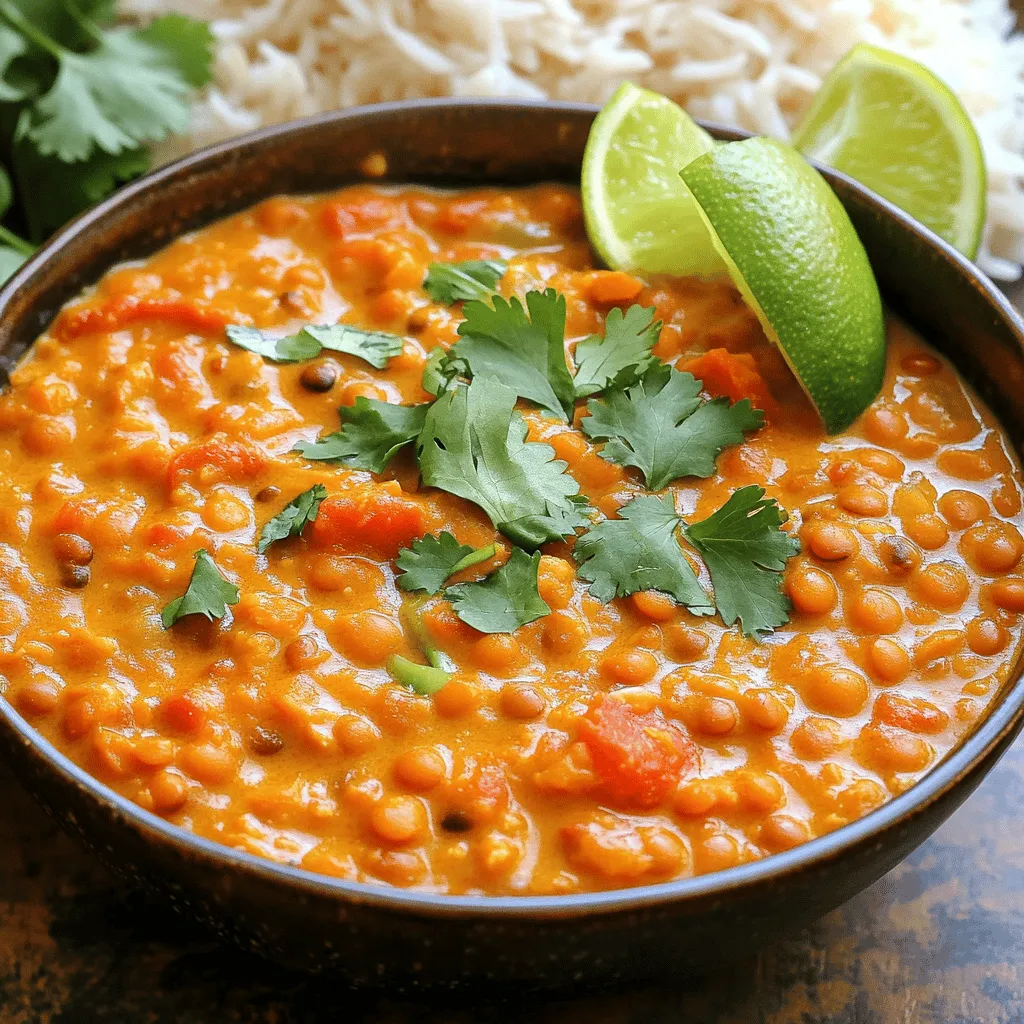 This creamy coconut lentil curry is a treasure of flavors. You need only a few simple items. Each ingredient plays a key role in the taste and texture. Let’s look closely at what you need. - 1 cup red lentils, rinsed - 1 can (14 oz) coconut milk - 2 cups vegetable broth - 1 can (14 oz) diced tomatoes - 2 tablespoons curry powder - 1 teaspoon ground cumin - 1 teaspoon turmeric - 1 teaspoon chili powder (adjust to taste) - Salt and pepper to taste - 1 tablespoon olive oil These pantry staples make the recipe easy. Red lentils are quick to cook and full of protein. Coconut milk adds a rich, creamy flavor. Each spice brings warmth and depth to the dish. - 1 medium onion, chopped - 3 garlic cloves, minced - 1-inch piece of ginger, grated - Fresh cilantro, chopped (for garnish) - Lime wedges (for serving) Fresh ingredients add brightness to the curry. Onions and garlic provide a great base flavor. Ginger offers a nice kick that blends well with the spices. Cilantro and lime give a fresh finish to each bowl. To start, gather all your ingredients. You will need: - 1 cup red lentils, rinsed - 1 can (14 oz) coconut milk - 2 cups vegetable broth - 1 medium onion, chopped - 3 garlic cloves, minced - 1-inch piece of ginger, grated - 1 can (14 oz) diced tomatoes - 2 tablespoons curry powder - 1 teaspoon ground cumin - 1 teaspoon turmeric - 1 teaspoon chili powder (adjust to taste) - Salt and pepper to taste - 1 tablespoon olive oil - Fresh cilantro, chopped (for garnish) - Lime wedges (for serving) Next, add the rinsed red lentils, coconut milk, and vegetable broth into your slow cooker. Then, toss in the chopped onion, minced garlic, grated ginger, and diced tomatoes. This mix forms a flavorful base for your curry. Now, sprinkle in the curry powder, ground cumin, turmeric, chili powder, salt, and pepper. Stir all the ingredients well to combine. This step is crucial for mixing the spices evenly throughout the dish. Drizzle the olive oil over the mixture to add extra richness. Cover the slow cooker with its lid. Set it to cook on low for about 6-8 hours or on high for 3-4 hours. The lentils should become tender, and the curry should take on a creamy texture. You can check the lentils for doneness as you approach the cooking end time. After cooking, taste your curry. Adjust the seasoning if needed. For a thicker consistency, use an immersion blender to blend a portion of the curry. This makes it creamier while keeping some lentils whole for texture. Serve the creamy coconut lentil curry hot. Garnish it with fresh cilantro and lime wedges. The lime adds a bright contrast that enhances the dish's flavors. Enjoy with fluffy basmati rice or warm naan for a complete meal. To make your creamy coconut lentil curry shine, use fresh spices. Fresh spices bring out the rich flavors of this dish. I like to toast the curry powder, cumin, and turmeric in a pan for a minute before adding them to the slow cooker. This simple step makes a big difference. Also, adjust the chili powder based on your taste. If you like heat, add more. If you prefer mild, use less. The key to a perfect curry is the right texture. After cooking, if your curry is too runny, blend a portion of it with an immersion blender. This will make it creamy while leaving some lentils whole. If it’s too thick, stir in a bit of vegetable broth or coconut milk until it reaches your desired thickness. Remember, the slow cooker can change the consistency over time, so check it before serving. Serve this curry hot in a deep bowl. A sprinkle of fresh cilantro on top adds a bright touch. Lime wedges on the side provide a zesty kick. This dish pairs well with fluffy basmati rice or warm naan. You can also serve it with a side salad for a fresh contrast. Enjoy the burst of flavors and textures in every bite! {{image_2}} You can make this creamy coconut lentil curry more colorful and nutritious by adding vegetables. Try adding diced carrots, bell peppers, or spinach. You can toss in chopped kale or sweet potatoes for added flavor. Just add them to the slow cooker at the start. They will cook down and blend well with the lentils and coconut milk. For an extra crunch, add peas in the last 30 minutes of cooking. If you want to add protein, you have choices. You can stir in cooked chicken, shrimp, or chickpeas. If you prefer a plant-based option, tofu works great too. Just cube the tofu and add it to the slow cooker. Make sure to adjust cooking times for any protein you add. Cooked chicken or shrimp can go in during the last hour. This way, they stay tender and juicy. To change the spice level, you can play with the chili powder. If you like it mild, use less. For a spicy kick, add more chili powder or even fresh chopped chilies. You might also consider using a pinch of cayenne pepper for added heat. Tasting during cooking helps you find the right balance. Adjust it to your liking as you go! You will love how easy it is to store leftovers. After you enjoy your creamy coconut lentil curry, let it cool down. Then, transfer it to an airtight container. It will stay fresh in the fridge for about 4 to 5 days. Just make sure to label the container, so you know when to eat it! If you want to save some for later, freezing works great! Use freezer-safe bags or containers. Portion the curry into smaller servings. This way, you can grab just what you need. It can last in the freezer for up to 3 months. When you are ready to eat, just thaw it in the fridge overnight. Reheating is simple and quick. You can use the microwave or the stove. For the microwave, place the curry in a bowl and cover it. Heat it in short bursts, stirring in between. On the stove, put it in a pan over low heat. Stir often until it is hot. If it seems thick, add a splash of vegetable broth or coconut milk. Enjoy your meal again! Yes, you can use other lentils. Green or brown lentils work well. They may take longer to cook. Red lentils cook faster and break down more. This gives a creamier texture. If you use green or brown lentils, check them often. They need about 30 minutes longer in the slow cooker. You can store the curry in the fridge for up to five days. Make sure to keep it in an airtight container. When you want to eat it, just reheat it on the stove or in the microwave. If it gets too thick, add a splash of broth or water. This curry pairs well with many foods. Fluffy basmati rice makes a great side. Warm naan is also a favorite choice. You can add a simple salad for extra crunch. Try serving with lime wedges for a fresh burst of flavor. Yes, this recipe is perfect for meal prep. It stores well and tastes better after a day. You can make a large batch on the weekend. Portion it out for lunches or dinners during the week. Just remember to store it properly for best taste. This article covered how to make creamy coconut lentil curry. We examined key ingredients, including pantry staples and fresh items. I shared easy steps to get your slow cooker ready and cook the dish to perfection. Tips for flavor, thickness, and serving ideas were also shared. You learned about variations using different vegetables and proteins. In the end, this recipe offers great options for any meal. Enjoy making and sharing it!