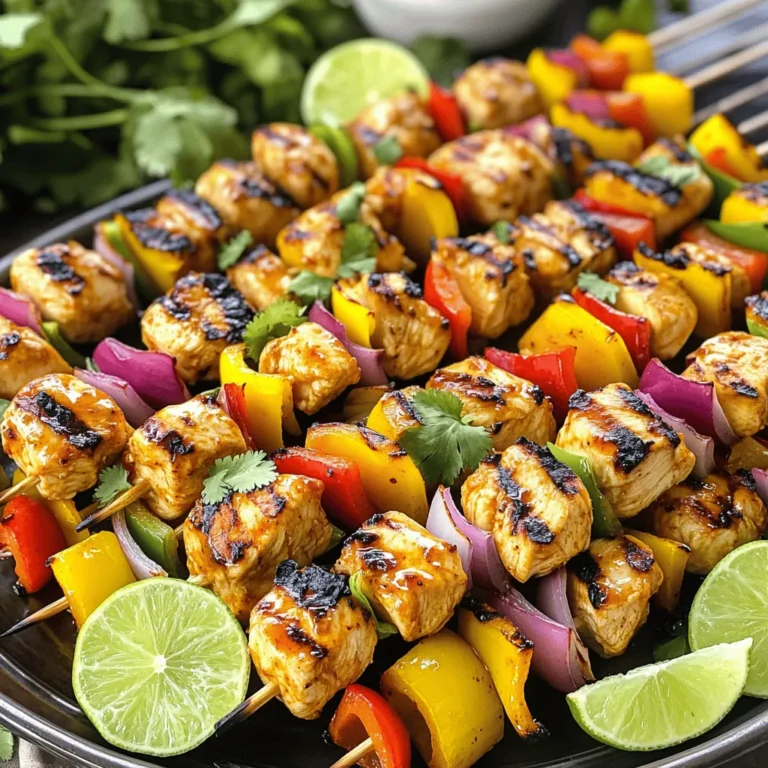 - Chicken and Marinade Components - 1 lb boneless, skinless chicken breasts, cut into 1-inch cubes - 1/4 cup sweet chili sauce - 2 tablespoons lime juice - 1 tablespoon soy sauce - 2 cloves garlic, minced - 1 teaspoon ground cumin - 1 teaspoon paprika - Salt and pepper to taste - Vegetables - 1 red bell pepper, cut into 1-inch pieces - 1 yellow bell pepper, cut into 1-inch pieces - 1 red onion, cut into wedges - Skewer Options - Wooden or metal skewers Gathering these ingredients is key for great kebabs. First, the chicken is the star. Use fresh boneless, skinless chicken breasts. Cut them into 1-inch pieces for even cooking. Next, we create a flavor-packed marinade. The sweet chili sauce adds a nice touch of sweetness. Lime juice gives a zesty kick. Soy sauce adds depth. Garlic, cumin, and paprika round out the flavor. Don’t forget salt and pepper for balance. For the veggies, I love using red and yellow bell peppers. They add color and sweetness. Red onion offers a nice bite. Cut them into 1-inch pieces to match the chicken. Lastly, choose your skewers. Wooden skewers are great but soak them in water. This stops them from burning on the grill. Metal skewers are a solid choice too, and they don’t need soaking. With these ingredients ready, you set the stage for delicious Sweet Chili Lime Grilled Chicken Kebabs. Start by making the marinade. In a large bowl, mix the sweet chili sauce, lime juice, soy sauce, minced garlic, ground cumin, paprika, salt, and pepper. Whisk it all together. This mix will give your chicken great flavor. Now, add the chicken cubes to the marinade. Make sure each piece gets coated well. Cover your bowl with plastic wrap. Let it sit in the fridge for 30 minutes. If you have time, let it marinate for up to 2 hours. This helps the chicken soak in the flavors. Next, prepare your skewers. If you use wooden ones, soak them in water for 30 minutes. This step stops them from burning on the grill. Thread the marinated chicken onto the skewers. Alternate between chicken, red bell pepper, yellow bell pepper, and red onion. This mix of colors makes your kebabs look great. Preheat your grill to medium-high heat. Place the kebabs on the hot grill. Grill them for 10-15 minutes. Turn them occasionally. This helps them cook evenly and get those nice grill marks. Use a meat thermometer to check the chicken. It should reach 165°F (75°C) inside. Once cooked, take the kebabs off the grill. Let them rest for a few minutes before serving. This keeps them juicy and tasty. To get perfectly cooked chicken, focus on even pieces. Cut your chicken into 1-inch cubes. This size helps them cook evenly on the grill. Always check the internal temperature. It should reach 165°F (75°C) to be safe to eat. Use a meat thermometer for best results. If you don't have one, look for clear juices. They should run clear, not pink. Marination is key for flavor. I suggest marinating the chicken for at least 30 minutes. This time allows the chicken to soak in the sweet chili lime flavor. If you have more time, marinate for up to 2 hours. This longer time will give you a richer taste. Avoid marinating longer than 2 hours, as the acid can change the chicken's texture. Skewers can be tricky if not handled right. If you use wooden skewers, soak them in water for 30 minutes. This step prevents them from burning on the grill. For metal skewers, you don't need to soak them. Be sure to alternate chicken and veggies on each skewer. This method not only looks nice but also helps cook everything evenly. Always handle hot skewers with care to avoid burns. {{image_2}} You can switch out chicken for other proteins. Shrimp works great with this marinade. Just remember to marinate for less time, about 15 to 30 minutes. Tofu is another option. Use firm tofu, and press it to remove extra water. Cut it into cubes and marinate just like the chicken. For a heartier choice, try beef. Use sirloin or tender cuts, and keep the marinade time similar to chicken. Feel free to mix up the vegetables. Zucchini and mushrooms bring a lovely taste. You can also add cherry tomatoes for a burst of flavor. Just cut them in half and add them to your skewers. Eggplant is another tasty choice. Slice it into thick pieces and marinate with the chicken. Don't be afraid to get creative with colors and types! Want to change how spicy your kebabs are? You can add more or less chili sauce. If you like it hot, include sliced jalapeños into the mix. If you prefer mild flavors, skip the chili sauce and use a sweeter sauce instead. You can also add a pinch of cayenne pepper to the marinade for a subtle kick, or leave it out for a more gentle taste. Adjust to your liking! After enjoying your kebabs, let them cool. Place the leftovers in an airtight container. Store them in the fridge. They will stay fresh for up to three days. To keep them tasty, try to eat them sooner. If you want to save your kebabs for later, freezing is a great option. Wrap each kebab in plastic wrap tightly. Then place them in a freezer-safe bag. This way, they can last up to three months in the freezer. Make sure to label the bag with the date. To reheat your kebabs, you can use the oven or microwave. For the oven, preheat it to 350°F (175°C). Place the kebabs on a baking sheet and cover them with foil. Heat for about 10-15 minutes until hot. If using a microwave, place a kebab on a plate. Heat in 30-second bursts until warm. Enjoy your tasty leftovers! Yes, you can use frozen chicken. Just remember to thaw it first. Thaw the chicken in the fridge overnight or use the microwave. Once thawed, cut it into cubes and proceed with the marinade. This recipe works best with fresh chicken, but frozen can still taste great! You have many tasty options! Here are some ideas: - Jasmine rice: It pairs well and soaks up extra sauce. - Fresh salad: A simple green salad adds crunch and color. - Grilled veggies: Zucchini and corn can add more flavor to your meal. - Flatbreads: Serve with warm pita or naan for a fun twist. These sides enhance your meal, making it more colorful and flavorful. You can easily make these kebabs in the oven! Here’s how: 1. Preheat your oven to 400°F (200°C). 2. Follow the marinade steps as usual. 3. Assemble the kebabs on skewers. 4. Place them on a baking sheet lined with foil. 5. Bake for 20-25 minutes, turning halfway through. 6. Check that the chicken reaches 165°F (75°C). Using the oven gives you great results, even without a grill! You learned how to make tasty and juicy Sweet Chili Lime Grilled Chicken Kebabs. We covered the right ingredients, marinating tips, and grilling steps. Use fresh veggies and safe skewer choices for the best results. Don't forget about fun variations and how to store leftovers. I hope these tips help you enjoy this dish again and again. Now grab your grill, and start cooking!