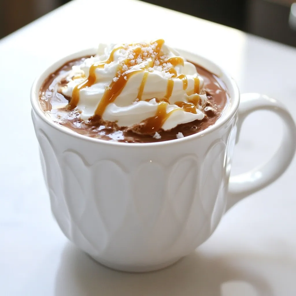 - 2 cups whole milk - 1 cup heavy cream - 6 oz dark chocolate - 1/2 cup caramel sauce - 1 teaspoon vanilla extract - 1/4 teaspoon sea salt - Whipped cream for topping - Additional caramel sauce for drizzling - Extra sea salt for garnish Gathering your ingredients is the first step to making this warm salted caramel hot chocolate. The blend of whole milk and heavy cream creates a rich base. Dark chocolate adds depth, while caramel sauce brings sweetness. Vanilla extract enhances the flavor, and sea salt balances everything with a touch of savory. You can also add more caramel sauce for drizzling. A sprinkle of extra sea salt on top makes each sip even better. Using high-quality dark chocolate will make a big difference in taste. I recommend using chocolate that has at least 60% cocoa for a deep flavor. Remember, the better your ingredients, the better your drink will be! Start by pouring 2 cups of whole milk and 1 cup of heavy cream into a medium saucepan. Stir gently over medium heat until you see small bubbles. This means it is close to simmering. Do not let it boil, as boiling can change the texture. Next, take 6 ounces of chopped dark chocolate and add it to the milk and cream mixture. Stir the mixture well. Keep stirring until the chocolate melts and blends smoothly. This creates a rich base for your hot chocolate. Now, pour in 1/2 cup of caramel sauce and add 1 teaspoon of vanilla extract. Whisk the mixture until it is velvety and well combined. This step adds sweetness and depth to your hot chocolate. Once your mixture is smooth, stir in 1/4 teaspoon of sea salt. Taste the hot chocolate and adjust the salt to your liking. It should have that perfect salted caramel flavor. Then, remove the saucepan from heat. Pour the hot chocolate into mugs. Top each mug with whipped cream and drizzle more caramel sauce on top. Finish by sprinkling a pinch of sea salt for that extra touch. Enjoy your warm salted caramel hot chocolate! You can make your hot chocolate sweeter by adding more caramel. Start with a little extra and stir it in. Taste as you go. This way, you can find the right level of sweetness. Try using different types of chocolate too. Dark chocolate gives a rich flavor. Milk chocolate adds sweetness. You may even mix both for a fun twist. Each type changes the taste in a unique way. To get the best salted caramel flavor, use about 1/4 teaspoon of sea salt. This adds a nice contrast to the sweetness. Taste your hot chocolate after stirring in the salt. If you want it saltier, add a pinch more. Adjust it to match your taste. Always remember that everyone’s taste is different. What’s perfect for you might not be for someone else. So, keep tasting until it’s just right for you. Pair your warm salted caramel hot chocolate with a tasty snack. Some great choices are popcorn, cookies, or even a slice of cake. These can make your treat even more special. For a cozy look, serve your hot chocolate in nice mugs. You can add a small caramel candy on the side. Use a fancy straw for fun. It makes the whole experience better. {{image_2}} To make this warm salted caramel hot chocolate dairy-free, you can switch to plant-based milk and cream. Almond, oat, or coconut milk work well. Use a rich option like full-fat coconut cream for a creamy texture. This keeps flavors bold and satisfying, just like the original recipe. Adding flavors can make your hot chocolate even more exciting. For a minty twist, mix in peppermint extract. You can also add hazelnut syrup for a nutty flavor. Just a tablespoon or two will enhance your drink without overpowering it. These tweaks bring new joy to each sip. When the weather warms up, you can enjoy an iced version of this treat. Prepare the hot chocolate as usual, then let it cool. Pour the mix over ice in a tall glass. Top with whipped cream and a drizzle of caramel sauce. Add a sprinkle of sea salt for that perfect salted touch. Enjoy this cool treat during sunny days! You can store Warm Salted Caramel Hot Chocolate in the fridge. It will last for up to three days. Make sure to keep it in an airtight container. This helps keep the flavors fresh. If you notice any separation, just stir it before enjoying. To reheat, pour the hot chocolate into a saucepan. Heat it over low heat. Stir gently to avoid burning. You can also use a microwave. Heat in 30-second bursts. Stir in between to keep it smooth. Avoid overheating to keep the perfect texture. You can freeze this hot chocolate for later. Pour it into freezer-safe containers. Leave some space at the top for expansion. When you want to enjoy it, take it out and thaw in the fridge overnight. To reheat, follow the same steps as above for best results. Yes, you can easily make this recipe vegan. To do this, you need to swap out the dairy. Use plant-based milk like almond, soy, or oat milk. For cream, coconut cream works great. Instead of dark chocolate, try using vegan chocolate chips. Make sure your caramel sauce is also dairy-free. There are many brands that offer vegan caramel. With these swaps, you still get a delicious salted caramel hot chocolate. Making caramel sauce at home is simple and fun. Start with sugar in a saucepan over medium heat. Stir the sugar as it melts to avoid burning. Once it turns golden brown, carefully add butter. Mix it in until melted. Then, slowly add heavy cream, stirring well. You can add a pinch of sea salt for flavor. Let it cool before using. You can store any leftover caramel in a jar! You can use milk chocolate, but the flavor will change. Milk chocolate is sweeter and creamier. It lacks the deep richness of dark chocolate. If you prefer a sweeter drink, milk chocolate works well. You might want to reduce the caramel sauce slightly to balance the sweetness. Experiment and see what you like best! This blog post covered how to make rich salted caramel hot chocolate. You learned about the required and optional ingredients, step-by-step instructions, and tips for customization. We also explored variations like dairy-free options, flavored versions, and serving suggestions. Incorporating these ideas can enhance your hot chocolate experience. Enjoy experimenting with flavors and textures! With just a few tweaks, you can make this treat your own. Stay cozy and happy sipping!