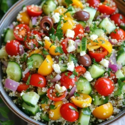 To make a tasty Mediterranean quinoa salad, gather these main ingredients: - 1 cup quinoa, rinsed - 2 cups vegetable broth or water - 1 cup cherry tomatoes, halved - 1 cucumber, diced - 1/2 red onion, finely chopped - 1 bell pepper (red or yellow), diced - 1 cup Kalamata olives, pitted and halved - 1 cup feta cheese, crumbled - 1/4 cup fresh parsley, chopped - 2 tablespoons olive oil - 1 tablespoon lemon juice - 1 teaspoon dried oregano - Salt and pepper to taste These ingredients bring bright colors and fresh flavors. The quinoa adds protein and fiber. Feta cheese gives a creamy taste, while veggies create crunch and nutrition. You can customize your salad with these optional toppings and garnishes: - Avocado slices - Chopped nuts, like almonds or walnuts - Fresh herbs, such as mint or basil - Extra lemon zest for brightness These extras can make your salad unique and even more delicious. You can mix and match based on what you enjoy. Each serving of this salad offers: - Calories: 290 - Protein: 10g - Carbohydrates: 30g - Fiber: 6g - Fat: 15g This salad is a healthy choice. It is packed with nutrition and great for any meal. Eating it brings many benefits, like energy and health. To start, take 1 cup of rinsed quinoa. Place it in a medium saucepan. Pour in 2 cups of vegetable broth or water. Bring this mixture to a boil on medium-high heat. Once boiling, reduce the heat to low. Cover the saucepan and let it simmer for about 15 minutes. The quinoa will absorb the liquid and become fluffy. When it's done, remove it from the heat and let it cool. While the quinoa cools, grab a large bowl. In it, add 1 cup of halved cherry tomatoes, 1 diced cucumber, and 1/2 finely chopped red onion. Next, toss in 1 diced bell pepper, 1 cup of halved Kalamata olives, and 1 cup of crumbled feta cheese. This mix gives a great blend of colors and flavors. For the dressing, take a small bowl. Whisk together 2 tablespoons of olive oil, 1 tablespoon of lemon juice, and 1 teaspoon of dried oregano. Add salt and pepper to taste. This dressing ties all the flavors together. Once the quinoa has cooled, add it to the large bowl with the veggies and feta. Drizzle the dressing over the salad. Toss gently until everything is combined. Taste the salad and adjust the seasoning if needed. Chill it in the fridge for at least 30 minutes. This helps the flavors meld beautifully. To cook quinoa well, rinse it first. This removes the bitter taste. Use a medium saucepan. Combine one cup of rinsed quinoa with two cups of vegetable broth or water. Bring it to a boil over medium-high heat. Then lower the heat, cover, and simmer for 15 minutes. The quinoa should be fluffy when done. Let it cool before mixing it into the salad. Taste is very important. I like to add salt and pepper to my quinoa salad. Start with a pinch of salt. Add a bit of pepper, too. You can also adjust the lemon juice. More lemon juice gives a fresh zing. Don’t forget the oregano! It adds a nice Mediterranean flavor. Keep tasting until you find what you love. Serving is key to enjoying your salad. You can use a large bowl to make it look inviting. For a personal touch, serve it in individual plates. Sprinkle extra feta on top for a pretty look. A sprig of parsley adds a nice pop of color, too. This makes the dish feel special and ready for guests. {{image_2}} You can boost the protein in your Mediterranean quinoa salad easily. Try adding grilled chicken or shrimp. You can also use chickpeas for a plant-based option. Just toss them in when mixing the salad. This addition makes the dish more filling and nutritious. This salad is naturally vegetarian. To make it vegan, swap the feta cheese for a vegan version. You can use tofu or a mix of nuts for added texture. These changes keep the flavor while fitting your diet needs. If you want to mix things up, try different dressings. A balsamic vinaigrette adds a sweet touch. A yogurt-based dressing provides creaminess. Experiment with your favorite flavors to find the perfect match. Dressing choices can change the whole vibe of your salad! Store your Mediterranean quinoa salad in an airtight container. It keeps well in the fridge for up to three days. Make sure to cover it tightly. This helps keep the salad fresh and tasty. If you notice any liquid, just stir it back in. You can freeze the quinoa salad if you want to save some for later. Use a freezer-safe container. It’s best to freeze it without the feta cheese. This cheese does not freeze well and can become crumbly. The salad can last in the freezer for up to three months. When ready to eat, thaw it in the fridge overnight. Reheat only the quinoa if you want to warm it up. You can microwave it for about one minute. Stir it halfway to heat evenly. If you want, add fresh lemon juice or olive oil after reheating. This keeps the flavors bright and fresh. Avoid reheating the entire salad, as it can lose its crunchy texture. Yes, you can use cooked quinoa. Just make sure it is cool. If using cooked quinoa, reduce the cooking time. You want to mix it with fresh veggies and feta. This makes the salad quick and easy. If you want to swap feta, try goat cheese or cottage cheese. Both add a nice flavor. You can also use vegan cheese for a dairy-free option. Just choose a cheese that crumbles well. This keeps the salad tasty and fresh. This salad stays good for about three to five days. Store it in an airtight container. The flavors will meld and taste even better over time. Just be sure to check for freshness before eating. This blog post shared how to make a tasty Mediterranean quinoa salad. We covered ingredients, step-by-step cooking, and fun variations. You learned tips for perfect quinoa and fresh dressings. Remember, you can add proteins or change the dressing to suit your taste. Store leftovers well and enjoy them later. This salad is a healthy choice for any meal. Keep it simple and enjoy every bite!
