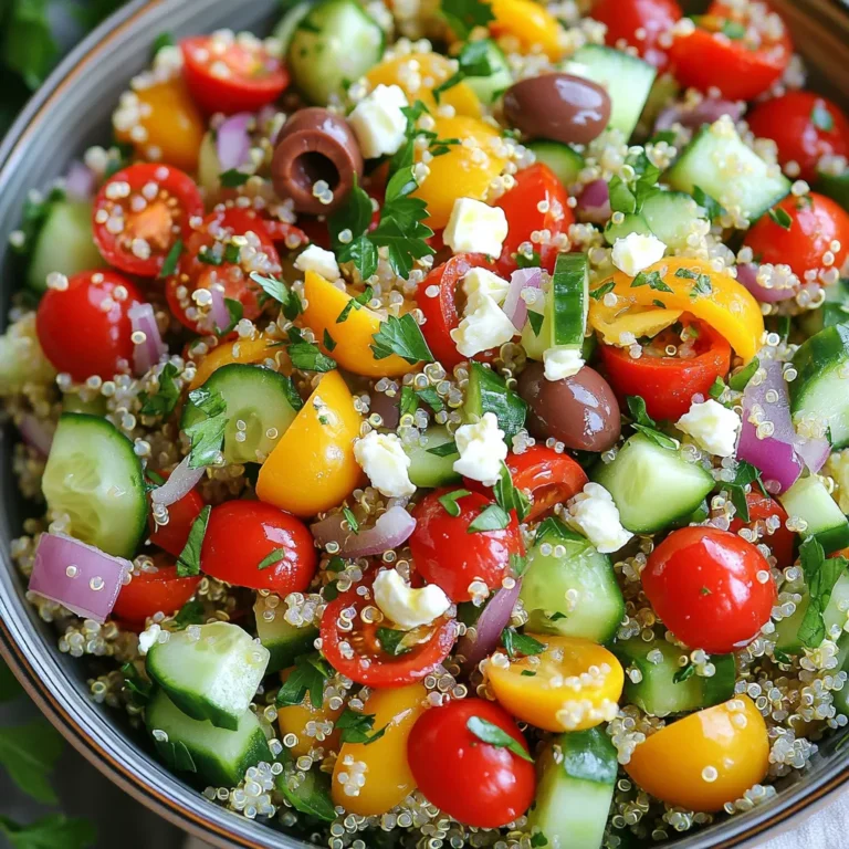 To make a tasty Mediterranean quinoa salad, gather these main ingredients: - 1 cup quinoa, rinsed - 2 cups vegetable broth or water - 1 cup cherry tomatoes, halved - 1 cucumber, diced - 1/2 red onion, finely chopped - 1 bell pepper (red or yellow), diced - 1 cup Kalamata olives, pitted and halved - 1 cup feta cheese, crumbled - 1/4 cup fresh parsley, chopped - 2 tablespoons olive oil - 1 tablespoon lemon juice - 1 teaspoon dried oregano - Salt and pepper to taste These ingredients bring bright colors and fresh flavors. The quinoa adds protein and fiber. Feta cheese gives a creamy taste, while veggies create crunch and nutrition. You can customize your salad with these optional toppings and garnishes: - Avocado slices - Chopped nuts, like almonds or walnuts - Fresh herbs, such as mint or basil - Extra lemon zest for brightness These extras can make your salad unique and even more delicious. You can mix and match based on what you enjoy. Each serving of this salad offers: - Calories: 290 - Protein: 10g - Carbohydrates: 30g - Fiber: 6g - Fat: 15g This salad is a healthy choice. It is packed with nutrition and great for any meal. Eating it brings many benefits, like energy and health. To start, take 1 cup of rinsed quinoa. Place it in a medium saucepan. Pour in 2 cups of vegetable broth or water. Bring this mixture to a boil on medium-high heat. Once boiling, reduce the heat to low. Cover the saucepan and let it simmer for about 15 minutes. The quinoa will absorb the liquid and become fluffy. When it's done, remove it from the heat and let it cool. While the quinoa cools, grab a large bowl. In it, add 1 cup of halved cherry tomatoes, 1 diced cucumber, and 1/2 finely chopped red onion. Next, toss in 1 diced bell pepper, 1 cup of halved Kalamata olives, and 1 cup of crumbled feta cheese. This mix gives a great blend of colors and flavors. For the dressing, take a small bowl. Whisk together 2 tablespoons of olive oil, 1 tablespoon of lemon juice, and 1 teaspoon of dried oregano. Add salt and pepper to taste. This dressing ties all the flavors together. Once the quinoa has cooled, add it to the large bowl with the veggies and feta. Drizzle the dressing over the salad. Toss gently until everything is combined. Taste the salad and adjust the seasoning if needed. Chill it in the fridge for at least 30 minutes. This helps the flavors meld beautifully. To cook quinoa well, rinse it first. This removes the bitter taste. Use a medium saucepan. Combine one cup of rinsed quinoa with two cups of vegetable broth or water. Bring it to a boil over medium-high heat. Then lower the heat, cover, and simmer for 15 minutes. The quinoa should be fluffy when done. Let it cool before mixing it into the salad. Taste is very important. I like to add salt and pepper to my quinoa salad. Start with a pinch of salt. Add a bit of pepper, too. You can also adjust the lemon juice. More lemon juice gives a fresh zing. Don’t forget the oregano! It adds a nice Mediterranean flavor. Keep tasting until you find what you love. Serving is key to enjoying your salad. You can use a large bowl to make it look inviting. For a personal touch, serve it in individual plates. Sprinkle extra feta on top for a pretty look. A sprig of parsley adds a nice pop of color, too. This makes the dish feel special and ready for guests. {{image_2}} You can boost the protein in your Mediterranean quinoa salad easily. Try adding grilled chicken or shrimp. You can also use chickpeas for a plant-based option. Just toss them in when mixing the salad. This addition makes the dish more filling and nutritious. This salad is naturally vegetarian. To make it vegan, swap the feta cheese for a vegan version. You can use tofu or a mix of nuts for added texture. These changes keep the flavor while fitting your diet needs. If you want to mix things up, try different dressings. A balsamic vinaigrette adds a sweet touch. A yogurt-based dressing provides creaminess. Experiment with your favorite flavors to find the perfect match. Dressing choices can change the whole vibe of your salad! Store your Mediterranean quinoa salad in an airtight container. It keeps well in the fridge for up to three days. Make sure to cover it tightly. This helps keep the salad fresh and tasty. If you notice any liquid, just stir it back in. You can freeze the quinoa salad if you want to save some for later. Use a freezer-safe container. It’s best to freeze it without the feta cheese. This cheese does not freeze well and can become crumbly. The salad can last in the freezer for up to three months. When ready to eat, thaw it in the fridge overnight. Reheat only the quinoa if you want to warm it up. You can microwave it for about one minute. Stir it halfway to heat evenly. If you want, add fresh lemon juice or olive oil after reheating. This keeps the flavors bright and fresh. Avoid reheating the entire salad, as it can lose its crunchy texture. Yes, you can use cooked quinoa. Just make sure it is cool. If using cooked quinoa, reduce the cooking time. You want to mix it with fresh veggies and feta. This makes the salad quick and easy. If you want to swap feta, try goat cheese or cottage cheese. Both add a nice flavor. You can also use vegan cheese for a dairy-free option. Just choose a cheese that crumbles well. This keeps the salad tasty and fresh. This salad stays good for about three to five days. Store it in an airtight container. The flavors will meld and taste even better over time. Just be sure to check for freshness before eating. This blog post shared how to make a tasty Mediterranean quinoa salad. We covered ingredients, step-by-step cooking, and fun variations. You learned tips for perfect quinoa and fresh dressings. Remember, you can add proteins or change the dressing to suit your taste. Store leftovers well and enjoy them later. This salad is a healthy choice for any meal. Keep it simple and enjoy every bite!