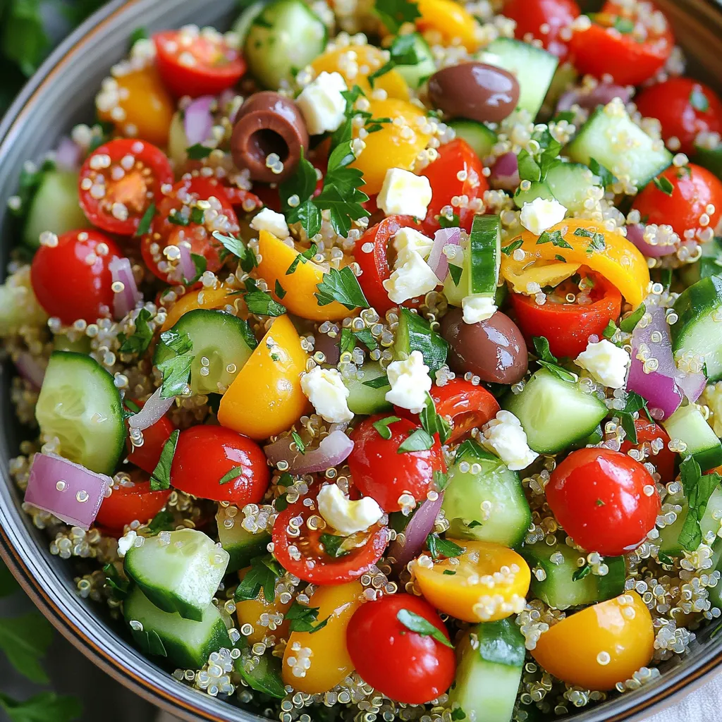 To make a tasty Mediterranean quinoa salad, gather these main ingredients: - 1 cup quinoa, rinsed - 2 cups vegetable broth or water - 1 cup cherry tomatoes, halved - 1 cucumber, diced - 1/2 red onion, finely chopped - 1 bell pepper (red or yellow), diced - 1 cup Kalamata olives, pitted and halved - 1 cup feta cheese, crumbled - 1/4 cup fresh parsley, chopped - 2 tablespoons olive oil - 1 tablespoon lemon juice - 1 teaspoon dried oregano - Salt and pepper to taste These ingredients bring bright colors and fresh flavors. The quinoa adds protein and fiber. Feta cheese gives a creamy taste, while veggies create crunch and nutrition. You can customize your salad with these optional toppings and garnishes: - Avocado slices - Chopped nuts, like almonds or walnuts - Fresh herbs, such as mint or basil - Extra lemon zest for brightness These extras can make your salad unique and even more delicious. You can mix and match based on what you enjoy. Each serving of this salad offers: - Calories: 290 - Protein: 10g - Carbohydrates: 30g - Fiber: 6g - Fat: 15g This salad is a healthy choice. It is packed with nutrition and great for any meal. Eating it brings many benefits, like energy and health. To start, take 1 cup of rinsed quinoa. Place it in a medium saucepan. Pour in 2 cups of vegetable broth or water. Bring this mixture to a boil on medium-high heat. Once boiling, reduce the heat to low. Cover the saucepan and let it simmer for about 15 minutes. The quinoa will absorb the liquid and become fluffy. When it's done, remove it from the heat and let it cool. While the quinoa cools, grab a large bowl. In it, add 1 cup of halved cherry tomatoes, 1 diced cucumber, and 1/2 finely chopped red onion. Next, toss in 1 diced bell pepper, 1 cup of halved Kalamata olives, and 1 cup of crumbled feta cheese. This mix gives a great blend of colors and flavors. For the dressing, take a small bowl. Whisk together 2 tablespoons of olive oil, 1 tablespoon of lemon juice, and 1 teaspoon of dried oregano. Add salt and pepper to taste. This dressing ties all the flavors together. Once the quinoa has cooled, add it to the large bowl with the veggies and feta. Drizzle the dressing over the salad. Toss gently until everything is combined. Taste the salad and adjust the seasoning if needed. Chill it in the fridge for at least 30 minutes. This helps the flavors meld beautifully. To cook quinoa well, rinse it first. This removes the bitter taste. Use a medium saucepan. Combine one cup of rinsed quinoa with two cups of vegetable broth or water. Bring it to a boil over medium-high heat. Then lower the heat, cover, and simmer for 15 minutes. The quinoa should be fluffy when done. Let it cool before mixing it into the salad. Taste is very important. I like to add salt and pepper to my quinoa salad. Start with a pinch of salt. Add a bit of pepper, too. You can also adjust the lemon juice. More lemon juice gives a fresh zing. Don’t forget the oregano! It adds a nice Mediterranean flavor. Keep tasting until you find what you love. Serving is key to enjoying your salad. You can use a large bowl to make it look inviting. For a personal touch, serve it in individual plates. Sprinkle extra feta on top for a pretty look. A sprig of parsley adds a nice pop of color, too. This makes the dish feel special and ready for guests. {{image_2}} You can boost the protein in your Mediterranean quinoa salad easily. Try adding grilled chicken or shrimp. You can also use chickpeas for a plant-based option. Just toss them in when mixing the salad. This addition makes the dish more filling and nutritious. This salad is naturally vegetarian. To make it vegan, swap the feta cheese for a vegan version. You can use tofu or a mix of nuts for added texture. These changes keep the flavor while fitting your diet needs. If you want to mix things up, try different dressings. A balsamic vinaigrette adds a sweet touch. A yogurt-based dressing provides creaminess. Experiment with your favorite flavors to find the perfect match. Dressing choices can change the whole vibe of your salad! Store your Mediterranean quinoa salad in an airtight container. It keeps well in the fridge for up to three days. Make sure to cover it tightly. This helps keep the salad fresh and tasty. If you notice any liquid, just stir it back in. You can freeze the quinoa salad if you want to save some for later. Use a freezer-safe container. It’s best to freeze it without the feta cheese. This cheese does not freeze well and can become crumbly. The salad can last in the freezer for up to three months. When ready to eat, thaw it in the fridge overnight. Reheat only the quinoa if you want to warm it up. You can microwave it for about one minute. Stir it halfway to heat evenly. If you want, add fresh lemon juice or olive oil after reheating. This keeps the flavors bright and fresh. Avoid reheating the entire salad, as it can lose its crunchy texture. Yes, you can use cooked quinoa. Just make sure it is cool. If using cooked quinoa, reduce the cooking time. You want to mix it with fresh veggies and feta. This makes the salad quick and easy. If you want to swap feta, try goat cheese or cottage cheese. Both add a nice flavor. You can also use vegan cheese for a dairy-free option. Just choose a cheese that crumbles well. This keeps the salad tasty and fresh. This salad stays good for about three to five days. Store it in an airtight container. The flavors will meld and taste even better over time. Just be sure to check for freshness before eating. This blog post shared how to make a tasty Mediterranean quinoa salad. We covered ingredients, step-by-step cooking, and fun variations. You learned tips for perfect quinoa and fresh dressings. Remember, you can add proteins or change the dressing to suit your taste. Store leftovers well and enjoy them later. This salad is a healthy choice for any meal. Keep it simple and enjoy every bite!