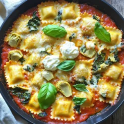 For this delicious One-Pan Creamy Spinach Artichoke Ravioli Bake, gather these key ingredients: - 12 oz fresh or frozen cheese ravioli - 1 cup fresh spinach, chopped - 1 cup canned artichoke hearts, drained and roughly chopped - 1 cup ricotta cheese - 1 cup mozzarella cheese, shredded - ½ cup Parmesan cheese, grated - 2 cups marinara sauce - 1 teaspoon garlic powder - ½ teaspoon onion powder - Salt and pepper to taste To add a fresh touch, consider these optional garnishes: - Fresh basil leaves These will enhance the dish's flavor and look great on the table. When buying ingredients, here are some helpful tips: - Ravioli: Look for fresh or frozen cheese ravioli at your local grocery store. Check the freezer section if fresh isn't available. - Spinach: Fresh spinach is best. If using frozen, ensure it's thawed and drained before adding. - Artichoke hearts: Canned artichokes are easy to find. Choose ones packed in water for less sodium. - Cheeses: Go for whole-fat ricotta, mozzarella, and Parmesan for the creamiest texture. - Marinara sauce: Choose a brand with natural ingredients, or make your own for richer flavors. These tips will help you select the best ingredients for your creamy bake. Enjoy the process! First, set your oven to 375°F (190°C). This is the perfect heat for baking. Next, grab a large oven-safe skillet. This will help all the flavors mix well. Now, pour the marinara sauce into the skillet. Heat it over medium heat. Add in the chopped spinach and artichokes. Then, sprinkle in the garlic powder, onion powder, salt, and pepper. Stir everything for about 2-3 minutes. You want the spinach to wilt a bit. Once that is done, gently fold in the ravioli. Make sure each piece is coated with the sauce. In a bowl, mix together the ricotta, half of the mozzarella, and half of the Parmesan cheese. Spoon dollops of this cheese mix evenly over the ravioli. This adds a creamy touch to your dish. Finally, sprinkle the rest of the mozzarella and Parmesan on top. Cover the skillet with a lid or aluminum foil. Place it in the oven and bake for 20 minutes. After that, take off the lid or foil. Bake for another 10-15 minutes until the cheese turns golden and bubbly. Be careful when you take it out! Let it sit for a couple of minutes to cool before serving. To make perfect ravioli, start with fresh or high-quality frozen ones. Cook the ravioli gently to avoid breaking them. Boil them in salted water for about 4-5 minutes. Test a piece to see if it’s firm yet soft. Drain them carefully. Add them straight to your sauce for the best flavor. Stir gently to coat without breaking. If you don't have ricotta cheese, try cottage cheese. Blend it until smooth for a similar texture. You can also mix cream cheese with a little milk. For mozzarella, use provolone or gouda for a different taste. If you’re lactose intolerant, look for dairy-free cheese options. These can work well in this dish too. One common mistake is overcooking the ravioli. This makes them mushy. Always check them a minute before the time is up. Another mistake is not seasoning the sauce enough. Taste it before you add the ravioli. Lastly, don’t skip the baking step. This melds the flavors and creates a nice golden crust. Enjoy the process and have fun! {{image_2}} This dish is already vegetarian, but you can enhance it. Add more veggies, like bell peppers or mushrooms. You can also use different types of cheese. Try goat cheese for a tangy twist. Fresh herbs like parsley or thyme can add a lovely flavor. For a gluten-free option, use gluten-free ravioli. Many stores offer these now. You can also make your own from scratch using gluten-free flour. Ensure your marinara sauce is gluten-free too. Check labels to avoid hidden gluten. Want to add protein? Cooked chicken, shrimp, or sausage work well. Just mix them in when you add the ravioli. You can also throw in other vegetables, like zucchini or kale. They add color and nutrients to your bake. To keep your One-Pan Creamy Spinach Artichoke Ravioli Bake fresh, store leftovers in an airtight container. Place it in the fridge within two hours of cooking. It will last for 3 to 4 days. When you’re ready to eat, check for any off smells or changes in texture. You can freeze this dish if you want to save some for later. Wait until the dish cools completely. Cut it into portions and wrap each piece in plastic wrap. Then, place the wrapped pieces in a freezer-safe bag. This can last up to 3 months in the freezer. Just remember to label the bag with the date. To reheat, you can use the oven or microwave. If using the oven, preheat it to 350°F (175°C). Place the ravioli bake in an oven-safe dish. Cover it with foil to keep it moist. Heat for about 20-25 minutes or until warm. If using a microwave, heat in short bursts, stirring in between. Make sure it’s hot all the way through before serving. Enjoy your meal! Yes, you can use frozen ravioli. Just make sure to add a few extra minutes to the cooking time. This helps them cook through nicely. Frozen ravioli is convenient and still tastes great. Just follow the same steps in the recipe, and you will enjoy a delicious meal. To make this dish healthier, try these tips: - Use whole wheat ravioli for extra fiber. - Add more fresh veggies like bell peppers or zucchini. - Swap out ricotta cheese for low-fat cottage cheese. - Use less cheese overall or choose reduced-fat cheese. These changes keep the flavors while making it lighter and more nutritious. If you need a substitute for ricotta cheese, try one of these: - Cottage cheese works well and gives a similar texture. - Cream cheese mixed with a bit of milk can also work. - Silken tofu is a great vegan option for a creamy texture. These options will keep your dish creamy and delicious. This blog post covered how to make ravioli from start to finish. We explored the key ingredients, step-by-step cooking instructions, and tips to get it just right. You learned about fun variations like vegetarian and gluten-free options. We also discussed storage tips for leftovers. Now, you have the tools to create a delicious dish. Enjoy experimenting with flavors. Remember, cooking is about having fun, so dive in and make it yours!