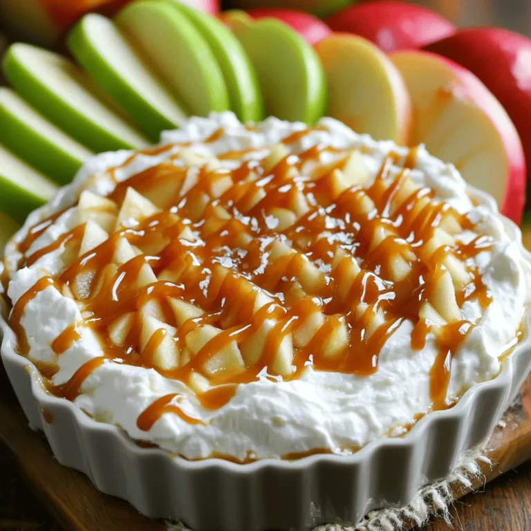 To make this delicious salted caramel apple dip, you need: - 3 medium-sized apples (like Granny Smith or Honeycrisp), cored and sliced - 1 cup caramel sauce (store-bought or homemade) - ½ teaspoon sea salt (plus extra for garnish) - 1 cup cream cheese, softened - ¼ cup powdered sugar - 1 teaspoon vanilla extract - ½ teaspoon cinnamon (optional, for a warm flavor twist) You can swap some ingredients to fit your taste. Try these: - Use different apple types, like Fuji or Gala, for varied sweetness. - For a lighter dip, use Greek yogurt instead of cream cheese. - Replace caramel sauce with chocolate sauce for a fun twist. - Use maple syrup instead of powdered sugar for a natural touch. Choosing the right apples is key for this dip. Here are my tips: - Look for apples that are firm and free from bruises. - Choose a mix of tart and sweet apples for balance. - Granny Smith apples give a nice tartness that pairs well. - Honeycrisp apples add a crisp texture and sweetness. - Freshness matters; the best apples will taste great in your dip! Start by taking your cream cheese out. Let it sit at room temp for ten minutes. This helps it get soft. In a medium bowl, use an electric mixer. Beat the cream cheese until it is smooth and creamy. Add the powdered sugar, vanilla extract, and cinnamon if you want a warm flavor. Mix well until fluffy. Scrape the sides of the bowl to combine all the ingredients. The cream cheese mixture should be light and ready for the next step. In a separate bowl, pour your caramel sauce. You can use store-bought or homemade. Add the sea salt to the caramel. Stir gently until the salt dissolves. This step adds that nice salty flavor. Remember to save a little caramel for later. You will drizzle it on top of the dip for a special touch. Now it is time to create the dip. Take a shallow serving dish. Spread the cream cheese mixture evenly on the bottom. This will be the base of your dip. Next, spoon the salted caramel sauce over the cream cheese layer. Spread it lightly to cover the cream cheese. Arrange your apple slices around the dip. This makes your dish look nice and inviting. Finally, drizzle the reserved caramel sauce on top. Sprinkle a bit of extra sea salt for garnish. Serve it right away with the apple slices for dipping! To get the best dip, start with softened cream cheese. Cold cream cheese is hard to mix. Leave it out for about 30 minutes before mixing. Use an electric mixer to beat it until smooth. This makes the dip creamy and fluffy. Remember to scrape the bowl’s sides. This ensures all the cream cheese blends well. You can serve this dip in many fun ways. Arrange apple slices around the dip for a pretty look. Use different apple types like Granny Smith or Honeycrisp for taste. You can also add graham crackers for crunch. For a sweet twist, use pretzel sticks to dip. A sprinkle of nuts on top gives added texture, too. Making this dip ahead of time is easy and smart. Prepare the cream cheese mix and store it in the fridge. Mix the caramel sauce but keep it separate. This keeps the dip fresh and tasty. When you are ready to serve, layer them and add apple slices. This way, the dip stays creamy and the apples don’t brown. {{image_2}} You can make this dip even more fun! Add some flavor to it. Try mixing in a bit of peanut butter for a nutty taste. You can also use almond extract instead of vanilla. A hint of orange zest gives a fresh twist. For chocolate lovers, drizzle some melted chocolate over the caramel for a sweet touch. Making this dip gluten-free is easy. Just check your caramel sauce label. Most are gluten-free, but some might contain gluten. For a vegan version, use vegan cream cheese and coconut caramel. This way, everyone can enjoy the dip without worry. Fall is a great time for flavors! Add some pumpkin spice to the cream cheese mix. You can also mix in chopped nuts, like pecans or walnuts, for crunch. Dried cranberries can bring a nice tartness to the dip. These seasonal touches make the dip even more festive! To store leftovers, place the dip in a container with a tight lid. You want to keep air out to avoid drying. If you can, cover the dip with plastic wrap before sealing the lid. This helps keep it fresh. I suggest using glass or plastic containers. Glass containers are great because they do not stain. They also do not hold odors. If you prefer plastic, choose BPA-free options. Make sure the container can hold the dip without spilling. Your salted caramel apple dip will last about 3 to 5 days in the fridge. After that, the quality may decline. Check for any changes in smell or texture before eating. If you notice anything off, it’s best to toss it. Yes, you can use homemade caramel sauce. Making your own adds a personal touch. Just be sure it’s thick enough to hold up when you layer it in the dip. Homemade sauce often tastes richer and can be adjusted to your liking. You can control the sweetness and saltiness. If you want, I have a quick recipe for caramel sauce that takes about 20 minutes. You have many great options for apples. I recommend using crisp varieties like Granny Smith or Honeycrisp. These apples have a nice tartness that balances the sweet flavors. Their crunch adds a great texture to the dip. Other good choices include Fuji or Gala apples, which offer a sweeter taste. You can mix different types for a fun twist! To make this dip healthier, swap cream cheese for Greek yogurt. This change lowers fat and adds protein. You can reduce the amount of powdered sugar or use a natural sweetener like honey. Also, you can skip the caramel sauce entirely or use less. Adding chopped nuts or a sprinkle of oats gives extra flavor and crunch. Stick with fresh fruits for dipping to keep it light and fun! You learned how to make a tasty caramel apple dip. We covered key ingredients, simple steps, and helpful tips. Remember to choose the best apples for flavor. Try different flavor additions to keep things exciting. Store leftovers properly to enjoy them later. This dip can impress at any gathering. Now, grab your apples and get started—your friends will love it!
