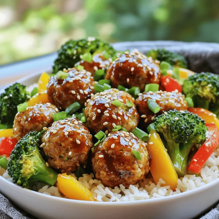 - 1 pound ground chicken or turkey - 1/2 cup breadcrumbs - 1/4 cup green onions, finely chopped - 2 cloves garlic, minced - 1 tablespoon ginger, grated - 1/4 cup soy sauce (low-sodium) - 1/4 cup teriyaki sauce - 1 tablespoon sesame oil - 2 cups broccoli florets - 2 bell peppers (red and yellow), sliced - 2 cups cooked jasmine rice - Sesame seeds - Additional green onions for garnish The stars of this dish are the main ingredients. Ground chicken or turkey brings lean protein to the table. You can use either meat; they both work well. Breadcrumbs help bind the meatballs. They keep them from falling apart while cooking. Green onions add a nice crunch and fresh taste. Garlic and ginger bring depth and warmth to the flavor. The additional ingredients play a big role too. Low-sodium soy sauce gives a savory, umami kick. Teriyaki sauce adds sweetness and richness. Sesame oil adds a nutty flavor that elevates the meatballs. Broccoli florets and bell peppers round out the meal with color and nutrients. Finally, garnishes make the dish shine. Cooked jasmine rice provides a fluffy base. Sesame seeds add a nice crunch. Extra green onions on top give a fresh bite. Each ingredient plays a part in making this meal delicious and fun to eat. First, set your oven to 400°F (200°C). This high heat helps cook the meatballs and veggies fast. Use parchment paper to line the sheet pan. This makes cleanup easy. In a large bowl, mix the following items well: - 1 pound ground chicken or turkey - 1/2 cup breadcrumbs - 1/4 cup finely chopped green onions - 2 cloves minced garlic - 1 tablespoon grated ginger - 1 large egg - 1/4 cup low-sodium soy sauce - 1 tablespoon sesame oil Make sure everything blends nicely. You want a sticky but firm mixture. Now, shape the mixture into small balls, about 1 inch in size. Place them evenly on the sheet pan. Make sure not to crowd them. This helps them cook evenly and get a nice brown color. In another bowl, toss these veggies: - 2 cups broccoli florets - 2 sliced bell peppers (red and yellow) Add a drizzle of olive oil, salt, and pepper. Mix well. Arrange the veggies around the meatballs on the pan. They will roast and soak up the meatball flavors. In a small saucepan, mix 1/4 cup teriyaki sauce with about 2 tablespoons of water. Heat it on medium until warm. This glaze adds a sweet and savory touch to the dish. To serve, put cooked jasmine rice in bowls. Top the rice with the meatballs and vegetables. Drizzle the warm teriyaki glaze over everything. For a fun touch, sprinkle sesame seeds and extra green onions on top. Enjoy your meal! The key to great meatballs is texture and flavor. Start with ground chicken or turkey. They keep the meatballs light and juicy. Combine them with breadcrumbs, green onions, garlic, ginger, and an egg. Mix well but don't overwork the meat. Shape the meatballs to about one inch wide. This size cooks evenly and stays tender. Bake at 400°F for 20-25 minutes. They should be golden brown and cooked through. Choose fresh vegetables for the best taste. I love using broccoli and bell peppers. Chop the broccoli into small florets. Slice the bell peppers into strips. Toss them in olive oil, salt, and pepper. This adds flavor and helps them roast well. Spread them around the meatballs on the pan. This way, they cook together and soak up the meatball juices. You can customize the teriyaki glaze to suit your taste. If you want a sweeter sauce, add more teriyaki sauce or honey. For some heat, mix in a bit of sriracha or red pepper flakes. You can also use low-sodium soy sauce for less salt. If you like a thicker glaze, let it simmer longer in the pan. This adds richness to your dish and makes it even more delicious. {{image_2}} You can switch up the protein in your teriyaki meatball bowls. Here are some great options: - Ground beef: This adds a rich flavor. - Pork: Ground pork gives a juicy texture. - Tofu: Crumbled tofu is perfect for a vegetarian dish. - Lentils: Cooked lentils can make a hearty meatball. Feel free to mix and match these proteins. Each choice brings its own taste and texture. The base of your bowl can also change. Here are some tasty grains to consider: - Brown rice: This adds a nutty flavor and extra fiber. - Quinoa: A protein-rich choice that cooks quickly. - Cauliflower rice: A low-carb alternative that’s light and fluffy. - Sushi rice: For a stickier, sweeter bite. Using different grains not only changes the taste but also the nutrition of your meal. To make your teriyaki meatball bowls even better, try these flavor boosts: - Garlic powder: Adds a punch of flavor. - Red pepper flakes: Perfect for some heat. - Honey or maple syrup: A touch of sweetness balances the saltiness. - Chili sauce: For a spicy kick, drizzle it over the top. Mixing in these extras can elevate your dish and make it even more exciting. To keep your teriyaki meatball bowls fresh, store them in airtight containers. Allow the dish to cool before sealing it. You can refrigerate the leftovers for up to four days. If you want to save them longer, freeze the meatballs and veggies in freezer-safe bags. Squeeze out as much air as possible. This way, your meal stays tasty for up to three months. To reheat, use the microwave or oven. If using a microwave, place the meatballs and veggies in a bowl. Cover them with a damp paper towel. Heat them in short bursts, stirring in between. For the oven, preheat to 350°F (175°C). Place the leftovers on a baking sheet and warm for about 10-15 minutes. This keeps them juicy and flavorful. You can safely eat refrigerated leftovers for about four days. If you freeze the meatballs, check the date. After three months, they may lose taste and texture. Always check for any off smells or changes in color before eating. If in doubt, it's best to throw it out. You can skip the breadcrumbs in your meatballs. Use oats or ground nuts instead. Both options work well. For a gluten-free choice, use crushed rice cereal or almond flour. They help bind the meat without adding gluten. Yes, store-bought teriyaki sauce is a great time-saver. Look for a low-sodium option to cut down on salt. This will keep your dish lighter. Just warm it up before serving. It adds flavor without extra steps. You can use many veggies in this dish. Try snap peas, carrots, or zucchini. They all roast well and add crunch. Just cut them into similar sizes for even cooking. Feel free to mix and match your favorites! To add spice, mix in some red pepper flakes or sriracha. You can also use spicy teriyaki sauce if you like heat. For a fresh kick, add sliced jalapeños on top before serving. Adjust the spice to fit your taste! This blog post details a tasty meatball dish with fresh ingredients, simple steps, and helpful tips. You learned how to prepare the meatball mixture, bake vegetables, and make teriyaki glaze. I shared storage tips for keeping your leftovers tasty and safe. Remember, this dish is flexible. Feel free to try different proteins, grains, and flavors. Enjoy experimenting with your ingredients and customizing your meal. With this guide, you can create a satisfying dish that's easy to make and fun to share.