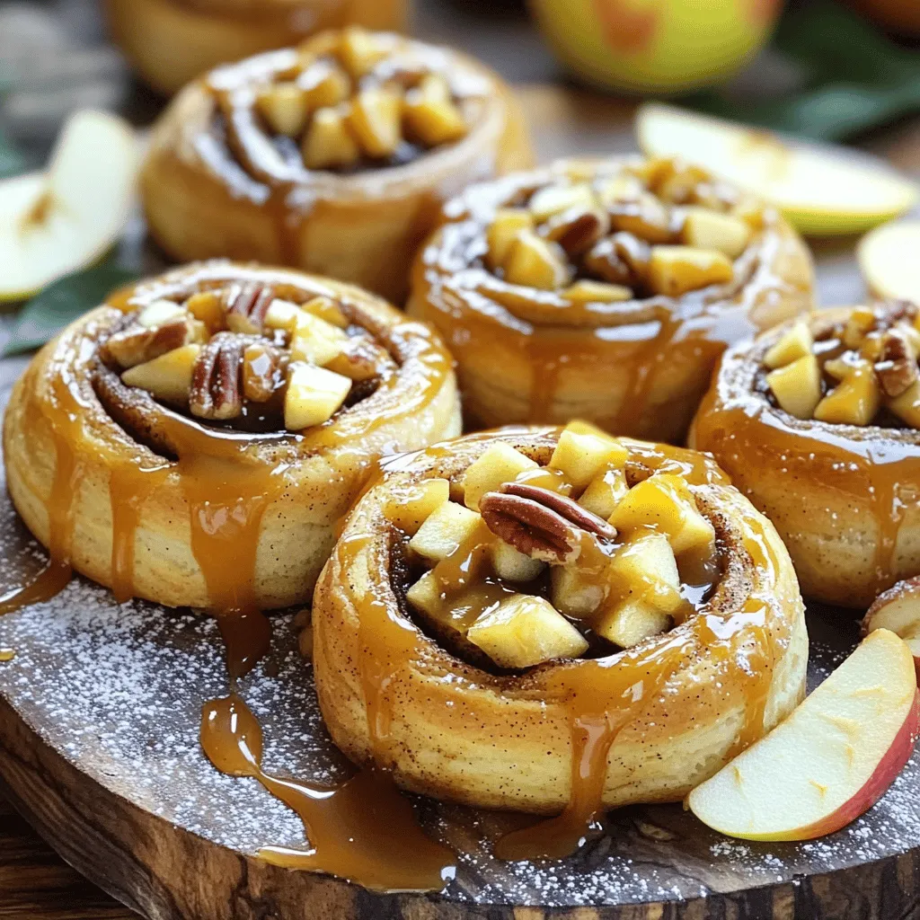 To make these delightful caramel apple cinnamon rolls, you'll need the following ingredients: - 2 cups all-purpose flour - 1/4 cup granulated sugar - 1 packet (2 1/4 tsp) instant yeast - 1/2 tsp salt - 1/4 cup warm milk - 1/4 cup melted unsalted butter - 1 large egg - 1 tsp vanilla extract - 1 tsp ground cinnamon - 1 large apple (peeled, cored, and diced) - 1/2 cup chopped pecans (optional) - 1/2 cup brown sugar - 1/4 cup caramel sauce (plus extra for drizzling) Each ingredient plays a key role in creating flavors and textures. The all-purpose flour gives the rolls their structure. Sugar and brown sugar add sweetness and depth. Instant yeast helps the dough rise quickly. Warm milk and melted butter create a soft, rich dough. The egg binds everything together, while vanilla and cinnamon enhance the flavor. Apples and pecans add crunch and freshness, making these rolls irresistible. The caramel sauce is the star, giving a sweet finish. With these ingredients ready, you will make a treat that warms the heart and home. To start, take a mixing bowl. Combine warm milk, melted butter, sugar, yeast, and egg. Whisk everything together until it mixes well. Next, gradually add in the flour, salt, and ground cinnamon. Stir until a soft dough forms. Now, place the dough on a floured surface. Knead it for about 5 to 7 minutes. You want it to feel smooth and elastic. After kneading, put the dough in a lightly greased bowl and cover it. Let it rise in a warm spot for about one hour. It should double in size. Once the dough has risen, punch it down gently. Roll it out into a rectangle about 12 by 18 inches. Spread the brown sugar evenly over the dough. Then, add the diced apple and chopped pecans. Drizzle caramel sauce on top. Starting from one long edge, tightly roll the dough into a log. Pinch the edges to seal it well. Cut the log into 12 equal pieces. Place these pieces in a greased baking dish. Cover the rolls and let them rise again for about 30 minutes. Meanwhile, preheat your oven to 350°F (175°C). Once ready, bake the rolls for 25 to 30 minutes. They should be golden brown when done. Drizzle any leftover caramel sauce over the warm rolls before serving. To get a soft and elastic dough, follow these tips: - Use warm milk and melted butter. This helps the yeast grow. - Knead the dough for about 5-7 minutes. It should feel smooth. - Let the dough rise in a warm spot. Cover it with a damp cloth. Warming the milk and butter is key. Cold ingredients slow down yeast. Warm milk helps activate the yeast faster, leading to fluffy rolls. You can make your own caramel sauce at home. Here’s a simple way: - Melt 1 cup of sugar in a pan over low heat. - Stir until it turns golden brown. - Carefully add 1/2 cup of heavy cream and stir. If you’re short on time, store-bought caramel works well too. Look for a brand with simple ingredients for the best taste. Both options can add a sweet touch to your rolls. To serve these rolls, presentation matters. Here are some tips: - Place the rolls on a rustic wooden board. - Drizzle extra caramel sauce over the warm rolls. - Add a sprinkle of powdered sugar for flair. You can also pair these rolls with warm apple cider or a scoop of vanilla ice cream. This adds a delightful twist and enhances the flavors of the rolls. {{image_2}} You can make these rolls even more exciting with different flavors. Try adding other fruits. Pears or berries work great. They bring a fresh twist to the rolls. You can also toss in chocolate chips or nuts. Pecans give a nice crunch, but walnuts or almonds are great too. The mix of flavors makes each bite special. If you need a gluten-free version, it's easy to adapt. You can swap all-purpose flour for gluten-free flour. Just check that the blend works well for baking. You might need to adjust other ingredients too. For example, use a bit more liquid if the dough feels dry. This way, everyone can enjoy these tasty rolls. Seasonal ingredients can add fun flair to your rolls. In fall, try adding pumpkin spice or cranberries. For winter, you can use peppermint or orange zest. These flavors can make your rolls festive for the holidays. You can also decorate the rolls with sprinkles or colored icing for a special touch. This makes them perfect for any celebration. To keep your caramel apple cinnamon rolls fresh, store them properly. The best way is to use an airtight container. This keeps the rolls soft and moist. Let the rolls cool completely before storing. If you put warm rolls in a container, they may become soggy. You can keep them at room temperature for up to three days. For longer storage, consider refrigeration. Freezing these rolls is easy. You can freeze both unbaked and baked rolls. To freeze unbaked rolls: 1. After cutting the rolls, place them on a baking sheet. 2. Cover with plastic wrap and freeze for about 1 hour. 3. Once frozen, transfer them to a freezer bag. To freeze baked rolls: 1. Let the rolls cool completely. 2. Wrap each roll in plastic wrap. 3. Place the wrapped rolls in a freezer bag. For reheating, you can bake frozen unbaked rolls directly. Preheat your oven to 350°F (175°C). Bake for about 25-30 minutes. If you freeze baked rolls, reheat them in the oven at 350°F (175°C) for about 10-15 minutes. This warms them up while keeping them soft. Enjoy your sweet treat any time! Yes, you can use many types of apples. Sweet apples like Fuji or Honeycrisp work well. Tart apples like Granny Smith add a nice contrast. Each type gives a different flavor, so choose what you like best. These cinnamon rolls stay fresh for about 2 to 3 days at room temperature. Keep them in an airtight container. You can also refrigerate them for up to a week. Just warm them in the microwave before serving. You can make the dough ahead and let it rise. After it rises, punch it down and wrap it tightly. Store it in the fridge for up to 24 hours. When ready, let it come to room temperature before rolling. If you don’t have instant yeast, you can use active dry yeast. Use the same amount, but dissolve it in warm milk first. Let it sit for about 5-10 minutes until bubbly. Then, mix it with other ingredients. Yes, you can easily make this recipe dairy-free. Use almond milk or oat milk instead of regular milk. Switch out the butter for a plant-based alternative. This keeps the rolls soft and tasty without dairy. This blog covered how to make delicious cinnamon rolls from scratch. You learned about the ingredients, step-by-step instructions, and helpful tips. I also shared variations and storage methods to keep your treats fresh. In the end, these rolls can brighten any gathering. Try them with your favorite flavors and enjoy the process. You’ll impress friends and family with your baking skills!