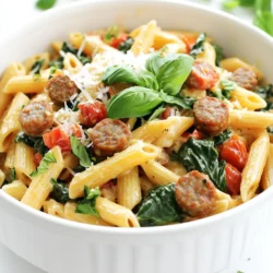 - 1 pound Italian sausage (or chicken sausage) - 1 medium onion, finely chopped - 3 cloves garlic, minced - 1 can (14.5 oz) diced tomatoes, undrained - 1 cup chicken broth - 1 cup heavy cream - 8 oz penne pasta, uncooked - 1 cup baby spinach To create a creamy and tasty dish, start with quality ingredients. I love using Italian sausage for its rich flavor. Chicken sausage works well too for a lighter meal. The onion and garlic add depth, while the diced tomatoes give a pop of color and moisture. Chicken broth enhances the taste, making every bite savory. Heavy cream is key for that luscious texture, and the uncooked penne pasta absorbs all the goodness during cooking. - 1 teaspoon Italian seasoning - Salt and pepper to taste - Fresh basil leaves, for garnish - Grated Parmesan cheese, for serving Seasonings make the dish shine. Italian seasoning blends herbs that transport you to Italy. A pinch of salt and pepper balances flavors. Fresh basil offers a burst of freshness on top, while grated Parmesan brings a salty finish. These simple touches elevate your creamy Tuscan sausage pasta to a gourmet level. First, you need to cook the sausage. Heat a skillet over medium-high heat. Add the Italian sausage and break it into pieces. Cook it until it turns brown. Drain any extra fat from the skillet. Then, transfer the cooked sausage to your slow cooker. Next, chop your onion and mince the garlic. Add both to the slow cooker with the sausage. This mix adds great flavor to your dish. Now, grab a can of diced tomatoes and pour it into the slow cooker. Do not drain them; the juice will add to the sauce. Next, add one cup of chicken broth. It helps to keep the pasta moist during cooking. Sprinkle in one teaspoon of Italian seasoning, salt, and pepper. Stir the mixture well to blend all the flavors. Cover the slow cooker and set it to cook. If you choose low, let it go for four hours. If you prefer high, it will be ready in two hours. About 30 minutes before serving, it’s time to add the pasta. Stir in eight ounces of uncooked penne pasta and one cup of heavy cream. Make sure to mix it well. Cover the slow cooker again and continue cooking until the pasta is al dente. Once the pasta is ready, toss in one cup of baby spinach. Stir until the spinach wilts. Taste the dish and adjust the seasoning if needed. Serve the pasta hot. Top it with fresh basil leaves and grated Parmesan cheese for a delightful finish. To boost the taste of your Slow Cooker Creamy Tuscan Sausage Pasta, try adding a pinch of red pepper flakes or a dash of smoked paprika. These spices bring warmth and depth to the dish. Fresh herbs like thyme or oregano can also elevate the flavor. If you want to switch up the sausage, you can use chicken sausage for a lighter meal or even turkey sausage for a leaner option. To get perfect pasta, add it to the slow cooker 30 minutes before serving. Make sure the penne pasta is uncooked when you add it. Stir it gently to prevent sticking. Check the pasta for doneness. It should be tender but still firm, known as al dente. If you prefer a creamier sauce, you can add a bit more heavy cream. For a lighter touch, use half and half instead. Presentation matters! Serve your pasta in shallow bowls. Top each bowl with extra grated Parmesan and a sprig of fresh basil for a pop of color. You can pair this dish with a simple side salad or garlic bread for a full meal. A glass of white wine, like Pinot Grigio, complements the flavors well. Enjoy your delicious creation! {{image_2}} You can easily make this dish vegetarian. Just swap the sausage for a plant-based protein. Options like lentils or chickpeas work great. They add protein and flavor. For extra veggies, consider adding bell peppers, zucchini, or mushrooms. These will give your dish more texture and taste. If you need a gluten-free meal, choose gluten-free pasta instead of penne. Cook it according to the package instructions before adding it to the slow cooker. Note that gluten-free pasta often cooks faster, so check it a bit earlier. This will help keep it from getting mushy. You can switch the heavy cream for a lighter sauce option. Try using half-and-half or even a non-dairy milk. For a tomato-based twist, add more diced tomatoes and skip the cream. This change offers a fresh flavor that is still rich and tasty. To keep your Slow Cooker Creamy Tuscan Sausage Pasta fresh, store it in an airtight container. This method helps lock in flavor and moisture. You can refrigerate it for up to 3 days. Make sure to cool the pasta before sealing it. If you want to save some for later, freezing is a great option. Divide the pasta into portions. Place each portion in a freezer-safe container. You can freeze it for up to 3 months. When you’re ready to eat, take it out and let it thaw overnight in the fridge. When it comes to reheating, you have two main options: microwave or stovetop. For the microwave, place a portion in a bowl and cover it with a lid. Heat it for about 2-3 minutes, stirring halfway through. For stovetop, use a skillet on low heat. Stir often until it's heated through. To keep the texture and flavor, add a splash of broth or cream while reheating. This helps restore the creaminess and avoids dryness. Enjoy your pasta just as delicious as when it was fresh! Yes, you can. For a lighter dish, try using milk or Greek yogurt. Both options add creaminess but keep the calories lower. Another choice is to use cashew cream. Just blend soaked cashews with water until smooth. This gives a nice texture without heavy cream. Adjusting serving sizes is simple. If you need more servings, just double the ingredients. For fewer servings, halve them. Keep the same ratios for flavor. Remember, cooking time may change slightly, especially for the pasta, so check it often. You can use frozen sausage, but it’s best to thaw it first. Cook it in a skillet until browned for even flavor. Then, add it to the slow cooker. If you add it frozen, the cooking time may need to be longer. Always ensure it reaches a safe temperature before serving. In this blog post, I’ve shared how to make a delicious Slow Cooker Creamy Tuscan Sausage Pasta. We covered the main ingredients like sausage, vegetables, and cream. I explained each step, from cooking the sausage to adding pasta. Tips on flavor, storage, and variations are also included. In closing, this dish is simple, tasty, and adaptable. Enjoy making it your own while savoring every bite.