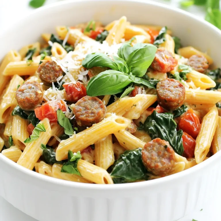 - 1 pound Italian sausage (or chicken sausage) - 1 medium onion, finely chopped - 3 cloves garlic, minced - 1 can (14.5 oz) diced tomatoes, undrained - 1 cup chicken broth - 1 cup heavy cream - 8 oz penne pasta, uncooked - 1 cup baby spinach To create a creamy and tasty dish, start with quality ingredients. I love using Italian sausage for its rich flavor. Chicken sausage works well too for a lighter meal. The onion and garlic add depth, while the diced tomatoes give a pop of color and moisture. Chicken broth enhances the taste, making every bite savory. Heavy cream is key for that luscious texture, and the uncooked penne pasta absorbs all the goodness during cooking. - 1 teaspoon Italian seasoning - Salt and pepper to taste - Fresh basil leaves, for garnish - Grated Parmesan cheese, for serving Seasonings make the dish shine. Italian seasoning blends herbs that transport you to Italy. A pinch of salt and pepper balances flavors. Fresh basil offers a burst of freshness on top, while grated Parmesan brings a salty finish. These simple touches elevate your creamy Tuscan sausage pasta to a gourmet level. First, you need to cook the sausage. Heat a skillet over medium-high heat. Add the Italian sausage and break it into pieces. Cook it until it turns brown. Drain any extra fat from the skillet. Then, transfer the cooked sausage to your slow cooker. Next, chop your onion and mince the garlic. Add both to the slow cooker with the sausage. This mix adds great flavor to your dish. Now, grab a can of diced tomatoes and pour it into the slow cooker. Do not drain them; the juice will add to the sauce. Next, add one cup of chicken broth. It helps to keep the pasta moist during cooking. Sprinkle in one teaspoon of Italian seasoning, salt, and pepper. Stir the mixture well to blend all the flavors. Cover the slow cooker and set it to cook. If you choose low, let it go for four hours. If you prefer high, it will be ready in two hours. About 30 minutes before serving, it’s time to add the pasta. Stir in eight ounces of uncooked penne pasta and one cup of heavy cream. Make sure to mix it well. Cover the slow cooker again and continue cooking until the pasta is al dente. Once the pasta is ready, toss in one cup of baby spinach. Stir until the spinach wilts. Taste the dish and adjust the seasoning if needed. Serve the pasta hot. Top it with fresh basil leaves and grated Parmesan cheese for a delightful finish. To boost the taste of your Slow Cooker Creamy Tuscan Sausage Pasta, try adding a pinch of red pepper flakes or a dash of smoked paprika. These spices bring warmth and depth to the dish. Fresh herbs like thyme or oregano can also elevate the flavor. If you want to switch up the sausage, you can use chicken sausage for a lighter meal or even turkey sausage for a leaner option. To get perfect pasta, add it to the slow cooker 30 minutes before serving. Make sure the penne pasta is uncooked when you add it. Stir it gently to prevent sticking. Check the pasta for doneness. It should be tender but still firm, known as al dente. If you prefer a creamier sauce, you can add a bit more heavy cream. For a lighter touch, use half and half instead. Presentation matters! Serve your pasta in shallow bowls. Top each bowl with extra grated Parmesan and a sprig of fresh basil for a pop of color. You can pair this dish with a simple side salad or garlic bread for a full meal. A glass of white wine, like Pinot Grigio, complements the flavors well. Enjoy your delicious creation! {{image_2}} You can easily make this dish vegetarian. Just swap the sausage for a plant-based protein. Options like lentils or chickpeas work great. They add protein and flavor. For extra veggies, consider adding bell peppers, zucchini, or mushrooms. These will give your dish more texture and taste. If you need a gluten-free meal, choose gluten-free pasta instead of penne. Cook it according to the package instructions before adding it to the slow cooker. Note that gluten-free pasta often cooks faster, so check it a bit earlier. This will help keep it from getting mushy. You can switch the heavy cream for a lighter sauce option. Try using half-and-half or even a non-dairy milk. For a tomato-based twist, add more diced tomatoes and skip the cream. This change offers a fresh flavor that is still rich and tasty. To keep your Slow Cooker Creamy Tuscan Sausage Pasta fresh, store it in an airtight container. This method helps lock in flavor and moisture. You can refrigerate it for up to 3 days. Make sure to cool the pasta before sealing it. If you want to save some for later, freezing is a great option. Divide the pasta into portions. Place each portion in a freezer-safe container. You can freeze it for up to 3 months. When you’re ready to eat, take it out and let it thaw overnight in the fridge. When it comes to reheating, you have two main options: microwave or stovetop. For the microwave, place a portion in a bowl and cover it with a lid. Heat it for about 2-3 minutes, stirring halfway through. For stovetop, use a skillet on low heat. Stir often until it's heated through. To keep the texture and flavor, add a splash of broth or cream while reheating. This helps restore the creaminess and avoids dryness. Enjoy your pasta just as delicious as when it was fresh! Yes, you can. For a lighter dish, try using milk or Greek yogurt. Both options add creaminess but keep the calories lower. Another choice is to use cashew cream. Just blend soaked cashews with water until smooth. This gives a nice texture without heavy cream. Adjusting serving sizes is simple. If you need more servings, just double the ingredients. For fewer servings, halve them. Keep the same ratios for flavor. Remember, cooking time may change slightly, especially for the pasta, so check it often. You can use frozen sausage, but it’s best to thaw it first. Cook it in a skillet until browned for even flavor. Then, add it to the slow cooker. If you add it frozen, the cooking time may need to be longer. Always ensure it reaches a safe temperature before serving. In this blog post, I’ve shared how to make a delicious Slow Cooker Creamy Tuscan Sausage Pasta. We covered the main ingredients like sausage, vegetables, and cream. I explained each step, from cooking the sausage to adding pasta. Tips on flavor, storage, and variations are also included. In closing, this dish is simple, tasty, and adaptable. Enjoy making it your own while savoring every bite.