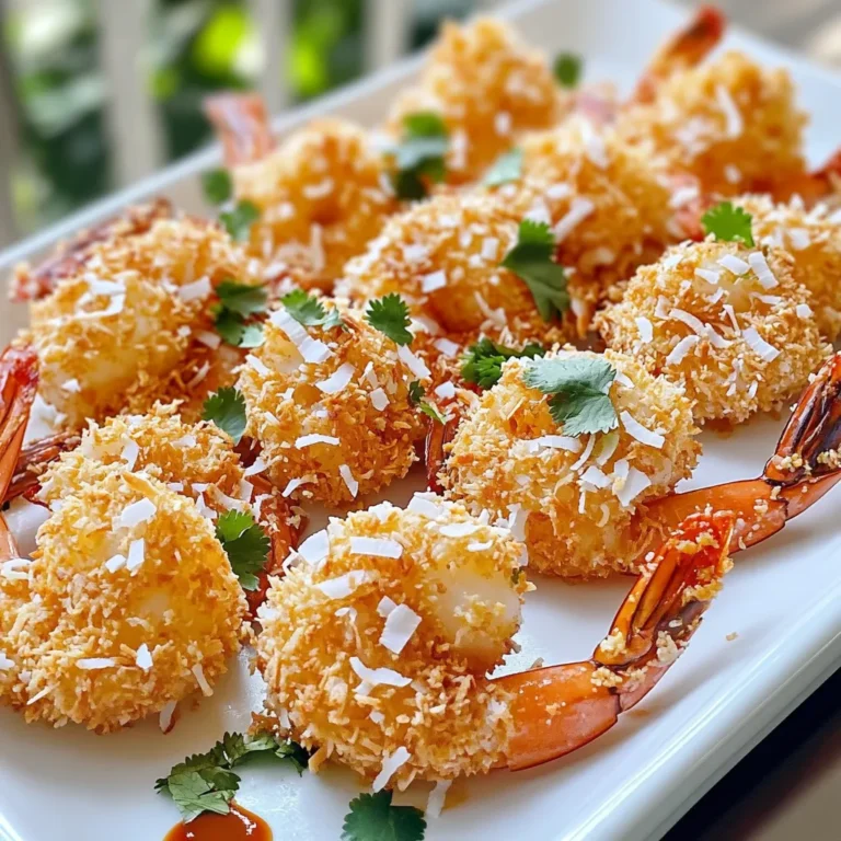 To make this dish, gather these main ingredients: - 1 pound large shrimp, peeled and deveined - 1 cup unsweetened shredded coconut - 1 cup panko breadcrumbs - 1/2 cup all-purpose flour - 2 large eggs, beaten - 1 teaspoon garlic powder - 1 teaspoon paprika - Salt and pepper to taste - Cooking spray These ingredients create a crunchy, sweet, and savory treat. The shrimp bring a fresh taste, while the coconut and panko add crunch. For the chili sauce, you will need: - 1/4 cup sweet chili sauce - 1 tablespoon lime juice - 1 teaspoon sriracha (adjust for spiciness) - 1 teaspoon chopped fresh cilantro (for garnish) This sauce adds a tangy kick to your shrimp. The sweetness of the chili sauce pairs well with the heat from the sriracha. Feel free to add these for extra flavor: - Red pepper flakes for heat - Additional lime wedges for serving - Chopped green onions as a garnish These options allow you to make the dish your own. They enhance the taste and add a pop of color. Start by taking 1 pound of large shrimp. Make sure they are peeled and deveined. Pat the shrimp dry with paper towels. This step helps the breading stick better. Season them with 1 teaspoon of garlic powder, 1 teaspoon of paprika, salt, and pepper. Mix well and set them aside. This mix gives the shrimp great flavor. Next, set up your breading station using three bowls. In the first bowl, add 1/2 cup of all-purpose flour. In the second bowl, beat 2 large eggs. The last bowl should have a mix of 1 cup of unsweetened shredded coconut and 1 cup of panko breadcrumbs. This setup makes breading quick and easy. Now, preheat your air fryer to 400°F (200°C) for about 5 minutes. While it heats, lightly spray the air fryer basket with cooking spray. Take each shrimp and dredge it in the flour, shaking off any extra. Next, dip it into the egg until fully coated. Finally, press the shrimp into the coconut-panko mix, making sure it is well-covered. Place the breaded shrimp in a single layer in the air fryer basket. Make sure they do not touch. Spray the tops lightly with more cooking spray. Cook for 8-10 minutes, flipping halfway through. The shrimp should turn golden brown and crispy. Enjoy the delightful crunch when they are done! To make your coconut shrimp extra crispy, follow these steps. First, use panko breadcrumbs. They give a great crunch. Second, spray the shrimp lightly with cooking spray before air frying. This helps them brown evenly. Finally, arrange the shrimp in a single layer. They need space to crisp up. For the best flavor and texture, choose large shrimp. Look for shrimp that are peeled and deveined. Fresh shrimp works well, but frozen shrimp is also fine. Just be sure to thaw them completely. Pat them dry before cooking. This helps the breading stick better. Air fryers can vary in cooking time. If your air fryer runs hot, check the shrimp at 7 minutes. If you have a cooler model, they may need up to 12 minutes. Always flip the shrimp halfway through to ensure even cooking. Keep an eye on them to avoid burning. {{image_2}} You can easily change the heat in your chili sauce. If you want more spice, add more sriracha. Start with a teaspoon and taste it. Add more a little at a time. You can also use fresh chopped chili peppers for a different kick. Try jalapeños or serranos for extra heat. Always taste as you go. Switching up the breading can make this dish fun. Use crushed cornflakes instead of panko for a crunchier texture. You can also use almond flour for a gluten-free option. Try adding spices like cumin or cayenne to the flour for extra flavor. Mix in some grated Parmesan with the coconut for a cheesy twist. Coconut shrimp pairs well with many sides. Serve it with a fresh salad for a light meal. You can also pair it with rice or noodles. A tangy mango salsa adds a tasty contrast. For a fun twist, serve it in tacos with crunchy slaw. Don’t forget to drizzle more chili sauce on top! To store leftover coconut shrimp, let them cool first. Place them in an airtight container. Make sure the lid seals tightly. You can keep them in the fridge for up to three days. If you want to keep them longer, freezing is a great option. To reheat coconut shrimp, preheat your air fryer to 350°F (175°C). Place the shrimp in a single layer in the basket. Heat for about 5-7 minutes. This keeps the shrimp crispy. You can also use an oven for reheating. Just spread them out on a baking sheet and bake for 10-12 minutes at 350°F (175°C). You can freeze uncooked coconut shrimp before air frying. Just follow the breading steps and place them on a baking sheet. Freeze them until solid, then transfer to a freezer bag. They will last for up to three months. When you're ready to cook, no need to thaw. Just add a few extra minutes to the cooking time in the air fryer. You can add more sriracha to your chili sauce. Start with one teaspoon and taste it. If you want more heat, add more sriracha in small amounts. You can also mix in cayenne pepper or red pepper flakes. This gives your sauce a nice kick. Yes, you can use frozen shrimp. Just make sure to thaw them first. Place them in the fridge overnight or run them under cold water. Pat them dry before seasoning. This helps the breading stick better. Coconut shrimp pairs well with many sides. You can serve it with rice, salad, or coleslaw. A fruity salsa or a zesty dipping sauce also works great. These sides balance the rich flavors of the shrimp. Enjoy mixing and matching! Coconut shrimp is a fun and tasty dish to make. We explored its main ingredients, cooking steps, and tips for crispiness. The sauce adds flavor, and variations let you customize it. Storing leftovers properly keeps it fresh, and our FAQs answer common questions. Enjoy making your coconut shrimp. You’ll impress friends and family with this dish!