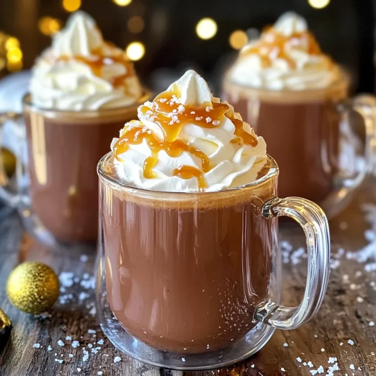 - 2 cups whole milk - 1 cup heavy cream - 1/2 cup semi-sweet chocolate chips - 1/4 cup unsweetened cocoa powder - 1/4 cup caramel sauce - 1/2 teaspoon sea salt - 1 teaspoon vanilla extract - Whipped cream - Extra caramel sauce for drizzling - Sea salt flakes for garnish Using these ingredients, you can create a rich and creamy hot chocolate that will warm you up on a chilly day. Whole milk and heavy cream give your drink a smooth base. The semi-sweet chocolate chips melt beautifully into your mixture, while the cocoa powder adds depth. Caramel sauce brings that delicious sweetness, and a pinch of sea salt balances the flavors. Vanilla extract enhances the taste, making each sip even better. Finally, whipped cream on top adds a fun touch. Drizzling extra caramel sauce and adding sea salt flakes makes the drink look fancy and inviting. Each ingredient plays a key role in crafting this irresistible delight. 1. Start by getting a medium saucepan. 2. Pour in 2 cups of whole milk and 1 cup of heavy cream. 3. Heat the mix over medium heat. Stir gently until warm, but do not let it boil. 4. Once warm, add 1/2 cup of semi-sweet chocolate chips and 1/4 cup of unsweetened cocoa powder. 5. Whisk continuously until the chocolate is melted and mixed well. 1. Now, stir in 1/4 cup of caramel sauce. 2. Add 1/2 teaspoon of sea salt and 1 teaspoon of vanilla extract. 3. Keep heating the mix for 2-3 minutes. This helps the flavors blend. 4. Make sure the mixture is smooth and creamy. Remove it from heat. 1. Pour the hot chocolate into mugs. Leave some space at the top. 2. Top each mug with whipped cream. 3. Drizzle extra caramel sauce over the whipped cream. 4. Finish with a sprinkle of sea salt flakes for flair. This hot chocolate will warm your soul and bring smiles. Enjoy! To avoid boiling the mixture, heat the milk and cream on medium. Stir slowly and watch closely. If it starts to steam, pull it off the heat. This keeps your hot chocolate creamy and smooth. For whisking, use a sturdy whisk. It helps blend the chocolate well. Whisk in a circular motion to mix thoroughly. This makes sure every sip is rich and tasty. Choosing the right chocolate is key. I love semi-sweet chocolate chips for a balanced taste. They melt well and add depth. You can also try dark chocolate for a richer flavor. For extra toppings, think about crushed cookies or a sprinkle of cinnamon. You can even add mini marshmallows for fun. They melt beautifully and add sweetness. For serving, clear mugs work best. They show off the whipped cream and caramel drizzle. It's a feast for the eyes! Get creative with garnishing. A cinnamon stick adds flair and flavor. You can also top with chocolate shavings or a drizzle of chocolate sauce. These little details make your drink special. {{image_2}} You can easily switch up your salted caramel hot chocolate with fun flavors. One great choice is peppermint salted caramel hot chocolate. Just add a few drops of peppermint extract to the mix. It gives the drink a holiday twist and makes it taste like a candy cane! You might also enjoy adding spices like cinnamon or nutmeg. A pinch of these spices will warm your drink and add depth. Imagine sipping a cozy cup of hot chocolate with a hint of spice; it’s simply delightful! If you need dairy-free options, you can swap whole milk and heavy cream for almond or oat milk. They both work well and keep the drink creamy. You can also use coconut cream for a richer taste. For sugar-free options, try using sugar-free caramel sauce. There are plenty of great brands that offer tasty alternatives. You can also use a sugar substitute like stevia or monk fruit in place of sugar. This way, you can enjoy your treat without the extra sugar! Pair your salted caramel hot chocolate with snacks or desserts for a perfect combo. Cookies, brownies, or even popcorn go well with it. The sweet and salty flavors create a wonderful balance. This hot chocolate is perfect for many occasions. Serve it on chilly nights, during movie marathons, or at holiday gatherings. It’s sure to warm hearts and make everyone smile! To store leftover salted caramel hot chocolate, let it cool first. Pour it into an airtight container. Seal it tightly and place it in the fridge. It will last up to three days. When you want to enjoy it again, simply take it out. For reheating, pour the hot chocolate into a saucepan. Heat it over low to medium heat. Stir it gently to mix well. Avoid boiling the mixture, as it can change the flavor. You may also reheat it in the microwave. Heat in short bursts, stirring in between. This keeps the flavor intact. Yes, you can freeze salted caramel hot chocolate. Use a freezer-safe container. Leave some space at the top for expansion. It can last for up to three months. To enjoy it later, thaw it in the fridge overnight. Reheat it gently after thawing, just like before. Salted caramel hot chocolate is a rich and creamy drink. It combines warm chocolate with a sweet caramel twist. Sea salt adds a gentle touch of flavor that enhances the sweetness. This drink is perfect for chilly days or as a cozy treat. Making salted caramel hot chocolate takes about 20 minutes. You need 10 minutes to prep and 10 minutes to cook. This quick recipe makes it easy to enjoy a warm cup anytime you like. Yes, you can use milk alternatives! Almond, oat, or coconut milk works well. Choose a creamy variety for the best results. This way, you can enjoy the drink without dairy. I recommend using semi-sweet chocolate chips. They melt well and add a rich flavor. You can also use dark chocolate for a deeper taste. Avoid milk chocolate as it can be too sweet. To make it less sweet, reduce the caramel sauce. You can also use unsweetened cocoa powder. Adding more sea salt can balance the sweetness too. Taste as you go to find the right mix. For a spiked version, add a splash of your favorite liqueur. Bourbon, rum, or Irish cream works great. Mix it in right before serving. This will give your drink a fun twist, perfect for adult gatherings! This blog post covered everything you need for making an amazing salted caramel hot chocolate. We looked at the required ingredients, step-by-step instructions, and tips to perfect your drink. I shared flavor variations and storage options too. Now, you can enjoy this cozy treat anytime. You’ll impress friends and family with your skills. So, gather those ingredients, get creative, and savor this delicious drink.