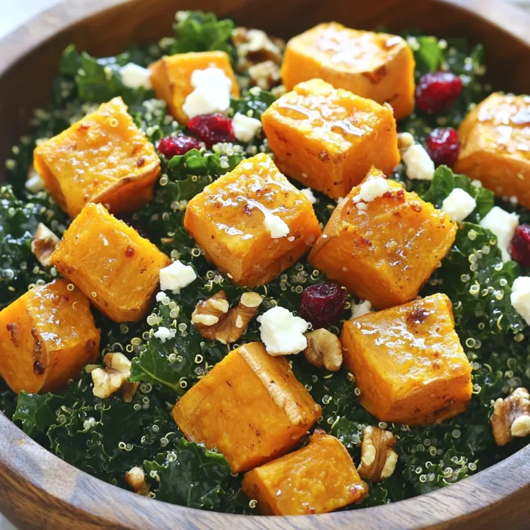 To make this delicious roasted sweet potato kale salad, gather these main ingredients: - 2 medium sweet potatoes, peeled and cubed - 4 cups kale, stems removed and torn into bite-sized pieces - 1/2 cup quinoa, rinsed - 1/4 cup dried cranberries - 1/4 cup feta cheese, crumbled (optional) - 1/4 cup walnuts, chopped - 2 tablespoons olive oil - 1 tablespoon maple syrup - 1 teaspoon garlic powder - Salt and pepper to taste - Juice of 1 lemon You can add some optional ingredients to enhance your salad: - Grilled chicken or chickpeas for protein - Avocado for creaminess - Pumpkin seeds for extra crunch This salad is not only tasty but also healthy. Each serving has: - Calories: 290 - Protein: 8g - Carbs: 37g - Fat: 13g - Fiber: 6g - Sugar: 4g This salad gives you energy and nutrients to power through your day! Start by preheating your oven to 425°F (220°C). This temperature helps the sweet potatoes roast well. Next, peel and cube 2 medium sweet potatoes. Place them in a large bowl. Add 1 tablespoon of olive oil, 1 teaspoon of garlic powder, salt, and pepper. Toss the sweet potatoes until they are well coated. Spread them on a baking sheet in a single layer. Roast for about 25-30 minutes, turning them halfway. They should be golden brown and tender when done. While your sweet potatoes roast, it's time to cook the quinoa. Use 1/2 cup of quinoa and rinse it under cold water. Follow the package instructions for cooking. Once cooked, fluff the quinoa with a fork. Set it aside to cool. This adds a nice texture to your salad. Now, let's prepare the kale. Take 4 cups of kale, removing the stems and tearing the leaves into bite-sized pieces. In a separate bowl, add the kale with 1 tablespoon of olive oil and the juice of 1 lemon. Massage the kale for about 2-3 minutes. This softens the leaves and makes them easier to eat. In a large mixing bowl, combine the roasted sweet potatoes, cooked quinoa, and massaged kale. Add in 1/4 cup of dried cranberries, 1/4 cup of feta cheese (if using), and 1/4 cup of chopped walnuts. Drizzle 1 tablespoon of maple syrup over the top. Toss everything together gently. Adjust salt and pepper to taste. Serve the salad right away or let it chill for up to an hour. Enjoy your fresh and healthy dish! Roasting sweet potatoes brings out their natural sweetness. Start by cutting them into small, even cubes. This helps them cook evenly. Use a large bowl to toss the sweet potatoes with olive oil, garlic powder, salt, and pepper. Make sure they are well coated. Spread them out on a baking sheet in one layer. This allows for even roasting. Turn the sweet potatoes halfway through cooking. They should be golden brown and tender after about 25-30 minutes. When picking kale, look for dark green leaves. Fresh leaves should feel crisp and firm. Avoid wilted or yellowing leaves. To prepare kale, remove the tough stems. Tear the leaves into bite-sized pieces. Massaging the kale with olive oil and lemon juice softens it. This step makes the kale easier to eat and enhances the flavor. A simple dressing can elevate your salad. A mix of olive oil, lemon juice, and a touch of maple syrup works well. You can also try balsamic vinegar for a tangy twist. If you like creamy dressings, a yogurt-based dressing adds richness. Experiment with flavors until you find your favorite. {{image_2}} You can easily add protein to this salad. Grilled chicken or tofu works well. They both bring a nice texture. You could also use chickpeas for a plant-based option. They add fiber and protein. If you want something different, try adding shrimp. It pairs great with sweet potatoes and kale. This salad is naturally gluten-free. Quinoa is a great choice for grains. If you prefer, you can swap quinoa for rice. Brown rice or wild rice adds a nice flavor. Always check the labels on any packaged foods. Some dressings might contain gluten, so be careful. You can change this salad with the seasons. In the fall, add roasted Brussels sprouts for crunch. In the summer, fresh tomatoes and cucumbers add brightness. Winter calls for roasted beets, which add earthy flavor. Use whatever is fresh at the market. This keeps your salad interesting and fun! You can keep your roasted sweet potato kale salad in the fridge. Place it in an airtight container. It stays fresh for about three days. The flavors blend well during this time. This makes every bite even more tasty. To store leftovers, let the salad cool down to room temperature. Then, pack it tightly in a container. If you added feta cheese, it might not stay fresh as long. You can leave it out if you plan to eat it soon. When ready to eat, give it a good shake or stir. Freezing this salad is not the best idea. The sweet potatoes and kale may lose their texture. If you still want to freeze it, only freeze the sweet potatoes. Cook them, let them cool, and then place them in a freezer bag. When you are ready to eat, just thaw and reheat. Yes, you can make this salad ahead of time. I suggest preparing the sweet potatoes and quinoa in advance. Store them in the fridge until you are ready to serve. Just add the kale, cranberries, walnuts, and any cheese right before serving. This keeps everything fresh and tasty. Yes, this salad can be vegan-friendly. Simply leave out the feta cheese. All the other ingredients are plant-based. You still get a great mix of flavors and textures without the cheese. If you don't have quinoa, you can use other grains. Brown rice or farro work well. These grains add a nice chewiness and flavor. You can even try couscous for a quicker option. Just cook them according to the package directions. To make kale tender, you should massage it. After you wash and tear the kale, add olive oil and lemon juice. Use your hands to rub the leaves for about 2-3 minutes. This breaks down the fibers and softens the leaves, making them more enjoyable to eat. This blog post covered how to make a nutritious salad. We explored key ingredients like sweet potatoes, quinoa, and kale. The step-by-step instructions made preparation easy and fun. I shared tips for roasting sweet potatoes and choosing kale. You learned about variations and how to store leftovers. In closing, this salad is simple, tasty, and healthy. Enjoy making it your own with different flavors. Happy cooking!