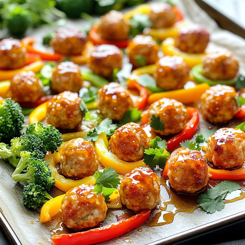 - 1 lb ground chicken - 1/4 cup breadcrumbs - 2 cloves garlic, minced - 1 teaspoon ginger, minced To make the meatballs, you start with ground chicken. This lean meat keeps the dish light. I add breadcrumbs to help bind the mixture. Garlic and ginger bring in great flavor. Their aroma fills your kitchen as they cook, making the meal even better. - 1/4 cup honey - 1/4 cup soy sauce (low sodium preferred) - 2 tablespoons rice vinegar The sauce is the star of this dish. Honey adds sweetness and helps caramelize the meatballs. Soy sauce gives a savory touch, while rice vinegar adds a bit of tang. Together, they create a balanced flavor that complements the chicken. - 2 cups mixed bell peppers, sliced - 1 cup broccoli florets - Fresh cilantro, for garnish For veggies, I use colorful bell peppers and broccoli. They add crunch and nutrition. Plus, they soak up the sauce while cooking. Fresh cilantro makes a great garnish. It adds a burst of freshness and color right before serving. Set your oven to 400°F (200°C). This high heat helps the meatballs brown nicely. Line a large baking sheet with parchment paper. This makes cleanup a breeze. In a large bowl, combine the following: - 1 lb ground chicken - 1/4 cup breadcrumbs - 1/4 cup finely chopped green onions - 1 egg, lightly beaten - 2 cloves garlic, minced - 1 teaspoon ginger, minced - 1 teaspoon salt - 1/2 teaspoon pepper - 1/4 teaspoon red pepper flakes (optional) Mix everything well. Make sure the ingredients blend together. This step is key to juicy meatballs. Shape the mixture into small meatballs. Each should be about 1 inch wide. Place them on one side of the prepared baking sheet. Keep some space between them for even cooking. In a small bowl, whisk together: - 1/4 cup honey - 1/4 cup soy sauce - 2 tablespoons rice vinegar - 1 tablespoon sesame oil Whisk until it’s fully mixed. This sauce adds a sweet and savory touch. On the other side of the baking sheet, spread out: - 2 cups sliced bell peppers - 1 cup broccoli florets Drizzle with a little olive oil, salt, and pepper. Toss the veggies to coat them evenly. They will cook and soak up the flavors. Place the sheet pan in the oven. Bake for about 20-25 minutes. Check that the internal temperature of the meatballs reaches 165°F. When they are done, the veggies should be tender. For an extra glaze, brush the meatballs with more sauce in the last 5 minutes. Enjoy the aroma filling your kitchen! To make great meatballs, start with the right blend. Ground chicken needs binding. I use breadcrumbs and an egg to help hold them together. Mix everything well. This keeps the meatballs from falling apart. Shape them into small balls, about one inch wide. This size cooks evenly. Want more taste? You can add herbs and spices. Fresh herbs like parsley or basil brighten the dish. Dried spices like cumin or paprika add depth. If you enjoy heat, try adding more red pepper flakes. Just a pinch can change the flavor! Using parchment paper is key. It prevents sticking and makes cleanup easy. Place your meatballs and veggies with space in between. This lets the heat flow and helps everything cook evenly. Avoid crowding the pan. Give each meatball room to shine! {{image_2}} If you want to switch things up, try using turkey or beef. Both options work well in this recipe. Turkey gives you a leaner meatball, while beef offers a richer flavor. When using turkey, keep the seasoning similar to maintain that sweet and savory taste. For beef, you might want to add a bit more seasoning to balance the flavors. Just remember, cook time may vary slightly based on the meat used. You can also play with different sauces. Teriyaki sauce adds a sweet and salty taste that pairs nicely with the meatballs. Sweet chili sauce gives a spicy kick, perfect for those who like a bit of heat. Whichever sauce you choose, just mix it well and pour it over the meatballs and veggies, just like in the original recipe. Experimenting with these sauces can lead to new favorites! Don’t limit yourself to just bell peppers and broccoli. You can use any veggies you love. Carrots, snap peas, or zucchini can add great color and texture. Just chop them into similar sizes so they cook evenly. You can even mix in some onions for added flavor. The versatility of vegetables lets you customize this dish to fit your taste and what you have on hand. To keep your leftovers fresh, use airtight containers. Glass or plastic containers work well. Allow the meatballs to cool before sealing. Store them in the fridge for up to four days. If you have leftover veggies, store them separately to keep them crisp. To reheat meatballs, use the oven for the best results. Preheat your oven to 350°F. Place the meatballs on a baking sheet. Add a splash of water to keep them moist. Heat for about 10-15 minutes until they are warm and tender. You can also use the microwave if you're in a hurry. Heat in 30-second intervals, checking often. To freeze meatballs, let them cool completely. Arrange them in a single layer on a baking sheet. Freeze them for about an hour. Once frozen, place them in a freezer-safe bag. They can last up to three months in the freezer. To defrost, move them to the fridge overnight before reheating. This method keeps them juicy and flavorful. Yes, you can make these meatballs ahead of time. Prepare the meatball mixture and shape them. Place the uncooked meatballs on a baking sheet. Cover them with plastic wrap and store in the fridge for up to a day. You can also freeze them for longer storage. Just freeze them on the sheet first, then transfer to a bag. When ready to cook, bake them from frozen, adding a few extra minutes to the cooking time. These meatballs pair well with many sides. Consider serving them with: - Steamed rice - Quinoa or couscous - A fresh green salad - Roasted vegetables - Noodles tossed in sesame oil These sides balance the sweet and savory flavors of the meatballs and make a complete meal. To ensure your meatballs are fully cooked, use a meat thermometer. The internal temperature should reach 165°F (74°C). This ensures they are safe to eat. If you don’t have a thermometer, cut one open. The meat should be no longer pink, and juices should run clear. Always check a few meatballs to be sure they are all cooked. In this post, I covered how to make delicious honey garlic chicken meatballs. You learned about the key ingredients, from ground chicken to fresh vegetables. I shared step-by-step instructions for baking and served up tips for perfect results. You can also explore fun variations, like using turkey or different sauces. Finally, I provided storage tips to keep your leftovers fresh and tasty. Now, you can create tasty meals that impress. Enjoy cooking and experimenting with flavors!