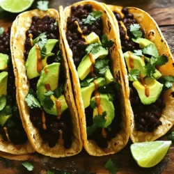 - 2 cans black beans (15 oz each), drained and rinsed - 2 tablespoons olive oil - 1 medium onion, finely chopped - 3 cloves garlic, minced - 1-2 chipotle peppers in adobo sauce, minced (adjust for spice preference) - 1 teaspoon smoked paprika - 1 teaspoon cumin - Salt and pepper, to taste - 8 small corn or flour tortillas - 1 cup fresh corn (canned or frozen) - 1 avocado, sliced - 1 cup fresh cilantro, chopped - Lime wedges for serving Black beans are the star of this dish. They are rich in protein and fiber. Their creamy texture adds depth to each bite. Olive oil helps sauté the onion and garlic, enhancing the flavors. Onions bring a sweet note when cooked. Garlic adds a warm aroma that wakes up the taste buds. Chipotle peppers give a smoky and spicy kick. I use smoked paprika and cumin for warm, earthy flavors. Fresh corn adds a sweet crunch. It balances the richness of the beans. Tortillas wrap all these flavors together. They are the perfect vessel for the filling. Avocado adds creaminess. It also gives a fresh taste. Chopped cilantro brightens each taco. Lime wedges add a zesty finish to every bite. - Cheese suggestions (feta, queso fresco) - Additional toppings (sour cream, salsa) - Variations in tortillas (gluten-free options) You can add cheese for a creamy texture. Feta or queso fresco works great. Sour cream or salsa can add extra flavor and moisture. If you want a gluten-free option, try corn tortillas. They hold the filling well and are delicious. 1. Heating olive oil and sautéing onion Heat 2 tablespoons of olive oil in a large skillet over medium heat. Add 1 medium onion, finely chopped. Sauté for about 5 minutes. The onion should become soft and clear. 2. Adding garlic and spices Add 3 cloves of minced garlic to the skillet. Cook for about 1 minute until it smells good. Then, stir in 1-2 minced chipotle peppers. Add 1 teaspoon of smoked paprika and 1 teaspoon of cumin. Cook for 2-3 minutes to let the spices blend. 3. Mixing in black beans and corn Next, add 2 cans of drained and rinsed black beans to the skillet. Mash some beans with a fork for creaminess. Leave some beans whole for a hearty bite. Then, mix in 1 cup of fresh corn. Season with salt and pepper. Cook for another 5 minutes, stirring until everything is warm. 1. Warming tortillas While the filling cooks, warm 8 small tortillas in a separate skillet. Heat them on low for about 30 seconds on each side. This makes them soft and easy to fold. 2. Filling and garnishing tacos Spoon the black bean mixture onto each warm tortilla. Top with sliced avocado and a handful of chopped cilantro. This adds freshness and flavor. 3. Serving suggestions Serve the tacos with lime wedges on the side. Squeeze the lime over the tacos for an extra burst of flavor. Enjoy every bite! To change the heat of your tacos, play with the amount of chipotle peppers you use. Start with one pepper for mild tacos. If you like it hot, add two or more! You can also try using smoked paprika alone. It gives a nice flavor without the heat. When mashing the black beans, use a fork for a creamy mix. Leave some beans whole to keep a nice bite. If you want more flavor, try adding a pinch of cayenne pepper or a squeeze of lime juice. These small changes can make a big difference. For a fun look, stack your tacos on a plate. You can sprinkle chopped cilantro on top for color. Serve lime wedges on the side for a fresh squeeze. Pair these tacos with a simple salad or some rice to make it a meal. Enjoy the burst of flavor! {{image_2}} You can change up the protein in your tacos easily. If you want meat, try shredded chicken or ground turkey. Both options add great flavor and protein. For a meat-free option, consider using tofu or tempeh. These plant-based proteins soak up the spices well. In addition to black beans, you can mix in other beans too. Try pinto beans or kidney beans for more texture. This adds variety and boosts fiber content. These tacos fit many diets. They can be vegan or vegetarian with no need for meat. Just stick with the black beans and fresh veggies. You can also use gluten-free tortillas. These options make the recipe accessible for everyone. If you're watching carbs, swap the tortillas for lettuce wraps. This keeps the flavor but cuts down on carbs. You still enjoy all the tasty fillings without the extra carbs. Want to change the flavor? Add tropical fruits like mango or pineapple. These fruits bring a sweet touch to balance the spice. You can also try adding fresh lime juice for a zesty kick. For a Southwestern twist, consider adding roasted peppers or corn salsa. These ingredients enhance flavor and add color to your tacos. Each variation lets you enjoy different taste experiences. To keep your Spicy Chipotle Black Bean Tacos fresh, use airtight containers. Glass or BPA-free plastic containers work best. Make sure to cool the tacos before sealing. This helps to prevent moisture buildup. Store them in the fridge for up to three days. When it's time to enjoy leftovers, reheat your tacos gently. You can use a skillet or microwave. For a skillet, warm them over low heat for about 5 minutes. If you use a microwave, cover them with a damp paper towel. This keeps the tortillas soft. Avoid high heat to maintain the texture of the filling. Enjoy your tasty tacos again! Can I freeze these tacos? Yes, you can freeze the filling. Store it in a container. Just warm it up when ready. The tortillas can get soggy if frozen. What can I substitute for black beans? You can use pinto beans or kidney beans. Chickpeas also work well. Just adjust cooking times if needed. How spicy are these tacos on a scale from 1 to 10? These tacos rank around a 5 or 6. The chipotle peppers add heat, but you can reduce them for less spice. What is the prep time and total time for this recipe? Prep time is 15 minutes. Total cooking time is 30 minutes. You’ll have a tasty meal in no time. How many servings does this recipe yield? This recipe makes four servings. Perfect for a small gathering or family dinner. Are these tacos healthy? Yes, these tacos are healthy. They are packed with protein and fiber. Plus, they contain fresh ingredients. What are the calorie counts per serving? Each taco has around 300 calories. This may vary based on toppings and tortillas used. In this blog post, we explored making spicy chipotle black bean tacos. We covered essential ingredients, preparation steps, and tips to customize your dish. Whether you prefer vegan options or want to add meat, there’s a way to make these tacos suit your taste. Don’t forget about storage tips to keep leftovers fresh and FAQs to answer common questions. Enjoy crafting these tasty tacos and impressing friends with your cooking skills. You now have all the tools to create a delicious taco experience that everyone will love.