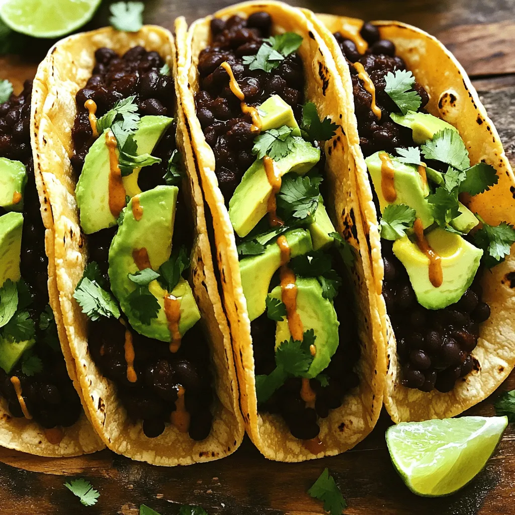 - 2 cans black beans (15 oz each), drained and rinsed - 2 tablespoons olive oil - 1 medium onion, finely chopped - 3 cloves garlic, minced - 1-2 chipotle peppers in adobo sauce, minced (adjust for spice preference) - 1 teaspoon smoked paprika - 1 teaspoon cumin - Salt and pepper, to taste - 8 small corn or flour tortillas - 1 cup fresh corn (canned or frozen) - 1 avocado, sliced - 1 cup fresh cilantro, chopped - Lime wedges for serving Black beans are the star of this dish. They are rich in protein and fiber. Their creamy texture adds depth to each bite. Olive oil helps sauté the onion and garlic, enhancing the flavors. Onions bring a sweet note when cooked. Garlic adds a warm aroma that wakes up the taste buds. Chipotle peppers give a smoky and spicy kick. I use smoked paprika and cumin for warm, earthy flavors. Fresh corn adds a sweet crunch. It balances the richness of the beans. Tortillas wrap all these flavors together. They are the perfect vessel for the filling. Avocado adds creaminess. It also gives a fresh taste. Chopped cilantro brightens each taco. Lime wedges add a zesty finish to every bite. - Cheese suggestions (feta, queso fresco) - Additional toppings (sour cream, salsa) - Variations in tortillas (gluten-free options) You can add cheese for a creamy texture. Feta or queso fresco works great. Sour cream or salsa can add extra flavor and moisture. If you want a gluten-free option, try corn tortillas. They hold the filling well and are delicious. 1. Heating olive oil and sautéing onion Heat 2 tablespoons of olive oil in a large skillet over medium heat. Add 1 medium onion, finely chopped. Sauté for about 5 minutes. The onion should become soft and clear. 2. Adding garlic and spices Add 3 cloves of minced garlic to the skillet. Cook for about 1 minute until it smells good. Then, stir in 1-2 minced chipotle peppers. Add 1 teaspoon of smoked paprika and 1 teaspoon of cumin. Cook for 2-3 minutes to let the spices blend. 3. Mixing in black beans and corn Next, add 2 cans of drained and rinsed black beans to the skillet. Mash some beans with a fork for creaminess. Leave some beans whole for a hearty bite. Then, mix in 1 cup of fresh corn. Season with salt and pepper. Cook for another 5 minutes, stirring until everything is warm. 1. Warming tortillas While the filling cooks, warm 8 small tortillas in a separate skillet. Heat them on low for about 30 seconds on each side. This makes them soft and easy to fold. 2. Filling and garnishing tacos Spoon the black bean mixture onto each warm tortilla. Top with sliced avocado and a handful of chopped cilantro. This adds freshness and flavor. 3. Serving suggestions Serve the tacos with lime wedges on the side. Squeeze the lime over the tacos for an extra burst of flavor. Enjoy every bite! To change the heat of your tacos, play with the amount of chipotle peppers you use. Start with one pepper for mild tacos. If you like it hot, add two or more! You can also try using smoked paprika alone. It gives a nice flavor without the heat. When mashing the black beans, use a fork for a creamy mix. Leave some beans whole to keep a nice bite. If you want more flavor, try adding a pinch of cayenne pepper or a squeeze of lime juice. These small changes can make a big difference. For a fun look, stack your tacos on a plate. You can sprinkle chopped cilantro on top for color. Serve lime wedges on the side for a fresh squeeze. Pair these tacos with a simple salad or some rice to make it a meal. Enjoy the burst of flavor! {{image_2}} You can change up the protein in your tacos easily. If you want meat, try shredded chicken or ground turkey. Both options add great flavor and protein. For a meat-free option, consider using tofu or tempeh. These plant-based proteins soak up the spices well. In addition to black beans, you can mix in other beans too. Try pinto beans or kidney beans for more texture. This adds variety and boosts fiber content. These tacos fit many diets. They can be vegan or vegetarian with no need for meat. Just stick with the black beans and fresh veggies. You can also use gluten-free tortillas. These options make the recipe accessible for everyone. If you're watching carbs, swap the tortillas for lettuce wraps. This keeps the flavor but cuts down on carbs. You still enjoy all the tasty fillings without the extra carbs. Want to change the flavor? Add tropical fruits like mango or pineapple. These fruits bring a sweet touch to balance the spice. You can also try adding fresh lime juice for a zesty kick. For a Southwestern twist, consider adding roasted peppers or corn salsa. These ingredients enhance flavor and add color to your tacos. Each variation lets you enjoy different taste experiences. To keep your Spicy Chipotle Black Bean Tacos fresh, use airtight containers. Glass or BPA-free plastic containers work best. Make sure to cool the tacos before sealing. This helps to prevent moisture buildup. Store them in the fridge for up to three days. When it's time to enjoy leftovers, reheat your tacos gently. You can use a skillet or microwave. For a skillet, warm them over low heat for about 5 minutes. If you use a microwave, cover them with a damp paper towel. This keeps the tortillas soft. Avoid high heat to maintain the texture of the filling. Enjoy your tasty tacos again! Can I freeze these tacos? Yes, you can freeze the filling. Store it in a container. Just warm it up when ready. The tortillas can get soggy if frozen. What can I substitute for black beans? You can use pinto beans or kidney beans. Chickpeas also work well. Just adjust cooking times if needed. How spicy are these tacos on a scale from 1 to 10? These tacos rank around a 5 or 6. The chipotle peppers add heat, but you can reduce them for less spice. What is the prep time and total time for this recipe? Prep time is 15 minutes. Total cooking time is 30 minutes. You’ll have a tasty meal in no time. How many servings does this recipe yield? This recipe makes four servings. Perfect for a small gathering or family dinner. Are these tacos healthy? Yes, these tacos are healthy. They are packed with protein and fiber. Plus, they contain fresh ingredients. What are the calorie counts per serving? Each taco has around 300 calories. This may vary based on toppings and tortillas used. In this blog post, we explored making spicy chipotle black bean tacos. We covered essential ingredients, preparation steps, and tips to customize your dish. Whether you prefer vegan options or want to add meat, there’s a way to make these tacos suit your taste. Don’t forget about storage tips to keep leftovers fresh and FAQs to answer common questions. Enjoy crafting these tasty tacos and impressing friends with your cooking skills. You now have all the tools to create a delicious taco experience that everyone will love.