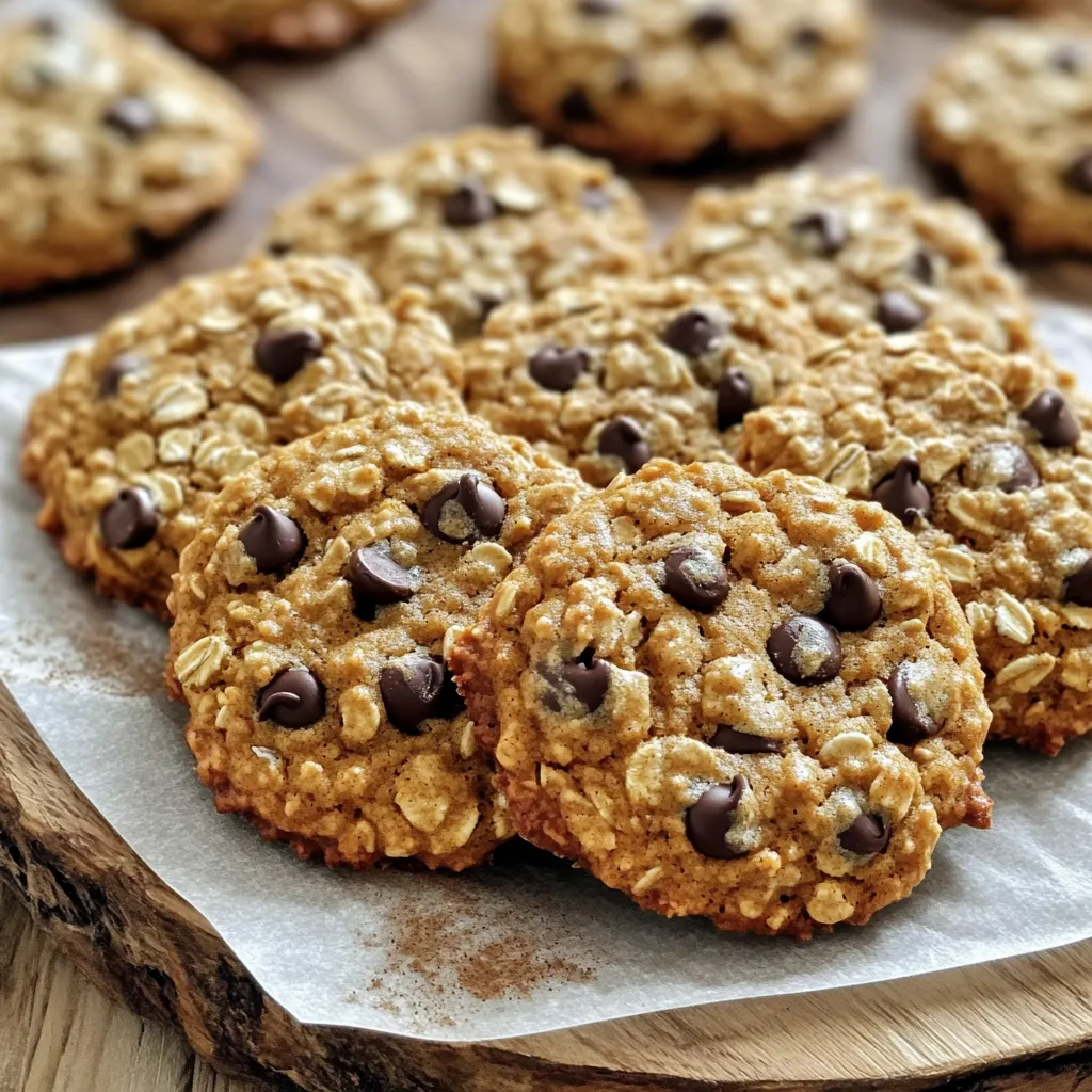 - 1 cup rolled oats - 1 cup all-purpose flour - 1/2 cup brown sugar, packed - 1/2 cup granulated sugar - 1/2 teaspoon baking soda - 1/2 teaspoon baking powder - 1 teaspoon pumpkin pie spice - 1/2 teaspoon salt - 1/2 cup unsalted butter, softened - 1/2 cup pumpkin puree - 1 large egg - 1 teaspoon vanilla extract - 3/4 cup semi-sweet chocolate chips - 1/2 cup chopped walnuts (optional) What are good gluten-free options? You can replace all-purpose flour with almond flour or a gluten-free blend. Make sure your oats are certified gluten-free. What about vegan alternatives? For a vegan version, swap the egg with a flaxseed egg. Mix one tablespoon of ground flaxseed with three tablespoons of water. Let it sit for five minutes. Use coconut oil instead of butter and non-dairy milk for creaminess. These substitutions keep the flavor and texture close to the original recipe. Enjoy the cookies with these adjustments! 1. Preheat your oven to 350°F (175°C). This is key for even baking. 2. Line a baking sheet with parchment paper. This helps cookies not stick. 1. In a large bowl, cream the softened butter with brown and granulated sugar. Mix until the mixture looks light and fluffy. 2. Add pumpkin puree, egg, and vanilla extract to the bowl. Stir until well combined. 3. In another bowl, whisk rolled oats, all-purpose flour, baking soda, baking powder, pumpkin pie spice, and salt together. 4. Gradually add the dry mixture to the wet mixture. Stir until just combined. Be careful not to overmix. 5. Gently fold in chocolate chips and walnuts, if you like. This adds great texture. 1. Use a tablespoon to scoop out dough. Place each scoop on the baking sheet. Leave space between them. 2. Bake in the preheated oven for 10-12 minutes. Look for golden edges; this means they are ready. 3. Let cookies cool on the baking sheet for 5 minutes. Then, move them to a wire rack to cool completely. Enjoy your pumpkin spice oatmeal chocolate chip cookies! To make great cookies, avoid overmixing. When you add dry ingredients to the wet, mix gently. Just combine until you don’t see dry flour. Overmixing can make your cookies tough. Check for doneness by looking at the edges. They should be golden brown. The center can look soft. It will firm up as it cools. Store cookies in an airtight container. This keeps them soft and fresh for days. If you want to keep them longer, freeze them. Place cookies in a single layer in a freezer bag. They can last up to three months. To thaw, just leave them at room temperature for a bit. They will taste fresh again. Serve your cookies on a rustic wooden platter. Line it with parchment paper for a cozy look. Dusting them with a little cinnamon adds a nice touch. You can also arrange them in a stack. It makes for a great visual appeal. {{image_2}} You can change the flavors of these cookies easily. Try adding more spices, like nutmeg or cinnamon, to boost warmth. A splash of maple extract can also add a nice twist. You might also want to switch your chocolate chips. White chocolate chips can give a sweet, creamy taste that pairs well with pumpkin spice. If you need gluten-free cookies, swap the all-purpose flour for gluten-free flour. Many blends work well here. For vegan cookies, replace the butter with coconut oil. Use a flax egg instead of the chicken egg. Just mix one tablespoon of flaxseed meal with three tablespoons of water and let it sit for a few minutes. Get creative with mix-ins to make your cookies unique. Dried fruits like cranberries or raisins add a burst of flavor. You can also toss in some pumpkin seeds for a crunchy texture. Different nuts, such as pecans or almonds, can enhance the taste. Just make sure to chop them up a bit before adding. To keep your pumpkin spice oatmeal chocolate chip cookies fresh, follow these steps. Let the cookies cool completely before storing. This helps avoid sogginess. Place the cookies in an airtight container. You can add parchment paper between layers to prevent sticking. I recommend storing them at room temperature for the best taste. For longer storage, you can refrigerate or freeze your cookies. If you refrigerate them, use a sealed container. This keeps them fresh for about a week. For freezing, wrap each cookie in plastic wrap. Then, place them in a freezer bag. They can last for up to three months in the freezer. When you're ready to enjoy, just thaw them at room temperature. These cookies last about five days at room temperature. If stored in the fridge, they can stay good for a week. In the freezer, they can last up to three months. Always check for any signs of spoilage before eating. Fresh cookies taste the best! Yes, you can use quick oats. Quick oats will make your cookies softer. The texture may change a bit, but they will still taste great. If using quick oats, reduce the baking time slightly. Look for golden edges on the cookies. The center should feel set but soft. If you press gently, the cookie should spring back. If you want a chewier cookie, take them out a bit earlier. Yes, you can skip the pumpkin. Use applesauce or mashed bananas instead. This will keep the cookies moist. The flavor will change, so add a bit more spice if you like. This blog post covered how to make tasty pumpkin cookies. We listed key ingredients, including oats, pumpkin, and chocolate chips. You found step-by-step instructions for mixing and baking. Plus, we shared tips for perfecting your cookies and ways to store them. Now, enjoy baking these cookies for any occasion. Keep experimenting with flavors and ingredients to find your favorites. Happy baking!
