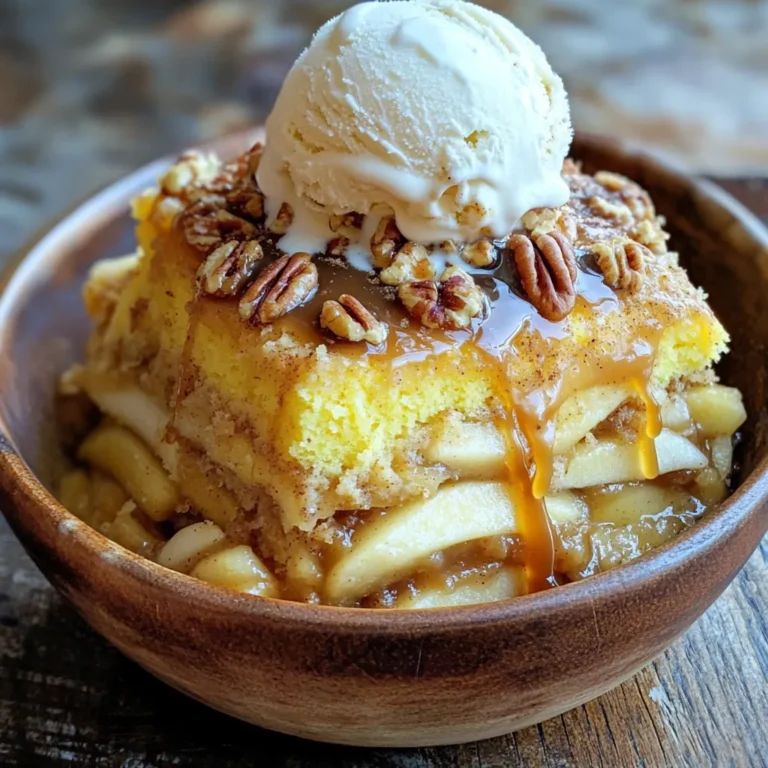 - 2 cans (21 oz each) apple pie filling - 1 teaspoon cinnamon - 1 box (15.25 oz) yellow cake mix - 1 cup unsalted butter, melted - 1 cup caramel sauce - 1 cup chopped pecans (optional) - Vanilla ice cream, for serving To make this slow cooker caramel apple dump cake, gather your ingredients first. You need two cans of apple pie filling. This gives a sweet and fruity base. Next, grab one teaspoon of cinnamon. It adds warmth and spice to the cake. You will also need one box of yellow cake mix. This makes up the cake layer. For richness, use one cup of melted unsalted butter. It helps to create a moist texture. A cup of caramel sauce is a must for that gooey delight. If you like crunch, consider adding one cup of chopped pecans. They are optional but very tasty. Lastly, have some vanilla ice cream ready for serving. It pairs perfectly with the warm cake. This simple list of ingredients makes it easy to whip up a delicious dessert. Keep these in mind as you prepare to create this delightful treat! - First, combine the apple pie filling and cinnamon in a mixing bowl. Stir this well to spread the cinnamon evenly through the filling. The warm smell of cinnamon will fill your kitchen. It sets the stage for a cozy dessert. - Next, prepare your slow cooker. Spray the inside with non-stick cooking spray. This step helps the cake slide out easily once it’s done. - Now, layer the ingredients. Pour the apple filling mixture into the bottom of the slow cooker. Spread it out evenly. Then, sprinkle the dry yellow cake mix over the top of the apple filling. Do not mix; just let it rest there. - Set the cooking time and temperature next. Cover your slow cooker and cook on low for 3 to 4 hours. You want the top to be golden brown, and the edges should bubble gently. - Checking for doneness is key. After about 3 hours, peek under the lid. If the top looks golden, it’s ready. If not, let it cook a bit longer. - Allow the cake to cool for about 10 to 15 minutes before serving. This helps the flavors settle and makes serving easier. - For ideal serving suggestions, dish it out warm in bowls. Top each serving with a scoop of vanilla ice cream. Drizzle more caramel sauce on top for extra sweetness. This brings your dessert to a whole new level. Enjoy! - Ensuring even cooking: To cook your cake evenly, layer the apple filling on the bottom first. Spread it out well. Sprinkle the dry cake mix on top without stirring. This helps avoid raw spots. - Avoiding soggy cake layers: Drizzle melted butter carefully over the cake mix. This keeps the top from getting too wet. If you add pecans, place them on top of the butter layer. They add a nice crunch. - Adding spices or extracts: Feel free to spice things up! Try adding a pinch of nutmeg or a splash of vanilla extract. This can boost the flavor of your apple pie filling. - Creative topping ideas: When serving, think beyond just ice cream. Add whipped cream, or sprinkle chopped nuts on top. A drizzle of caramel sauce makes it even better. You can also use chocolate sauce for a twist! {{image_2}} You can switch the apple pie filling for other flavors. Cherry and blueberry pie fillings work great. They add a fun twist. Each fruit brings a unique taste that is sure to please everyone. Try mixing different fillings for a layered effect. This gives you a new dessert each time. If you need gluten-free options, use a gluten-free cake mix. Many brands make tasty alternatives. For vegan choices, replace the butter with coconut oil. You can also swap the caramel sauce for a vegan version. These small changes keep the dessert just as delicious while meeting your needs. You can change up the toppings for more variety. Instead of pecans, try walnuts or almonds. Each nut adds a different crunch and flavor. For a fun twist, swap the caramel sauce with chocolate sauce. This creates a rich and sweet dessert that chocolate lovers will adore. Play around with toppings for your perfect blend! After you finish your Slow Cooker Caramel Apple Dump Cake, let it cool. Cooling helps prevent sogginess. Once it cools, wrap the cake in plastic wrap or foil. This keeps it fresh. For best results, store it in an airtight container. This helps it stay moist and tasty. If you don’t have one, you can leave it uncovered. Just remember, uncovered storage may dry it out faster. When you're ready to enjoy leftovers, you can reheat your cake. Use a microwave for quick warming. Place a piece on a plate and heat for about 30 seconds. If you prefer oven reheating, set it to 350°F. Place the cake in a baking dish, cover it with foil, and heat for 10-15 minutes. This keeps the texture nice. As you reheat, check it often. You want it warm but not too hot. Enjoy your cake just like the first time! Can I make this recipe in advance? Yes, you can prepare the layers in advance. Mix the apple pie filling and cinnamon. Layer the filling and cake mix in the slow cooker. Cover it and store it in the fridge. When you're ready, just drizzle the butter and caramel sauce before cooking. How do I know when it's done cooking? Check the top of the cake. It should be golden brown. The edges should bubble a bit. You can also insert a toothpick into the center. If it comes out clean, it’s done. Can I use a different type of cake mix? Absolutely! You can use chocolate, spice, or even white cake mix. Each will give a unique twist. Just remember to adjust any spices based on your choice for the best flavor. What can I serve with Slow Cooker Caramel Apple Dump Cake? I love serving it warm with a scoop of vanilla ice cream. You can also drizzle more caramel sauce on top. Whipped cream or nuts can add a nice touch too! How long does leftovers last? Leftovers can last about 3-4 days in the fridge. Store them in an airtight container. Just reheat a portion in the microwave when you're ready to enjoy it again. This article covered how to make a Slow Cooker Caramel Apple Dump Cake. You learned about the key ingredients, easy preparation, and cooking steps. I shared tips for perfect slow cooking and suggested fun variations. Finally, you discovered smart storage and reheating methods for leftovers. In short, this recipe is simple and delicious. Enjoy making it for family or friends!
