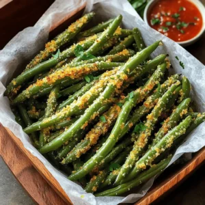 To make Air Fryer Garlic Parmesan Green Bean Fries, you need: - 1 pound fresh green beans, trimmed - 2 tablespoons olive oil - 3 cloves garlic, minced The right seasonings make these fries tasty. You will need: - 1/4 cup grated Parmesan cheese - 1 teaspoon garlic powder - 1/2 teaspoon onion powder - 1/2 teaspoon paprika - Salt and black pepper to taste Garnishes add a nice touch. Consider using: - Fresh parsley, chopped (for garnish) These simple ingredients come together to create a delicious dish. The fresh green beans give a nice crunch. The garlic and cheese pack in flavor. Plus, the spices add warmth and depth. You can feel good about eating these fries because they are fresh and tasty! I start by preheating the air fryer to 375°F (190°C). This step is key to getting crispy fries. Preheating helps cook the green beans evenly. It only takes a few minutes, and it makes a big difference! Next, I take one pound of fresh green beans and trim the ends. This makes them easier to eat. I place the trimmed beans in a large mixing bowl. Then, I drizzle two tablespoons of olive oil over them. I toss the beans gently, ensuring they are coated well. Now comes the fun part! I add three minced garlic cloves to the bowl. Then, I sprinkle in a quarter cup of grated Parmesan cheese. I also add one teaspoon of garlic powder, half a teaspoon of onion powder, and half a teaspoon of paprika. Finally, I season with salt and black pepper to taste. I toss everything until the green beans are well-coated. Next, I arrange the green beans in a single layer in the air fryer basket. If my air fryer is small, I may need to cook them in batches. I air fry the green beans for 8-10 minutes. Halfway through, I shake the basket to help them crisp up. I watch them closely to avoid burning. Once golden and crispy, I remove them from the fryer. Sometimes, I sprinkle on a bit more Parmesan for extra flavor. Finally, I garnish with chopped parsley before serving. To get that perfect crispiness, start by drying the green beans well. Excess water can make them soggy. Use a clean kitchen towel to pat them dry. Next, make sure to toss them well in olive oil. This helps them crisp up nicely. Spread the green beans in a single layer in the air fryer. Crowding the basket can lead to uneven cooking. If you want extra crunch, air fry a few minutes longer. Just watch them closely to avoid burning. Seasoning makes all the difference. Feel free to taste the coating before cooking. If you like more garlic, add extra minced garlic or garlic powder. Want a kick? Try adding a pinch of cayenne pepper. Remember, balance is key! You can also mix in some fresh herbs like thyme or rosemary for a twist. Adjust the salt and pepper to your liking. The cheese adds flavor, but you can always add more for a richer taste. If you have many green beans, cook them in batches. The air fryer works best when it’s not overcrowded. Cooking in smaller amounts helps them crisp up evenly. After each batch, you can keep the cooked fries warm in an oven set to low heat. This way, all your green bean fries will be hot and crispy when you serve them. Enjoy your delicious creation with friends and family! {{image_2}} You can switch up the cheese in this recipe. Try using cheddar, feta, or even blue cheese. Each type adds a unique flavor. Cheddar gives a sharp taste, while feta adds a creamy touch. Blue cheese offers a bold flavor. Just keep the amount similar to the Parmesan for balance. Want a kick? Add chili powder or cayenne pepper. Start with a small amount. You can always add more if you like it spicy. For a smoky flavor, try adding smoked paprika. These spices will make your green bean fries extra tasty. You don’t have to stick with green beans. Carrots, zucchini, or asparagus work well too. Just cut them into thin strips. Adjust the cooking time based on the vegetable. Thicker veggies might need a few more minutes. This way, you can enjoy a variety of flavors and textures. After cooking, let the green bean fries cool down. Place them in an airtight container. They will stay fresh in the fridge for up to three days. Make sure to separate layers with parchment paper to keep them crisp. To reheat, use the air fryer for the best results. Set it to 350°F (175°C) and heat for about 5 minutes. This method keeps them crispy. You can also use a microwave, but the fries may turn soft. If you want to freeze them, I recommend doing so before cooking. Place the seasoned green beans on a tray and freeze for 1-2 hours. Once frozen, transfer them to a freezer bag. They can last for up to three months. Thaw in the fridge before cooking for best results. Yes, you can make these green bean fries in a conventional oven. Preheat your oven to 425°F (220°C). Follow the same steps as in the air fryer recipe. Spread the green beans on a baking sheet in a single layer. Bake for about 15-20 minutes, turning halfway. This method gives you crispy green beans, too. Air Fryer Garlic Parmesan Green Bean Fries pair well with many dishes. Serve them as a side with grilled chicken or fish. They also make a great snack with a dipping sauce. Try marinara, garlic aioli, or ranch dressing. You can even serve them alongside burgers for a fun twist. To make this recipe vegan, simply skip the Parmesan cheese. You can use nutritional yeast for a cheesy flavor. It adds a nice depth without any dairy. Also, check your olive oil for any additives. This way, you keep the dish tasty and plant-based. Yes, green bean fries are a healthy snack. They are low in calories and high in fiber. Green beans provide vitamins A, C, and K. When you air fry them, you use less oil than traditional frying. This method keeps them crispy while reducing fat. Enjoy these fries guilt-free! We explored how to make tasty Air Fryer Garlic Parmesan Green Bean Fries. First, we covered essential fresh ingredients, seasonings, and optional garnishes. Then, we guided you through preheating the air fryer and preparing the beans. I shared tips for getting the perfect crispiness and ways to adjust flavors. We also talked about fun variations and proper storage methods. In closing, enjoy experimenting with this fun, easy recipe as a healthier snack or side dish. Get creative and have fun in the kitchen!