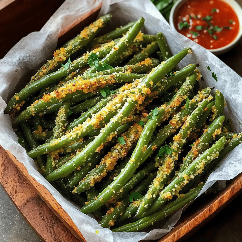 To make Air Fryer Garlic Parmesan Green Bean Fries, you need: - 1 pound fresh green beans, trimmed - 2 tablespoons olive oil - 3 cloves garlic, minced The right seasonings make these fries tasty. You will need: - 1/4 cup grated Parmesan cheese - 1 teaspoon garlic powder - 1/2 teaspoon onion powder - 1/2 teaspoon paprika - Salt and black pepper to taste Garnishes add a nice touch. Consider using: - Fresh parsley, chopped (for garnish) These simple ingredients come together to create a delicious dish. The fresh green beans give a nice crunch. The garlic and cheese pack in flavor. Plus, the spices add warmth and depth. You can feel good about eating these fries because they are fresh and tasty! I start by preheating the air fryer to 375°F (190°C). This step is key to getting crispy fries. Preheating helps cook the green beans evenly. It only takes a few minutes, and it makes a big difference! Next, I take one pound of fresh green beans and trim the ends. This makes them easier to eat. I place the trimmed beans in a large mixing bowl. Then, I drizzle two tablespoons of olive oil over them. I toss the beans gently, ensuring they are coated well. Now comes the fun part! I add three minced garlic cloves to the bowl. Then, I sprinkle in a quarter cup of grated Parmesan cheese. I also add one teaspoon of garlic powder, half a teaspoon of onion powder, and half a teaspoon of paprika. Finally, I season with salt and black pepper to taste. I toss everything until the green beans are well-coated. Next, I arrange the green beans in a single layer in the air fryer basket. If my air fryer is small, I may need to cook them in batches. I air fry the green beans for 8-10 minutes. Halfway through, I shake the basket to help them crisp up. I watch them closely to avoid burning. Once golden and crispy, I remove them from the fryer. Sometimes, I sprinkle on a bit more Parmesan for extra flavor. Finally, I garnish with chopped parsley before serving. To get that perfect crispiness, start by drying the green beans well. Excess water can make them soggy. Use a clean kitchen towel to pat them dry. Next, make sure to toss them well in olive oil. This helps them crisp up nicely. Spread the green beans in a single layer in the air fryer. Crowding the basket can lead to uneven cooking. If you want extra crunch, air fry a few minutes longer. Just watch them closely to avoid burning. Seasoning makes all the difference. Feel free to taste the coating before cooking. If you like more garlic, add extra minced garlic or garlic powder. Want a kick? Try adding a pinch of cayenne pepper. Remember, balance is key! You can also mix in some fresh herbs like thyme or rosemary for a twist. Adjust the salt and pepper to your liking. The cheese adds flavor, but you can always add more for a richer taste. If you have many green beans, cook them in batches. The air fryer works best when it’s not overcrowded. Cooking in smaller amounts helps them crisp up evenly. After each batch, you can keep the cooked fries warm in an oven set to low heat. This way, all your green bean fries will be hot and crispy when you serve them. Enjoy your delicious creation with friends and family! {{image_2}} You can switch up the cheese in this recipe. Try using cheddar, feta, or even blue cheese. Each type adds a unique flavor. Cheddar gives a sharp taste, while feta adds a creamy touch. Blue cheese offers a bold flavor. Just keep the amount similar to the Parmesan for balance. Want a kick? Add chili powder or cayenne pepper. Start with a small amount. You can always add more if you like it spicy. For a smoky flavor, try adding smoked paprika. These spices will make your green bean fries extra tasty. You don’t have to stick with green beans. Carrots, zucchini, or asparagus work well too. Just cut them into thin strips. Adjust the cooking time based on the vegetable. Thicker veggies might need a few more minutes. This way, you can enjoy a variety of flavors and textures. After cooking, let the green bean fries cool down. Place them in an airtight container. They will stay fresh in the fridge for up to three days. Make sure to separate layers with parchment paper to keep them crisp. To reheat, use the air fryer for the best results. Set it to 350°F (175°C) and heat for about 5 minutes. This method keeps them crispy. You can also use a microwave, but the fries may turn soft. If you want to freeze them, I recommend doing so before cooking. Place the seasoned green beans on a tray and freeze for 1-2 hours. Once frozen, transfer them to a freezer bag. They can last for up to three months. Thaw in the fridge before cooking for best results. Yes, you can make these green bean fries in a conventional oven. Preheat your oven to 425°F (220°C). Follow the same steps as in the air fryer recipe. Spread the green beans on a baking sheet in a single layer. Bake for about 15-20 minutes, turning halfway. This method gives you crispy green beans, too. Air Fryer Garlic Parmesan Green Bean Fries pair well with many dishes. Serve them as a side with grilled chicken or fish. They also make a great snack with a dipping sauce. Try marinara, garlic aioli, or ranch dressing. You can even serve them alongside burgers for a fun twist. To make this recipe vegan, simply skip the Parmesan cheese. You can use nutritional yeast for a cheesy flavor. It adds a nice depth without any dairy. Also, check your olive oil for any additives. This way, you keep the dish tasty and plant-based. Yes, green bean fries are a healthy snack. They are low in calories and high in fiber. Green beans provide vitamins A, C, and K. When you air fry them, you use less oil than traditional frying. This method keeps them crispy while reducing fat. Enjoy these fries guilt-free! We explored how to make tasty Air Fryer Garlic Parmesan Green Bean Fries. First, we covered essential fresh ingredients, seasonings, and optional garnishes. Then, we guided you through preheating the air fryer and preparing the beans. I shared tips for getting the perfect crispiness and ways to adjust flavors. We also talked about fun variations and proper storage methods. In closing, enjoy experimenting with this fun, easy recipe as a healthier snack or side dish. Get creative and have fun in the kitchen!