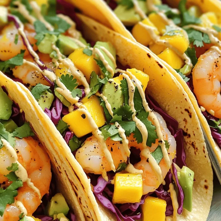 - 1 lb shrimp, peeled and deveined - 1 ripe mango, diced - 2 ripe avocados, diced - 1 cup red cabbage, finely shredded - 1 small red onion, finely chopped - 1 jalapeño, deseeded and minced - 2 tablespoons lime juice - 2 tablespoons olive oil - 1 teaspoon chili powder - 1 teaspoon cumin - Salt and pepper to taste - 8 small corn tortillas - Fresh cilantro, for garnish For this dish, I use shrimp for protein. You can swap shrimp for chicken or fish for a twist. If you prefer a vegetarian option, try black beans or grilled tofu. The mango adds sweetness. You can use pineapple if you want a different flavor. Avocados bring creaminess, but feel free to use Greek yogurt as a substitute. To elevate the flavor, consider adding garlic or ginger to the shrimp marinade. A splash of hot sauce gives it extra kick. You can also sprinkle some crumbled queso fresco on top for a salty bite. Try adding lime zest for a bright finish. These options can make your tacos even more special! Start by marinating the shrimp. In a medium bowl, combine the shrimp with lime juice, olive oil, chili powder, cumin, salt, and pepper. Mix well to coat each shrimp. Let it rest for at least 15 minutes. This helps the shrimp soak in all the flavors. Next, prepare the salsa. In another bowl, add diced mango, diced avocado, chopped red onion, and minced jalapeño. Sprinkle in a pinch of salt. Gently mix everything together. This creates a fresh and vibrant salsa that pairs perfectly with the shrimp. Now it's time to cook the shrimp. Heat a large skillet over medium-high heat. Add the marinated shrimp to the skillet. Cook for 2-3 minutes on each side. They should turn pink and opaque when done. Remove them from heat once cooked. While the shrimp cools, warm the tortillas. Use a separate pan to lightly warm each corn tortilla. Heat them for about 30 seconds on each side. This makes them soft and easy to fold. Assemble the tacos on the warm tortillas. Start with a handful of shredded red cabbage on each tortilla. Then, add a few pieces of shrimp on top. Finally, spoon a generous amount of the mango avocado salsa over the shrimp. For the finishing touch, garnish the tacos. Sprinkle fresh cilantro over each taco. This adds a burst of flavor and makes the tacos look appealing. Serve them right away, while the tortillas are warm. To cook shrimp well, start with fresh or thawed shrimp. First, marinate the shrimp for flavor. Use lime juice, olive oil, chili powder, cumin, salt, and pepper. Let it sit for at least 15 minutes. This step makes shrimp juicy and full of taste. When ready, heat a large skillet over medium-high heat. Add the marinated shrimp and cook for 2-3 minutes on each side. Look for a pink and opaque color to know they are done. Avoid overcooking, as shrimp can become rubbery. For the best tacos, choose corn tortillas. They add a nice flavor and texture. Look for small, soft corn tortillas. Warm them up in a dry pan for about 30 seconds on each side. This helps them become pliable and tasty. You can also use flour tortillas if you prefer. They are softer but may not have the same flavor as corn. To make your tacos even better, try adding fresh lime juice on top. It adds brightness. You can also sprinkle some chili flakes for extra heat. If you like crunch, add more shredded cabbage. Fresh cilantro adds a lovely herb taste. Try using different fruits in the salsa too, like pineapple or peach, for a fun twist. {{image_2}} If you love heat, add more spice to your tacos. Consider these options: - Extra jalapeños: Chop up more jalapeños and mix them in. This will add a nice kick. - Hot sauce: Drizzle your favorite hot sauce over the tacos before serving. - Chipotle powder: Swap chili powder for chipotle powder for a smoky flavor. These spicy additions will make your tastebuds dance! You can easily make these tacos vegetarian. Here are some ideas: - Grilled veggies: Replace shrimp with grilled bell peppers, zucchini, or mushrooms. - Tofu: Use marinated tofu instead of shrimp. It absorbs flavors well and adds protein. - Beans: Black beans or chickpeas can create a hearty filling. These swaps give you a tasty plant-based option! For a low-carb version, try these changes: - Lettuce wraps: Instead of tortillas, use large lettuce leaves to hold your filling. - Cauliflower rice: Swap corn tortillas for cauliflower rice. This keeps it low-carb and filling. - Skip the fruit: Reduce the mango for fewer carbs. You can still have avocado for creaminess. These modifications let you enjoy tacos while keeping carbs down! To store leftover tacos, keep the shrimp and salsa separate. Place the shrimp in an airtight container. Use plastic wrap on the salsa to keep it fresh. Store both in the fridge for up to two days. Corn tortillas can get soggy. So, wrap them in a paper towel and place them in a zip-top bag. This keeps them from drying out. You can freeze shrimp if you have extra. Place the marinated shrimp in a single layer on a baking sheet. Freeze for about an hour, then transfer them to a freezer bag. This way, they won’t clump together. The mango and avocado salsa does not freeze well. Avocados can turn brown and mushy when frozen. It’s best to make the salsa fresh. To reheat shrimp, use a skillet. Heat it on medium-low. Add a splash of olive oil and gently cook the shrimp until warm. This keeps them juicy. For tortillas, warm them in a dry pan. Heat each side for about 30 seconds. This refreshes the texture and makes them soft again. Enjoy your tacos fresh and tasty! Yes, you can use frozen shrimp. Just make sure to thaw it first. Place the shrimp in a bowl of cold water for quick thawing. Once thawed, peel and devein as needed. The taste and texture will still be great. If you don’t have corn tortillas, you can use flour tortillas. You can also try lettuce wraps for a low-carb option. Both will hold the shrimp and toppings well. Just warm them up before filling. These tacos have a mild heat level. The jalapeño brings some spice, but you can adjust it. If you want more heat, keep some seeds in the jalapeño. For less heat, use a smaller amount or skip it. Yes, you can make the salsa ahead of time. It stays fresh in the fridge for about a day. Just mix the mango, avocado, onion, and jalapeño. For best flavor, add lime juice right before serving. This article covered all you need for tasty shrimp tacos. We looked at ingredients, cooking steps, and tips for the best flavors. You learned about marinating shrimp, making fresh salsa, and choosing the right tortillas. Remember to explore variations like spicy options or vegetarian swaps. Store leftovers properly to enjoy them later. Follow these steps, and you’ll impress everyone with your shrimp tacos. Enjoy your cooking adventure!
