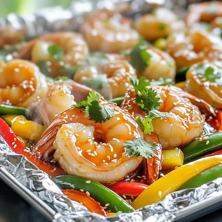 - 1 pound large shrimp, peeled and deveined - 3 tablespoons honey - 2 tablespoons soy sauce or tamari - 3 cloves garlic, minced The main ingredients for honey garlic shrimp foil packs are simple yet full of flavor. Using large shrimp gives you a nice bite. The honey adds a sweet touch, while soy sauce brings depth. Fresh garlic gives a bold taste that makes the dish shine. - 1 bell pepper, sliced into strips - 1 cup snap peas, trimmed - Fresh cilantro or green onions for garnish Adding vegetables makes this dish colorful and healthy. I love using bell peppers for their crunch and sweetness. Snap peas add freshness, while cilantro or green onions give a final pop of flavor. - 2 tablespoons olive oil - 1 teaspoon sesame seeds (optional) - Salt and pepper to taste Olive oil helps the shrimp and veggies cook evenly. Seasoning with salt and pepper brings all the flavors together. Sesame seeds add a nice crunch if you choose to use them. - Preheat your grill or oven to 400°F (200°C). - Cut four large pieces of aluminum foil, about 12 inches each, and lay them flat. - In a small bowl, whisk together 3 tablespoons of honey, 2 tablespoons of soy sauce, 3 cloves of minced garlic, and 1 tablespoon of grated ginger. Mix until smooth. - In a medium bowl, toss 1 pound of peeled and deveined shrimp with 2 tablespoons of olive oil, salt, and pepper. - Divide the shrimp evenly onto the four pieces of foil. - Top each shrimp portion with sliced bell pepper and snap peas. - Spoon the honey garlic sauce over the shrimp and veggies in each pack. - Fold the sides of the foil over the shrimp and veggies, sealing the packs tightly. - Cook the foil packs on the grill or in the oven for 12-15 minutes. The shrimp should be pink and opaque, and the veggies tender. To cook shrimp just right, look for a few signs. Cooked shrimp turn pink and curl slightly. They should feel firm but not rubbery. For different shrimp sizes, adjust your cooking time. Larger shrimp take longer, while smaller shrimp cook faster. Aim for 12-15 minutes if you're using large shrimp. Always check to ensure they are fully cooked. To boost flavor, think about adding spices or herbs. Some great options include red pepper flakes or fresh basil. If you want a twist, try adding lime juice or chili paste. For those with dietary needs, substitute soy sauce with tamari for gluten-free. You can also use coconut aminos for a different taste. To prevent sticking, use enough olive oil in your pack. This helps the shrimp and veggies cook well. When sealing the foil, fold it tightly but gently. This keeps the steam inside and prevents tearing. For easy cleanup, line your baking tray with parchment paper. This way, any drips will not stick to your pan. {{image_2}} You can switch out shrimp for other proteins. Chicken is a great choice. Use boneless, skinless chicken breasts. Cut them into bite-sized pieces. Tofu is perfect for a vegetarian option. Use firm or extra-firm tofu for the best texture. Fish also works well; try salmon or tilapia. Just adjust cooking times based on the protein you choose. Want to mix things up? Try different sauces for unique flavors. Teriyaki sauce adds a sweet and savory taste. For a bright twist, use lemon garlic sauce. If you like heat, add some chili flakes or hot sauce. Each option gives the dish a fresh spin while keeping it easy. Seasonal veggies can elevate your foil packs. In spring, use asparagus and baby carrots. Summer is great for zucchini and corn. In autumn, add butternut squash or Brussels sprouts. Winter is perfect for hearty root vegetables like parsnips and sweet potatoes. Fresh ingredients not only taste better but also boost nutrition. To store leftover foil packs, let them cool first. Then, place them in an airtight container. You can also wrap them in plastic wrap or foil. Store them in the fridge for up to three days. When you are ready to enjoy them again, check for any signs of spoilage before heating. If you want to save the cooked shrimp, freezing is a great option. Allow the foil packs to cool completely. Then, transfer the shrimp and veggies to a freezer-safe bag. Remove as much air as possible before sealing. You can keep them frozen for up to three months. Label the bags with the date, so you know when to use them. To reheat your leftover meals, there are a few safe methods. You can use the microwave, oven, or stovetop. For the microwave, place the pack on a microwave-safe plate and heat for about 2-3 minutes. If using the oven, preheat it to 350°F (175°C) and heat for about 10 minutes. For the stovetop, add a little water to a pan, place the pack inside, and cover. Heat on low until warm. Always check that the shrimp are heated through before serving. Yes, you can cook Honey Garlic Shrimp Foil Packs in the oven. Preheat your oven to 400°F (200°C). Use aluminum foil to create your packs, just like on the grill. Place the sealed packs on a baking sheet for easy handling. Cook for about 12-15 minutes or until the shrimp turn pink and the veggies are tender. This method keeps the shrimp juicy and full of flavor. You can serve Honey Garlic Shrimp Foil Packs with a variety of tasty sides. Here are some great options: - Steamed rice or quinoa for a filling base - A fresh green salad for a light touch - Grilled corn on the cob for sweetness - Garlic bread for a comforting addition These sides balance the meal and add more textures and flavors. To check if the shrimp are cooked, look for a few signs. The shrimp should turn pink and opaque. They also curl into a C shape. If they are still gray or translucent, they need a bit more time. You can always cut one open to check; it should be white and firm. This way, you ensure the shrimp are delicious and safe to eat. This recipe for Honey Garlic Shrimp Foil Packs combines tasty shrimp and fresh veggies. You learned how to make it step-by-step, from preparation to cooking. I also shared storage tips and variations to suit your taste. These foil packs are easy to make and clean up. You can impress your friends and family with this dish. Remember, enjoy getting creative with the ingredients!