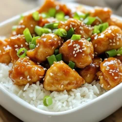 - 1 lb boneless chicken breast, cut into bite-sized pieces - 1/2 cup cornstarch - 2 tablespoons vegetable oil - 1/4 cup honey - 1/4 cup low-sodium soy sauce - 2 tablespoons rice vinegar - 2 teaspoons sesame oil - 1 tablespoon fresh ginger, minced - 2 garlic cloves, minced - 2 tablespoons sesame seeds - 3 green onions, chopped This recipe starts with the star of the dish: boneless chicken breast. It cooks up nice and tender. Next, we coat the chicken in cornstarch. This gives it a crispy edge that makes each bite so much better. For the sauce, I use honey. It adds sweetness and pairs well with soy sauce. Low-sodium soy sauce helps keep the dish tasty without too much salt. Rice vinegar adds a bit of tang, while sesame oil gives it a warm, nutty flavor. Aromatics play a big role here. Fresh ginger gives a zing, and minced garlic adds a nice aroma. After cooking, I top the dish with sesame seeds and chopped green onions. They give the dish a beautiful look and extra flavor. Using these ingredients, you create a meal that is better than takeout. You get bright flavors and a great texture. Plus, it’s easy to make at home! 1. Coating with cornstarch Start by placing 1 pound of boneless chicken breast, cut into bite-sized pieces, in a mixing bowl. Add 1/2 cup of cornstarch and toss the chicken well until it gets a nice, even coat. This step adds crispiness when you cook the chicken. 2. Cooking the chicken to golden brown Heat 2 tablespoons of vegetable oil in a large skillet or wok over medium-high heat. Once the oil is hot, add the chicken in a single layer. Cook for about 5 to 7 minutes, flipping the pieces occasionally. You want them to turn golden brown and be fully cooked. Remove the chicken from the pan and set it aside. 1. Sautéing ginger and garlic In the same pan, lower the heat to medium. Add 1 tablespoon of minced fresh ginger and 2 minced garlic cloves. Sauté them for about 30 seconds. You want to smell that wonderful aroma. 2. Mixing sauce ingredients In a separate bowl, mix together 1/4 cup of honey, 1/4 cup of low-sodium soy sauce, 2 tablespoons of rice vinegar, and 2 teaspoons of sesame oil. Also, add salt and pepper to taste. Carefully pour this mixture into the skillet with the ginger and garlic. 1. Thickening the sauce Let the sauce cook for about 2 to 3 minutes. This helps it to thicken nicely. 2. Mixing chicken with sauce and garnishing Return the cooked chicken to the pan. Toss it in the sauce until each piece is coated evenly. Cook for an additional minute. Before serving, sprinkle 2 tablespoons of sesame seeds and 3 chopped green onions over the top. This adds a nice crunch and a pop of color to your dish. Serve your Better Than Takeout Honey Sesame Chicken hot, over steamed rice or stir-fried veggies. Enjoy the taste of takeout right from your kitchen! To cook chicken evenly, cut it into small pieces. This helps all the pieces cook at the same time. Use a large skillet or wok to give the chicken space. Hot oil is key. Heat the oil until it shimmers. This helps the chicken brown well. Flip it only when it's golden. This creates a crisp outside. If you need alternatives, try maple syrup instead of honey. It gives a nice sweetness. For soy sauce, use tamari for a gluten-free choice. You can also use coconut aminos. This sauce is less salty but still tasty. If you want veggies, try bell peppers or broccoli. They add color and crunch. Serve your Honey Sesame Chicken over steamed rice or stir-fried veggies. Rice soaks up the sauce well. For a pop of color, add extra sesame seeds on top. Chopped green onions add freshness and look great. Use a nice plate to make your meal shine. {{image_2}} You can make baked honey sesame chicken for a lighter option. Just coat the chicken with cornstarch and place it on a baking sheet. Bake at 400°F (200°C) for about 20 minutes. This method cuts down on oil and fat while still giving you a crispy texture. For a low-sodium version, use low-sodium soy sauce and reduce the honey. You can also swap honey for a sugar-free sweetener. This keeps the great taste while making it friendlier for your diet. Want to spice things up? Add chili sauce to the sauce mix. A teaspoon or two will give your dish a nice kick. You can adjust the heat to your liking. You can also change up the veggies in this recipe. Try adding bell peppers, broccoli, or snap peas. These not only add color but also boost nutrition. Try a Korean-style honey sesame chicken by adding gochujang, a Korean chili paste. This gives a sweet and spicy flavor that is hard to resist. For a Thai peanut variation, mix in some peanut butter with the sauce. This will create a creamy texture that pairs well with the chicken. Top it off with crushed peanuts for extra crunch. Honey sesame chicken stays fresh in the fridge for about three days. To store it, place the chicken in an airtight container. This helps keep out air and moisture. You can also cover it tightly with plastic wrap. Make sure to let it cool down before sealing to avoid steam buildup. You can freeze honey sesame chicken for up to three months. To do this, let the chicken cool completely. Then, place it in a freezer-safe bag or container. Be sure to remove as much air as possible. When you're ready to eat, thaw it in the fridge overnight. To reheat, warm it in a skillet over medium heat. You can also use the microwave, but be careful not to overcook it. Making a large batch of honey sesame chicken is a great idea. You can enjoy it throughout the week. Pair it with steamed rice or stir-fried vegetables for a complete meal. Store the chicken and sides separately to keep everything fresh. This way, you can mix and match for variety. Yes, you can use chicken thighs. They are juicier and more flavorful. - Pros of chicken thighs: - They stay moist and tender. - They have a richer taste. - Cons of chicken thighs: - They have more fat. - They may take longer to cook. Both cuts work well. Choose based on your taste and health needs. To add heat, try these ideas: - Add a teaspoon of chili garlic sauce. - Mix in some red pepper flakes. - Toss in sliced fresh chili peppers. Start with a small amount and taste as you go. You can always add more if you want it spicier! Yes, you can make this recipe gluten-free. Use these alternatives: - Choose gluten-free soy sauce. - Use tamari instead of regular soy sauce. These swaps keep the flavor while making it safe for those with gluten sensitivities. Enjoy your meal without worry! This blog post covered how to make honey sesame chicken. We discussed the key ingredients, cooking steps, tips, and variations. You can enjoy this dish with rice or vegetables. Remember to store leftovers well for later meals. Whether you want a spicy kick or a healthier version, there are many ways to customize your dish. I hope you feel ready to try this recipe. Cooking can be fun and simple with the right guide and ideas!