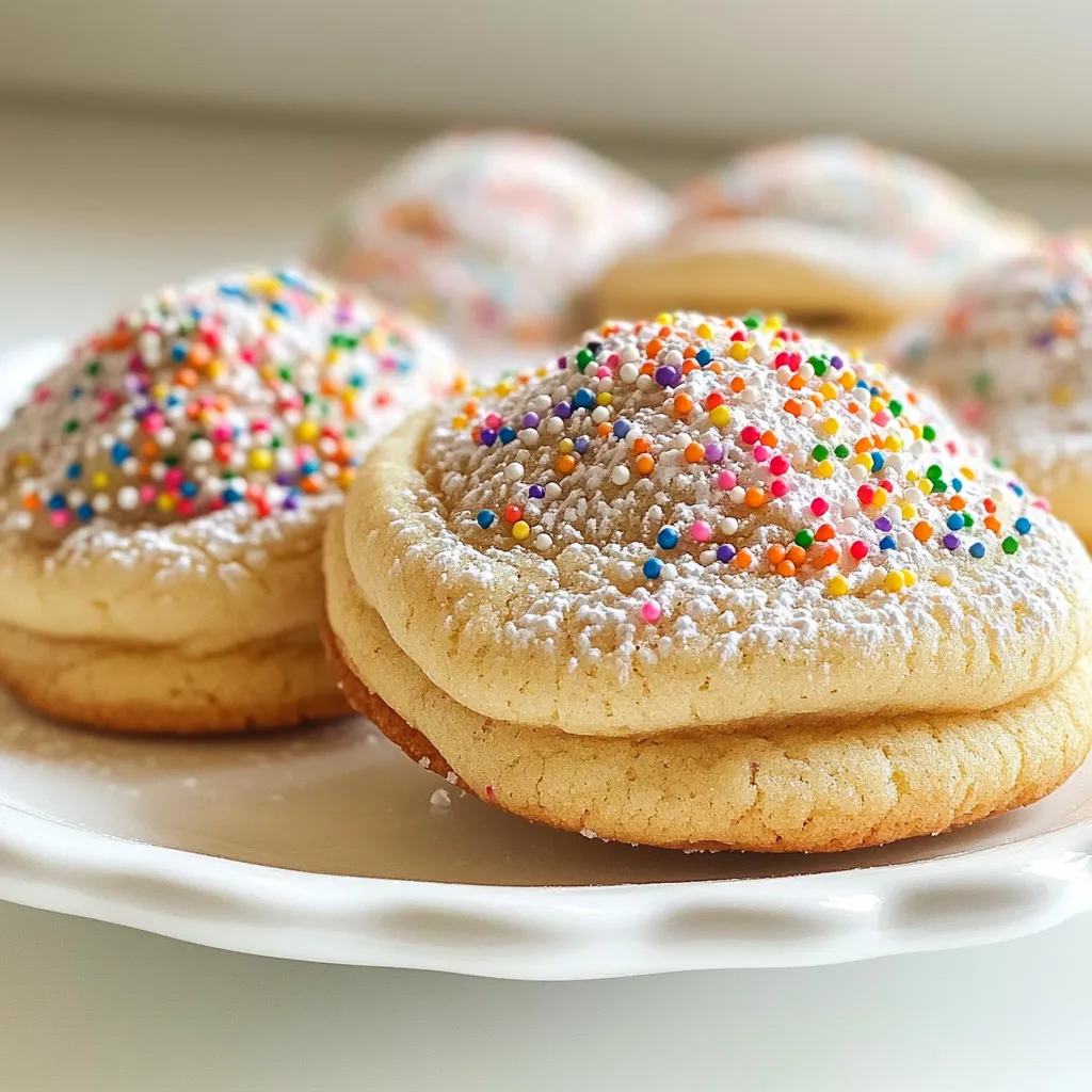 To make bakery-style Funfetti sugar cookies, gather the following ingredients: - 2 ¾ cups all-purpose flour - 1 teaspoon baking soda - ½ teaspoon baking powder - 1 teaspoon salt - 1 cup unsalted butter, softened - 1 ½ cups granulated sugar - 1 large egg - 1 teaspoon vanilla extract - ½ teaspoon almond extract - ½ cup rainbow sprinkles (plus more for topping) - ½ cup powdered sugar (for rolling) Using these fresh ingredients makes a big difference in flavor and texture. The butter should be soft but not melted. This helps create a light, fluffy cookie. You can find rainbow sprinkles at most grocery stores. They add fun color and crunch. Make sure to measure your flour correctly. Too much flour can make cookies dry. Use a spoon to scoop flour into your measuring cup, then level it off. This small step keeps your cookies soft and chewy. Now, you are ready for the next steps in the recipe! - Preheat your oven to 350°F (175°C). - Line a baking sheet with parchment paper. - In a medium bowl, whisk together: - 2 ¾ cups all-purpose flour - 1 teaspoon baking soda - ½ teaspoon baking powder - 1 teaspoon salt Set this mixture aside. - In a large mixing bowl, cream together: - 1 cup unsalted butter, softened - 1 ½ cups granulated sugar Use an electric mixer on medium speed until the mixture is light and fluffy. This should take about 2 to 3 minutes. - Add to the butter mixture: - 1 large egg - 1 teaspoon vanilla extract - ½ teaspoon almond extract Beat until everything is mixed well. - Gradually add the dry ingredients to the wet mixture. Mix on low speed until just combined. Be careful! Overmixing will change the cookie texture. - Gently fold in: - ½ cup rainbow sprinkles Make sure the sprinkles are evenly spread in the dough. - Roll the cookie dough into balls, about 1.5 inches in diameter. - Roll each ball in: - ½ cup powdered sugar Make sure each ball is fully coated. - Place the coated balls on the prepared baking sheet. Space them about 2 inches apart. - Flatten each ball slightly with the palm of your hand. - Top each cookie with a few extra rainbow sprinkles for that cheerful touch. - Bake in the preheated oven for 10-12 minutes. The edges should be lightly golden. The centers may look slightly underbaked; this is fine as they will firm up while cooling. - Remove the cookies from the oven. Let them cool on the baking sheet for 5 minutes. Then, transfer them to a wire rack to cool completely. To get that bakery-style texture, do not overmix the dough. Overmixing can lead to tough cookies. Mix just until the dry ingredients blend in. Measuring flour properly is key. Use a spoon to scoop flour into your measuring cup. Then level it off with a knife. This method helps prevent too much flour in your dough. You can add fun flavors to your cookies. Try using different extracts, like coconut or lemon. These can add a twist to the classic taste. When it comes to sprinkles, choose your favorites! You can mix traditional rainbow sprinkles with themed ones. Seasonal or holiday sprinkles can make your cookies stand out. Make your cookies shine by decorating them. Drizzle melted chocolate on top or add a sprinkle of sea salt. This contrast adds visual appeal and flavor. Serve funfetti cookies on a bright plate. You can stack them high for a fun display. Pair them with milk or a scoop of ice cream for a treat everyone will love. {{image_2}} You can change up your Funfetti cookies with some fun add-ins. Here are two great options: - Chocolate chips: Adding 1 cup of chocolate chips will give your cookies a rich taste. The mix of sprinkles and chocolate is always a hit. - Nuts or dried fruits: Chopped nuts or dried fruits can add a nice crunch. Consider using walnuts or cranberries for a unique twist. If you have dietary needs, you can still enjoy these cookies. Here are some simple swaps: - Gluten-free options: Use a gluten-free flour blend instead of all-purpose flour. This keeps the texture light and fluffy. - Vegan substitutions: Replace the egg with a flax egg. Mix 1 tablespoon of ground flaxseed with 2.5 tablespoons of water. Let it sit for a few minutes until it thickens. You can adapt these cookies for any season or holiday. Here are some ideas: - Holiday-themed sprinkles: For Christmas, use red and green sprinkles. For Easter, pastel colors are perfect. - Flavor variations for different occasions: Swap vanilla extract for peppermint extract in winter. For a summer treat, try coconut extract for a tropical flavor. To keep your funfetti sugar cookies fresh, use an airtight container. Glass or plastic containers work best. You can also stack cookies with parchment paper in between to prevent sticking. Your cookies will stay fresh for up to one week at room temperature. If you want them to last longer, consider freezing them. To freeze unbaked dough, shape the cookie balls first. Place them on a baking sheet and freeze until firm. Once frozen, transfer them to a zip-top bag. They can last for up to three months. When you’re ready to bake, just add a few extra minutes to the baking time. You can also freeze baked cookies. Let them cool completely, then wrap each cookie tightly in plastic wrap. Place them in a freezer-safe bag or container. They will stay fresh for about three months. If your cookies become hard, you can soften them. Place a slice of bread in the container with the cookies. The moisture from the bread will help soften them. This trick usually takes a few hours. When reheating, the best method is to use the oven. Preheat to 300°F (150°C). Place cookies on a baking sheet and warm for about 5 minutes. This restores their soft texture. You can also use a microwave, but only for a few seconds. Be careful not to overheat them, or they will become tough. How do I know when the cookies are done? You can tell the cookies are done when the edges are golden brown. The centers may look soft, but they will firm up as they cool. Can I use margarine instead of butter? Yes, you can use margarine. However, butter gives the best flavor and texture. What if my dough is too sticky? If your dough is sticky, add a bit more flour. Start with one tablespoon at a time until the dough is easier to handle. What can I use instead of almond extract? If you don't have almond extract, use more vanilla extract. You can also try coconut extract for a fun twist. Can I replace granulated sugar with brown sugar? Yes, you can use brown sugar. It will make the cookies a bit chewier and add a nice flavor. What drinks pair well with funfetti cookies? Funfetti cookies go great with milk, coffee, or even a sweet iced tea. The flavors balance nicely with the cookies. Can these cookies be used for dessert sandwiches? Absolutely! These cookies work well as dessert sandwiches. Just add frosting or ice cream between two cookies for a tasty treat. In this blog post, we explored the yummy world of funfetti cookies. We covered the key ingredients, easy steps, and tips for the best texture. Remember, you can make these cookies your own with different add-ins or flavors. Proper storage keeps them fresh, and you'll impress everyone with your baking. Enjoy making and sharing these cookies for any occasion!