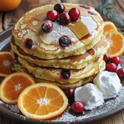 - 1 cup all-purpose flour - 1/2 cup ricotta cheese - 2 eggs - 1/2 cup milk - 1/4 cup granulated sugar - 1 teaspoon baking powder - 1/2 teaspoon baking soda - Zest of 1 orange - 1/2 cup fresh or dried cranberries - 1 teaspoon vanilla extract - Pinch of salt - Butter or oil for cooking - Flour: 1 cup gives a good base for the pancakes. - Ricotta cheese: 1/2 cup adds creaminess and richness. - Eggs: 2 eggs help bind the batter. - Milk: 1/2 cup keeps the batter moist. - Sugar: 1/4 cup brings sweetness to balance the tart cranberries. - Baking powder: 1 teaspoon helps the pancakes rise. - Baking soda: 1/2 teaspoon adds fluffiness. - Orange zest: From 1 orange, it gives a bright flavor. - Cranberries: 1/2 cup adds bursts of tartness. - Vanilla extract: 1 teaspoon enhances the overall flavor. - Salt: A pinch balances sweetness. - Butter or oil: For cooking, it prevents sticking. - All-purpose flour: Use whole wheat flour for more fiber. - Ricotta cheese: Cottage cheese can work in a pinch. - Milk: Almond or oat milk are great dairy-free options. - Granulated sugar: Substitute with honey or maple syrup for natural sweetness. - Fresh cranberries: Dried cranberries or blueberries can be used instead. - Butter: Use coconut oil for a dairy-free version. To make these orange cranberry ricotta pancakes, gather your ingredients first. You will need flour, ricotta cheese, eggs, milk, sugar, baking powder, baking soda, orange zest, cranberries, vanilla extract, and salt. Prepare your workspace by clearing a counter or table. This makes cooking smoother and more fun. 1. In a large bowl, whisk together: - 1 cup all-purpose flour - 1/4 cup granulated sugar - 1 teaspoon baking powder - 1/2 teaspoon baking soda - A pinch of salt Mix these dry ingredients well. 2. In a separate bowl, blend together: - 1/2 cup ricotta cheese - 2 eggs - 1/2 cup milk - 1 teaspoon vanilla extract - Zest of 1 orange Stir until smooth and creamy. 3. Pour the wet mixture into the dry mix. Gently fold them together. It’s fine if there are small lumps. 4. Add in 1/2 cup cranberries, folding them in carefully. This adds bursts of flavor. 5. Heat a non-stick skillet over medium heat. Add a little butter or oil to coat the surface. 6. For each pancake, pour about 1/4 cup of batter onto the skillet. Cook for 2-3 minutes. Look for bubbles on top and edges that look set. 7. Flip the pancakes. Cook for another 2-3 minutes until they turn golden brown. 8. Remove the pancakes and keep them warm. Repeat with the remaining batter. - Use room temperature ingredients for a fluffier texture. - Do not overmix the batter; lumps help keep pancakes tender. - Adjust the heat if pancakes cook too fast or slow. - Always grease the pan between batches to avoid sticking. To make fluffy pancakes, start with fresh ingredients. Use baking powder and baking soda that are not expired. Mix the dry and wet ingredients separately first. This helps keep the pancakes light. When combining them, fold gently. This keeps air in the batter. A few lumps are okay; overmixing can make them tough. One big mistake is using cold ingredients. Always use room temperature eggs and milk. Another mistake is cooking on too high heat. Medium heat works best for even cooking. Don't forget to grease your skillet. Butter or oil prevents sticking and helps with browning. Lastly, avoid pressing down on the pancakes while they cook. This can deflate them and ruin the fluffiness. These pancakes shine with toppings! Drizzle maple syrup for sweetness. Fresh or dried cranberries add a nice touch. You can also sprinkle powdered sugar for a festive look. For a fun twist, add orange slices on top. A dollop of whipped cream makes them extra special. You can even mix in nuts for crunch. Enjoy them warm for the best taste! {{image_2}} You can easily change some ingredients to fit your needs. For a gluten-free option, use almond flour or a gluten-free blend instead of all-purpose flour. If you want to avoid dairy, swap the ricotta cheese for silken tofu or a dairy-free cream cheese. You can also use almond or oat milk in place of regular milk. These swaps keep the flavor while making the pancakes suitable for different diets. You can add new flavors to make these pancakes even more fun. If you like lemon, replace the orange zest with lemon zest. This gives the pancakes a bright and fresh taste. You can also mix in chocolate chips for a sweet twist. Just fold them into the batter with the cranberries. Other options include adding cinnamon or nutmeg for a warm spice flavor. These changes let you customize the pancakes to your taste. If you need to change the serving size, it's easy to do. The recipe makes about four servings. If you want to serve more people, just double the ingredients. You can also cut the recipe in half for a smaller meal. Use a measuring cup to keep track of the amounts. This way, you always have the right balance of flavors in your pancakes. To keep your leftover pancakes fresh, stack them neatly. Place a sheet of parchment paper between each pancake. This prevents sticking and helps maintain their shape. Store them in an airtight container in the fridge. They will last for up to three days. If you want to keep them longer, freezing is a great option. To freeze pancakes, stack them with parchment paper between each one. Then, wrap the stack tightly in plastic wrap and place it in a freezer-safe bag. Your pancakes can last for up to three months in the freezer. When you’re ready to eat, you can reheat them in the toaster or microwave. For the toaster, 2-3 minutes at medium heat works well. In the microwave, heat for about 30 seconds to 1 minute until warm. Use airtight containers to store your pancakes. Glass containers work well since they don't absorb odors. Plastic containers with tight lids are also good. Make sure the pancakes cool completely before sealing them. This helps prevent moisture buildup, which can make them soggy. Yes, you can make these pancakes ahead of time. Cook the pancakes and let them cool on a wire rack. Once cool, stack them between sheets of parchment paper. Place the stack in an airtight container. They can stay in the fridge for up to three days. To reheat, just warm them in a toaster or microwave. You can make these pancakes dairy-free by swapping ricotta cheese with a dairy-free alternative. Try using almond or coconut yogurt. For milk, use almond, soy, or oat milk. These swaps keep the pancakes tasty and fluffy. These pancakes pair well with many delicious toppings. Maple syrup adds sweetness. Fresh fruit, like berries or banana, gives a fresh touch. You can also add a dollop of whipped cream for creaminess. A sprinkle of nuts adds crunch too. Enjoy experimenting with your favorites! This post covered all you need for perfect pancakes. We discussed the key ingredients, detailed cooking steps, and best tips for fluffiness. You learned about substitutes and variations to meet your needs. Storing leftovers and reheating can extend your pancake enjoyment. Remember, practice makes perfect. Enjoy your fluffy pancakes with your favorite toppings. Happy cooking!