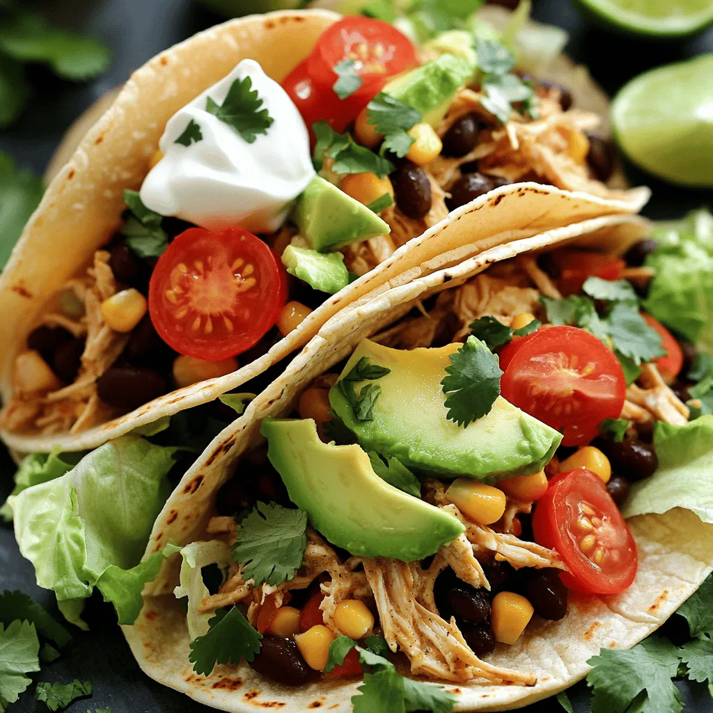 - 2 lbs boneless, skinless chicken breasts - 1 packet ranch seasoning mix - 1 cup chicken broth - 1 can diced tomatoes with green chilies (14.5 oz) - 1 can black beans, drained and rinsed - 1 cup corn kernels (fresh or frozen) - 1/2 cup diced red onion - 1 teaspoon garlic powder - Salt and pepper to taste - 8 small flour or corn tortillas The heart of these tacos is the chicken. I use two pounds of boneless, skinless chicken breasts. They stay moist and tender in the slow cooker. The ranch seasoning mix brings a creamy and zesty flavor. I always choose a good-quality packet for the best taste. The chicken broth helps to keep everything juicy as it cooks. Diced tomatoes with green chilies add a bit of heat and sweetness. The black beans offer protein and fiber, making the meal hearty. Corn kernels add sweetness and color. Diced red onion gives a nice crunch and flavor. I finish with garlic powder, salt, and pepper to round out the taste. - Shredded lettuce - Diced tomatoes - Shredded cheese - Avocado slices - Sour cream Toppings make these tacos fun and customizable. I love adding shredded lettuce for crunch. Diced tomatoes add freshness. Shredded cheese brings a creamy texture. Avocado slices add richness and healthy fats. Sour cream gives a tangy finish. Feel free to mix and match toppings to suit your taste! - Place the chicken in the slow cooker. - In a bowl, mix the ranch seasoning, chicken broth, diced tomatoes, black beans, corn, red onion, and garlic powder. Stir until well combined. - Pour the mixture over the chicken in the slow cooker. - Cover and cook on low for 6-8 hours or high for 4-5 hours. The chicken should be cooked through and tender. About 30 minutes before serving, shred the chicken using two forks right in the slow cooker. Mix it well with the sauce. - Warm the tortillas in a dry skillet or microwave. - Assemble the tacos by adding the chicken mixture and your favorite toppings. Options include shredded lettuce, diced tomatoes, cheese, avocado, and sour cream. Enjoy your flavorful tacos! To make your Slow Cooker Ranch Chicken Tacos even better, adjust the seasonings to your taste. Start by tasting the chicken mixture before serving. You can add more ranch seasoning, salt, or pepper as needed. This way, you ensure every bite is bursting with flavor. Also, consider adding a splash of lime juice. This small step brings a fresh and zesty kick to the dish. Lime juice brightens up the flavors and makes the tacos even more enjoyable. When shredding the chicken, use two forks. This method works best for breaking apart the meat directly in the slow cooker. Make sure to mix the chicken well with the sauce. This helps the chicken soak up all those tasty flavors. For cooking times, aim for 6-8 hours on low or 4-5 hours on high. This timing gives you tender chicken that falls apart easily. Always check that the chicken is cooked through for safety. Arranging your tacos well makes them look more appealing. Place the tacos on a large platter, with the fillings spilling out a bit. This draws in your guests and makes serving easier. Don’t forget garnishing! Fresh cilantro and lime wedges add color and freshness. A simple sprinkle of cilantro enhances the visual appeal. It also gives a nice herbal note that complements the tacos beautifully. {{image_2}} You can change the protein in these tacos. Try using ground beef or turkey. You could even use tofu for a tasty vegetarian option. Each choice gives the dish a unique twist. Next, think about the seasoning. While ranch seasoning is great, you can use taco seasoning too. This swap can add a fun kick to your meal. Experiment with different blends to find your favorite! If you need gluten-free options, use corn tortillas. They work just as well. You won’t miss the flour tortillas at all! For toppings, consider vegan choices. Use cashew cream instead of sour cream. You can also skip the cheese or use a plant-based cheese. These swaps keep the flavor high while meeting your dietary needs. Pair your tacos with sides like rice or a fresh salad. These sides balance the meal and add color to your plate. For gatherings, set up a taco bar! Lay out the tortillas, toppings, and fillings. This way, everyone can build their own tacos. It makes the meal fun and interactive! To keep your Slow Cooker Ranch Chicken Tacos fresh, store leftovers in an airtight container. Make sure to let them cool before sealing. You can keep the tacos in the fridge for up to three days. This keeps the flavors intact and safe to eat. If you want to save leftovers for later, freezing is a great option. Place the chicken mixture in a freezer-safe bag or container. Remove as much air as you can before sealing. You can freeze the leftovers for up to three months. When you're ready to eat, thaw the mixture overnight in the fridge. You have two main ways to reheat your tacos. You can use the microwave or stovetop. For the microwave, heat the chicken mixture in 30-second intervals until warm. Stir each time to keep it even. If you choose the stovetop, warm it in a skillet over medium heat. Stir often to prevent sticking. To help maintain the flavor and texture, add a splash of chicken broth if it seems dry. Enjoy your tasty tacos just as much the second time! Yes, you can make these tacos in advance. Meal prepping helps save time. - Cook the chicken: Prepare the chicken mixture and let it cool. - Store in the fridge: Place the cooled mixture in an airtight container. - Reheat before serving: When ready to eat, warm the mixture on the stove or microwave. This way, you have tasty tacos ready to go whenever you need a quick meal. If you don't have ranch seasoning, you can make your own. Here are some common spices to use: - Dried dill: This adds that classic ranch flavor. - Garlic powder: Use this for extra taste. - Onion powder: It gives a nice depth of flavor. - Parsley: Fresh or dried works well. Mix these ingredients to create your own ranch seasoning mix. To ensure chicken is safe to eat, check its temperature. The safe cooking temperature for chicken is: - 165°F (75°C): Use a meat thermometer to check the thickest part of the chicken. When the chicken reaches this temperature, it is fully cooked and safe to enjoy in your tacos. This blog post explored how to make Slow Cooker Ranch Chicken Tacos. We covered key ingredients, step-by-step cooking methods, and helpful tips to enhance flavor. You now have options for variations and storage tips, ensuring the tacos stay fresh. Making these tacos is fun and easy, perfect for gatherings or weeknight dinners. With simple swaps and topping ideas, you can customize to your taste. Enjoy every bite of these tasty tacos!