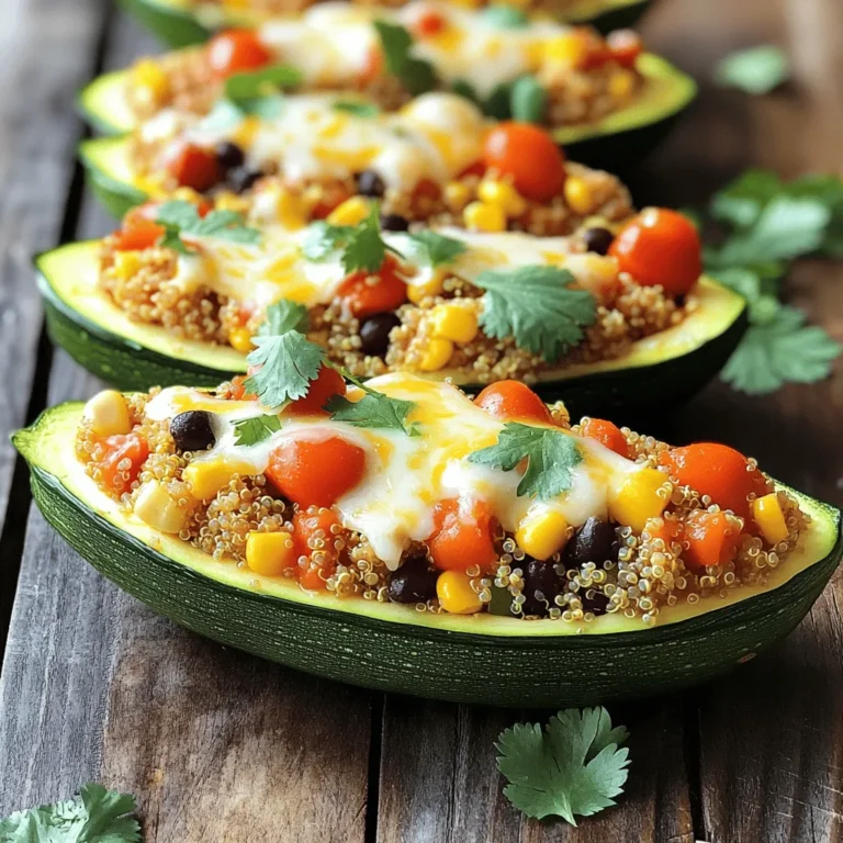 - 4 medium zucchinis - 1 cup cooked quinoa - 1 cup cherry tomatoes, halved - 1 bell pepper, finely chopped - 1 cup black beans, rinsed and drained - 1/2 cup corn kernels (fresh or frozen) - 1 teaspoon cumin - 1 teaspoon smoked paprika - 1/2 teaspoon garlic powder - 1 cup shredded cheese (mozzarella or cheddar) - 2 tablespoons olive oil - Salt and pepper to taste - Fresh cilantro for garnish When making air fryer stuffed zucchini boats, the right ingredients matter. You start with medium zucchinis. These serve as the base. The cooked quinoa gives the filling a nice texture. Cherry tomatoes add sweetness and color. Next, you want a bell pepper. It brings crunch and flavor to the mix. Black beans add protein and fiber, making the dish hearty. Corn kernels add a pop of sweetness, which makes it fun to eat. For seasoning, cumin and smoked paprika give a warm, smoky taste. Garlic powder enhances the flavor even more. Shredded cheese is a must. It melts and creates a wonderful topping. Olive oil helps keep the zucchini moist and adds richness. Don't forget salt and pepper to taste. Lastly, fresh cilantro brightens the dish and adds a fresh note. With these ingredients, you can create a meal that is colorful, tasty, and full of good nutrition. First, take your medium zucchinis and cut them in half lengthwise. Use a spoon to scoop out the seeds and some flesh. This creates your zucchini boats. You want to leave a good amount of the sides intact. Save the scooped-out flesh for later. This will add flavor to your filling. In a large mixing bowl, combine one cup of cooked quinoa, halved cherry tomatoes, finely chopped bell pepper, and rinsed black beans. Add half a cup of corn and the reserved zucchini flesh, chopped into small pieces. Sprinkle in a teaspoon of cumin, a teaspoon of smoked paprika, and half a teaspoon of garlic powder. Don’t forget to season with salt and pepper. Mix everything well until blended. The colors and textures will be beautiful. Drizzle the hollowed zucchini boats with two tablespoons of olive oil. Sprinkle a pinch of salt inside each boat to enhance the flavor. Now, stuff each zucchini boat generously with your filling mixture. Top them off with one cup of shredded cheese. Preheat your air fryer to 350°F (175°C). Place the stuffed zucchini boats in the air fryer basket in a single layer. Cook for 12 to 15 minutes. Your zucchini should be tender, and the cheese should be melted and bubbly. To make your filling shine, adjust the flavors as you like. For more heat, add chili powder or diced jalapeños. If you want a milder taste, skip the spices. You can also swap out ingredients for dietary needs. Use brown rice instead of quinoa or add ground turkey for protein. If you're vegan, leave out the cheese or use a plant-based option. For even cooking, preheat your air fryer before adding the zucchini boats. Arrange them in a single layer, not touching. This helps all sides cook well. To prevent soggy zucchini boats, don't overstuff them. Leave a little space at the top. Also, if possible, pat the zucchini dry before adding the filling to remove excess moisture. Serve your stuffed zucchini boats with a fresh side salad or some crusty bread. A dollop of yogurt or guacamole makes a nice dip. For presentation, place the boats on a colorful plate and sprinkle with fresh cilantro. You can also drizzle with olive oil for a glossy finish. {{image_2}} You can change the filling to suit your taste. Want to add protein? Try cooked chicken or turkey. These meats add a nice texture and flavor. If you prefer a vegetarian or vegan meal, skip the meat. Use more beans or lentils for protein. You can also add nuts for crunch and flavor. Not just any zucchini will do! You can use other squash, like yellow squash or pattypan squash. Each type adds its own flavor. Feel free to mix in seasonal veggies too. Bell peppers, corn, and spinach work well. They will brighten up your dish and add nutrients. Cheese lovers rejoice! You can stick with mozzarella or cheddar. But what if you want dairy-free options? Try cashew cheese or vegan cheese blends. These can melt nicely and still taste great. For a twist, consider flavored cheeses like pepper jack or feta. These add a fun kick to your zucchini boats. To store your leftover stuffed zucchini boats, place them in a sealed container. This keeps them fresh. They will last about 3 to 5 days in the fridge. Make sure they cool to room temperature before sealing. This helps avoid excess moisture. If you want to freeze your zucchini boats, wrap them tightly in plastic wrap or aluminum foil. Then, place them in a freezer bag or container. They can last up to 3 months in the freezer. For the best results, freeze them before cooking. When you are ready to eat, thaw them overnight in the fridge. You can use the air fryer to reheat your zucchini boats. Set it to 350°F (175°C) and air fry for about 5 to 8 minutes. This makes them warm and crispy again. You can also use a microwave, but this may make them soft. If using the oven, heat it to 350°F (175°C) and bake for about 10 minutes. You can tell when zucchini boats are done by checking for a few signs. First, look for a tender texture. The zucchini should be soft but not mushy. The cheese on top should be melted and bubbly. If the cheese starts to brown, that’s a great sign too. Use a fork to poke the zucchini. If it goes in easily, they are ready. Yes, you can make these boats ahead of time! Prepare the filling and stuff the zucchini. Store them in the fridge for up to two days. Keep them in an airtight container to keep them fresh. This way, you will save time on busy days. Just pop them in the air fryer when you are ready to eat. To boost the flavor, you can add many tasty ingredients. Consider cooked ground meat like chicken or turkey for protein. You can also mix in chopped mushrooms or spinach for more veggies. If you like spice, add jalapeños or red pepper flakes. For herbs, try fresh basil, oregano, or parsley. These will take your filling to a new level! You learned how to make tasty air fryer stuffed zucchini boats. We covered key ingredients like zucchini, quinoa, and spices. I shared tips on preparing, cooking, and serving these boats. You can even customize them with different fillings or cheese options. Remember, storage is easy, whether in the fridge or freezer. Enjoy experimenting and sharing this dish. With the right techniques, you can create amazing meals that everyone will love. Happy cooking!
