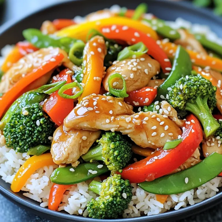 - 1 lb (450g) boneless, skinless chicken thighs, sliced into thin strips - 2 tablespoons honey - 4 cloves garlic, minced - 1 tablespoon fresh ginger, grated - 1/4 cup low-sodium soy sauce - 1 tablespoon sesame oil - 1 bell pepper (red or yellow), sliced - 1 cup broccoli florets - 1 carrot, julienned - 1 cup snap peas - 2 tablespoons olive oil - 1/4 cup green onions, chopped (for garnish) - Sesame seeds (for garnish) - Cooked jasmine rice or quinoa, for serving You will need a few key tools to make this dish. - A large non-stick skillet or wok - A medium bowl for mixing the sauce - A whisk or fork to blend the sauce - A cutting board and knife for chopping ingredients - A spatula for stirring You can switch up some ingredients if needed. - Use chicken breast instead of thighs for a leaner option. - Swap honey for maple syrup for a vegan twist. - Choose tamari sauce if you're gluten-free. - Add different vegetables like zucchini or mushrooms for variety. - Use rice noodles instead of jasmine rice or quinoa for a fun change. Start by making the sauce. In a medium bowl, whisk together 2 tablespoons of honey, 4 cloves of minced garlic, and 1 tablespoon of grated ginger. Add 1/4 cup of low-sodium soy sauce and 1 tablespoon of sesame oil. Mix it well and set it aside. This sauce gives the chicken its sweet and savory flavor. Next, heat 1 tablespoon of olive oil in a large non-stick skillet or wok. Make sure your pan is hot before adding the chicken. Place 1 pound of sliced boneless, skinless chicken thighs in the pan. Cook the chicken for about 5 to 7 minutes. Stir frequently to ensure even cooking. The chicken should turn golden brown and be fully cooked. Once done, remove it from the pan and set it aside. In the same pan, add another tablespoon of olive oil. Now, toss in 1 sliced bell pepper, 1 cup of broccoli florets, 1 julienned carrot, and 1 cup of snap peas. Sauté these vegetables for about 3 to 4 minutes. You want them to be tender but still crisp. This keeps the veggies vibrant and full of flavor. Return the cooked chicken to the pan with the veggies. Pour the honey garlic sauce over everything. Stir well to combine and cook for an additional 2 minutes. This allows the sauce to thicken and coat the chicken and vegetables nicely. Once it’s done, remove it from the heat. Garnish with chopped green onions and sesame seeds. Enjoy your colorful and tasty dish! To get the best flavor in your Honey Garlic Chicken Stir Fry, use fresh ingredients. Fresh garlic and ginger make a big difference. They add a bright, bold taste. Use low-sodium soy sauce to keep the dish balanced. Honey adds sweetness, but not too much. You can adjust the honey based on your taste. If you want more flavor, add a splash of rice vinegar. This gives a nice tang. When cooking chicken, keep the heat high. This helps to sear the meat quickly. Slice the chicken thighs thinly for even cooking. I recommend using a non-stick skillet or wok. This prevents sticking and makes stirring easy. Cook the chicken until it is golden brown. It should take about 5-7 minutes. Don't overcook; this keeps it juicy and tender. Always return the chicken to the pan after cooking the veggies. This allows the chicken to soak up all the sauce. Serve your stir fry over jasmine rice or quinoa. This adds a nice base to the dish. Drizzle any extra sauce from the pan on top. It adds more flavor and moisture. For a pop of color, garnish with green onions and sesame seeds. You can also add sliced cucumbers or radishes for crunch. Enjoy this meal with your family or friends for a quick weeknight dinner! {{image_2}} You can easily make a vegetarian version of honey garlic stir fry. Simply swap out the chicken for tofu or tempeh. Use firm tofu, as it holds its shape well. Cut the tofu into cubes, then follow the same cooking steps as the chicken. This adds a lovely texture and absorbs the sauce's flavor. You can also add mushrooms for an extra umami taste. If you want to try different proteins, there are many choices. Shrimp works great and cooks quickly. Just sauté it for about 3-4 minutes until pink. You can also use beef or pork; thinly slice these meats for fast cooking. A great option is to use turkey, which is lean and full of flavor. Adjust the cooking time based on the protein you pick. Adding more vegetables can enhance the dish’s nutrition and flavor. Try adding bell peppers in different colors for a vibrant look. Zucchini is another great choice; slice it thinly and add it to the mix. You can add baby corn or even bok choy for a crunchy bite. More greens like spinach or kale can boost health benefits. Just remember to adjust cooking times to keep everything crisp-tender. Store leftover Honey Garlic Chicken Stir Fry in an airtight container. Keep it in the fridge. It will stay fresh for up to three days. Labeling the container helps you remember when you made it. When you're ready to eat, check for any signs of spoilage. You can freeze this stir fry for later meals. Place it in a freezer-safe bag or container. Make sure to remove as much air as possible. This helps prevent freezer burn. Honey Garlic Chicken Stir Fry can last up to three months in the freezer. When you're ready to use it, thaw it overnight in the fridge. To reheat, you have a few options. The best way is to use a skillet over medium heat. Add a splash of water or broth to keep it moist. Stir occasionally for even heating. You can also use the microwave. Heat it in short bursts, stirring in between. Make sure it is heated through before serving. Enjoy your tasty meal again! Yes, you can! This recipe works well with pork, beef, or shrimp. Just cut the meat into thin strips like the chicken. Make sure to adjust the cooking time based on the meat you choose. For example, beef may need a bit more time to cook through. This Honey Garlic Chicken Stir Fry is not spicy. It focuses on sweet and savory flavors. If you want some heat, add red pepper flakes or a dash of sriracha. Start with a little, and taste as you go. You can always add more if you like it spicy! I love serving this stir fry over jasmine rice or quinoa. Both options soak up the sauce well. You can also add a side of steamed vegetables or a light salad for freshness. Try a simple cucumber salad for a nice crunch! This guide covered all you need to know about making Honey Garlic Chicken Stir Fry. We explored the ingredients, equipment, and tasty alternatives. The step-by-step instructions help you prepare the sauce, cook the chicken, and sauté the veggies with ease. Plus, I shared tips to boost flavor and serving ideas. You can even try variations to suit your taste. Lastly, storing and reheating tips ensure you enjoy your dish later. Now, get cooking and enjoy a meal that’s both delicious and fun to make!
