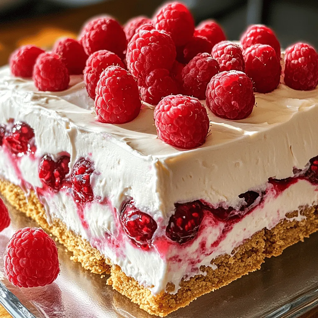 To make this delicious Raspberry Cheesecake Icebox Cake, gather these simple items: - 2 cups fresh raspberries (plus extra for garnish) - 1 cup cream cheese, softened - 1 cup heavy whipping cream - ½ cup powdered sugar - 1 teaspoon vanilla extract - 1 package (8 oz) graham crackers - 2 tablespoons lemon juice - A pinch of salt You can swap some ingredients for what you have. Use Greek yogurt instead of cream cheese for a lighter option. If you want a sweeter cake, try using granulated sugar instead of powdered sugar. You can also use almond extract instead of vanilla for a different flavor. For the graham crackers, any sweet cookie works well. Try chocolate cookies for a fun twist! Fresh raspberries taste great and are easy to find in summer. They add bright color and flavor to the cake. Frozen raspberries can work too. They are picked at their peak and frozen quickly. Just thaw them and drain the excess juice before using. Both options will give you a tasty cake, but fresh raspberries offer a better texture and flavor. Choose what fits your needs! Start by gathering your ingredients. You need cream cheese, powdered sugar, and vanilla extract. In a mixing bowl, combine the softened cream cheese, ½ cup of powdered sugar, and 1 teaspoon of vanilla extract. Use a hand mixer to beat them together until smooth. This mixture should be creamy and lump-free. This step is key for a rich cheesecake taste. Next, gently stir in 2 tablespoons of lemon juice and half of the raspberries. The lemon juice adds a nice zing. The raspberries bring in sweetness and a pop of color. Mix these until all is well combined. Grab a separate bowl and pour in 1 cup of heavy whipping cream. Use a mixer to whip the cream until soft peaks form. This means the cream should hold its shape but not be too stiff. Be careful not to over-whip. You want it fluffy, not grainy. Once the cream is ready, fold it into the cream cheese mixture. Use a spatula for this. Start at the bottom and gently lift the mixture to the top. This keeps the whipped cream light and airy. Now it’s time to build your cake! Start by spreading a thin layer of the cream cheese mixture at the bottom of a 9x9 inch dish. This layer acts as a base. Next, place a layer of graham crackers on top. Spread another layer of the cream cheese mixture over the crackers. Then, add more raspberries on top. Repeat this process: graham crackers, cream cheese mixture, and raspberries. Keep layering until you run out of ingredients. Finish with a final layer of the cream cheese mixture on top. Once done, cover the cake with plastic wrap. Place it in the fridge for at least 4-6 hours, or overnight. This chilling time helps the cake set well. Before serving, add extra raspberries on top for a fresh touch. Enjoy your delicious dessert! To get a smooth and creamy texture, use softened cream cheese. Cold cream cheese can form lumps. Blend the cream cheese, powdered sugar, and vanilla well. Next, whip the heavy cream until soft peaks form. This step adds lightness to the mix. Fold the whipped cream into the cream cheese gently. This keeps it airy. Mix in lemon juice and half the raspberries last. This will give you a balanced flavor. Serve the cake chilled for the best taste. Slicing it perfectly can be tricky. Use a sharp knife and dip it in hot water first. Wipe the knife dry between slices for clean cuts. Top each slice with fresh raspberries for a burst of color. You can also add a dollop of whipped cream for extra creaminess. Pair it with a glass of lemonade for a refreshing treat. One common mistake is overmixing the cream cheese. This can make it too thick. Also, avoid skipping the chilling time. The cake needs at least 4-6 hours to set. If you don’t let it chill, it may fall apart when served. Make sure to layer the graham crackers evenly. Overlapping them too much can lead to uneven texture. Lastly, don’t forget to save some raspberries for garnish. They make the cake look beautiful and appetizing. {{image_2}} You can swap raspberries for other fruits. Strawberries, blueberries, or peaches work well. Each fruit brings its own taste. For a tropical twist, try mango or pineapple. Just remember to adjust the amount based on the fruit's sweetness. You want the cake to stay balanced and tasty. Making this cake gluten-free is easy. Use gluten-free graham crackers instead of regular ones. You can find them at most stores. If you cannot find graham crackers, use crushed gluten-free cookies. They will add a nice crunch. Just check the label to ensure they are truly gluten-free. Add some zest to your cheesecake! Lemon or lime zest can brighten the flavor. You can also mix in some chocolate by adding cocoa powder to the cream cheese mix. If you love mint, add a few crushed mint leaves. These little changes can make your cake unique and fun! To keep your Raspberry Cheesecake Icebox Cake fresh, store it in the fridge. Cover it well with plastic wrap or a lid. It will stay good for about 3 to 5 days. The cool air helps keep the flavors bright. If you plan to enjoy it later, refrigerate it right after serving. You can freeze this cake, but it may change texture. To freeze, slice the cake into portions. Wrap each slice in plastic wrap and place it in a freezer bag. It can last about 2 months in the freezer. When ready to eat, thaw it in the fridge overnight. This keeps the cake moist. When serving leftovers, check if they need a little freshness. Add a few fresh raspberries on top for a pop of color and flavor. If the cake seems firm, let it sit at room temperature for 10-15 minutes. This will help soften it up. Enjoy your delightful treat! The Raspberry Cheesecake Icebox Cake needs to set for at least 4 to 6 hours. However, I recommend letting it chill overnight. This longer time allows the flavors to blend and the cake to firm up. A well-set cake gives you a better slice. Yes, you can make this cake ahead of time. It stores well in the fridge. Making it a day or two in advance is a great idea. This way, you can save time when serving. Just remember to cover it well to keep it fresh. Absolutely! You can use low-fat cream cheese if you prefer. The cake will still taste delicious. Just note that the texture might be slightly different. It may not be as rich, but it will still be creamy and enjoyable. This article covered how to make a delicious Raspberry Cheesecake Icebox Cake. We explored the ingredients needed and how to substitute them. You learned the best tips for preparation and assembly. I also shared variations to fit your taste and dietary needs. For best results, follow the steps and avoid common mistakes. This dessert is perfect for any occasion. Enjoy making and sharing this delightful treat!