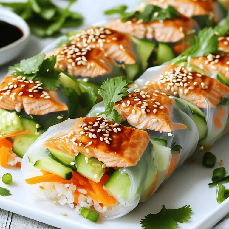 - 200g fresh salmon fillet, skin removed - 1/4 cup teriyaki sauce - 8 rice paper wrappers - 1 cup cooked jasmine rice, cooled - 1 medium cucumber, julienned - 1 large carrot, julienned - 1 avocado, sliced - Fresh cilantro or mint leaves - Sesame seeds for garnish To make Teriyaki Salmon Rice Paper Rolls, you need fresh salmon. This will give you the best taste and texture. Teriyaki sauce adds a sweet and savory flavor that pairs well with the salmon. Rice paper wrappers hold everything together and are fun to eat. Next, you need some additional ingredients. Cooked jasmine rice acts as a filling base. Cucumber and carrot add crunch and freshness. Sliced avocado brings creaminess to each bite. Fresh herbs like cilantro or mint add a burst of flavor. Finally, sesame seeds sprinkle on top for a nice touch. When you gather these ingredients, you set the stage for a great meal. Each component plays a role in the taste and look of the rolls. Plus, they are colorful and healthy! You can serve these rolls as a main dish or an appetizer. To start, take your fresh salmon fillet and place it in a shallow dish. Pour 1/4 cup of teriyaki sauce over the salmon. Ensure the fish is fully coated. Let it marinate for at least 15 minutes. This time lets the salmon soak up the flavor. Next, preheat your grill pan over medium-high heat. Remove the salmon from the marinade but save the marinade for later. Grill the salmon for about 4-5 minutes on each side. You want it to flake easily with a fork. Once it’s cooked, set it aside to cool slightly. Then, flake it into bite-sized pieces. In a bowl, combine 1 cup of cooked jasmine rice, the julienned cucumber, and carrot. Add the sliced avocado. Gently mix everything together. Be careful not to mash the avocado; you want nice pieces for the rolls. For a fresh touch, toss in some cilantro or mint leaves. Fill a large shallow dish with warm water. Dip one rice paper wrapper into the water for about 10-15 seconds. You want it softened but not too mushy. Carefully take it out and lay it flat on a clean surface. This is key for easy rolling. Now, it’s time to assemble! Place a small handful of your rice and veggie mixture in the center of the softened rice paper. Add a few pieces of the grilled salmon on top. Drizzle a little of the reserved teriyaki marinade for extra flavor. Fold the bottom of the rice paper over the filling. Next, fold in the sides. Then, roll tightly from the bottom to the top. Make sure everything is snug inside. Repeat this step until you have used all the rice paper wrappers and filling. Arrange the completed rice paper rolls on a serving platter. Drizzle some extra teriyaki sauce on top. To finish, sprinkle sesame seeds for garnish. These rolls are not just tasty, but they also look amazing on the plate! To make the best Teriyaki Salmon Rice Paper Rolls, avoid common mistakes. One mistake is over-soaking the rice paper. This makes it too soft and hard to handle. Soak for only 10-15 seconds. Another mistake is adding too much filling. Too much filling makes rolling difficult. Aim for a small handful of ingredients. For a tighter roll, start by placing the filling in the center. Fold the bottom up over the filling first. Then, tuck in the sides neatly. Finally, roll from the bottom to the top. Keep it tight as you roll. You can boost flavor with tasty extras. Try adding sliced bell peppers or sprouts for crunch. You can also add a dash of lime juice for tang. Consider these spices and sauces for extra flavor: - Sriracha for heat - Garlic powder for depth - Sesame oil for richness These additions can make your rolls even more delicious. Serve your rice paper rolls with tasty sides. A light salad with a sesame dressing pairs well. You can also serve edamame for a fun touch. For drinks, consider green tea or a light sparkling water. These drinks complement the flavors without overpowering them. Enjoy your meal! {{image_2}} You can change the protein in your rice paper rolls. Try chicken or tofu instead of salmon. Both options work well with teriyaki sauce. They offer different flavors and textures. If you want a different sauce, try hoisin or peanut sauce. Both add a unique taste to the rolls. If you need a gluten-free option, check your teriyaki sauce. Some brands contain gluten. Use a gluten-free soy sauce for a safe choice. For a vegan version, swap the salmon for marinated tofu. You can also use a vegan teriyaki sauce. This way, you keep all the great taste without animal products. To make your rolls more exciting, add fresh herbs. Basil or dill can work well with the other flavors. You can also try adding more veggies. Thinly sliced bell peppers or shredded red cabbage add crunch and color. These simple changes can elevate your dish and make it even more delicious. To store leftovers, place your rice paper rolls in a single layer. Use an airtight container to keep them fresh. Avoid stacking the rolls, as they may stick together. You can wrap each roll in plastic wrap for extra protection. You can freeze rice paper rolls, but they may lose some texture. To freeze, wrap each roll in plastic wrap and place them in a freezer bag. Remove as much air as possible. For reheating, let them thaw in the fridge overnight. Then, reheat in a warm pan for a few minutes. In the fridge, expect your Teriyaki Salmon Rice Paper Rolls to last about 2-3 days. Look for signs of spoilage like a sour smell, slimy texture, or discoloration. If you see any of these signs, it’s best to discard the rolls. Enjoy your tasty creation while it’s fresh! To prevent rice paper from sticking, follow these tips: - Use warm water to soften the rice paper. - Soak each wrapper for only 10-15 seconds. - Lay them flat on a clean surface. - Keep them separated with parchment paper if stacking. If you notice sticking, try using a little oil on your hands or the surface. This can help. Yes, you can prepare these rolls ahead of time. Here are the best practices: - Store uncut rolls in an airtight container. - Use parchment paper between each roll to avoid sticking. - Keep them in the fridge for up to 24 hours. If you want to prep the filling, you can do that a day in advance too. Just keep it in the fridge. Some great dipping sauces include: - Soy sauce with a splash of lime. - Spicy mayo with sriracha and mayo. - Peanut sauce for a rich, nutty flavor. You could also drizzle extra teriyaki sauce over the rolls for added flavor. Yes, you can use cooked salmon. If you do, make these adjustments: - Flake the cooked salmon into small pieces. - Skip the marinating step since it’s already cooked. - You might want to add a bit more sauce for flavor. Cooked salmon works well, but fresh will give a better texture. To check if salmon is cooked right, look for these signs: - The salmon should be opaque and not translucent. - It should flake easily with a fork. - The internal temperature should reach 145°F (63°C). If you follow these signs, you'll have perfectly cooked salmon for your rolls. In this article, I guided you through making Teriyaki Salmon Rice Paper Rolls. We covered key ingredients like fresh salmon, rice paper, and vibrant veggies. I shared step-by-step instructions, tips, and storage advice to help you succeed. Enjoy creating various flavors or adjusting ingredients to meet your tastes. These rolls are fresh, healthy, and fun to make. Try them for your next meal or gathering!