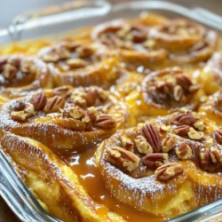 To make Caramel Pecan Sticky Bun French Toast Bake, you need: - 1 loaf of day-old cinnamon rolls (cut into quarters) - 4 large eggs - 1 cup milk - 1/4 cup heavy cream - 1 tablespoon vanilla extract - 1 teaspoon ground cinnamon - 1/2 cup chopped pecans - 1/2 cup caramel sauce (store-bought or homemade) - Butter, for greasing the baking dish You can add some extra sweetness with: - Powdered sugar for dusting If you need substitutes, here are some ideas: - Use almond milk or oat milk instead of regular milk. - Replace heavy cream with coconut cream for a dairy-free option. - If you don't have cinnamon rolls, use brioche or challah bread. - You can swap pecans for walnuts or almonds if needed. These ingredients will help you create a tasty treat that everyone will love! 1. First, heat your oven to 350°F (175°C). This helps cook the bake evenly. 2. Next, grease a 9x13-inch baking dish with butter. This stops the bake from sticking. 3. In a large bowl, whisk together the eggs, milk, heavy cream, vanilla extract, and ground cinnamon. Mix until smooth and well combined. 4. Now, cut the day-old cinnamon rolls into quarters. Add them to the egg mixture slowly. Gently fold the bread until it coats evenly. Let it soak for about 10 minutes. 1. While the rolls soak, pour the caramel sauce into the bottom of the greased baking dish. This creates a sweet layer. 2. Sprinkle the chopped pecans evenly over the caramel. This adds crunch and flavor. 3. After soaking, pour the cinnamon roll mixture over the caramel and pecans. Spread it out evenly so every bite is tasty. 4. Bake in the preheated oven for 30-35 minutes. Look for a golden brown top and a slightly set center. 5. Once baked, take the dish out of the oven. Let it cool for about 10 minutes. This makes it easier to serve. 6. Carefully invert the dish onto a large serving platter. The caramel and pecans will drizzle over the top, creating a beautiful finish. Serve your Caramel Pecan Sticky Bun French Toast Bake warm. For an extra touch, dust with powdered sugar. This adds a nice sweetness. You can also pair it with fresh fruit or whipped cream. Enjoy this treat with friends or family. It makes a perfect breakfast or brunch dish! Many people rush the soaking time. You should let the bread soak for ten minutes. This helps the mixture absorb well. If you skip this, the texture may turn out dry. Another common mistake is not greasing the dish enough. A well-greased dish ensures the buns release easily after baking. Lastly, avoid using fresh cinnamon rolls. Day-old rolls soak better and give a nice texture. To get the best texture, use a mix of eggs, milk, and cream. The cream adds richness, making each bite smooth. Whisk the mixture well to avoid clumps. When pouring the soaked bread into the dish, spread it evenly. This way, every piece cooks the same. Bake it until the top is golden brown. This shows it is cooked through and ready to serve. When soaking the bread, gently fold it into the egg mix. Don't stir too hard, as this can break the rolls apart. Make sure every piece gets coated. This helps the cinnamon rolls soak up the flavors. If you have time, let it soak longer for deeper flavor. You can even prepare it the night before and refrigerate it. Just remember to let it sit at room temperature before baking. {{image_2}} You can add fruit to this dish for a tasty twist. Berries work great. Try fresh strawberries, blueberries, or raspberries. Cut them into small pieces. Fold them into the egg mixture with the cinnamon rolls. Apples also make a nice choice. Dice them and mix them in for a sweet crunch. Pecans are tasty, but other nuts can shine too. Walnuts have a rich flavor and pair well with caramel. Almonds can add a nice crunch and a hint of sweetness. Chop them up before adding them to the caramel. You can even use mixed nuts if you want a variety. You can boost the flavor in many ways. Add a pinch of nutmeg for warmth. A splash of maple syrup can add a sweet touch. For a tropical vibe, mix in some coconut flakes. You can also swap in almond extract for a nutty twist. These small changes can make your dish unique and exciting. To keep your Caramel Pecan Sticky Bun French Toast Bake fresh, place leftovers in an airtight container. This helps prevent drying out. You can store it in the fridge for up to three days. If you want to keep it longer, consider freezing it. To reheat, you can use the oven or the microwave. If using the oven, preheat it to 350°F (175°C). Cover the dish with foil and heat for about 15 minutes. For the microwave, heat individual servings for 30 seconds to 1 minute. Make sure it's warm all the way through. To freeze, wrap the dish tightly in plastic wrap and then in foil. You can freeze it for up to three months. When you’re ready to eat it, thaw it in the fridge overnight. Then, reheat it in the oven or microwave as mentioned above. This way, you can enjoy your tasty treat anytime! Yes, you can prepare this dish the night before. Just follow the steps up to soaking the cinnamon rolls. Once you mix them in the egg mixture, cover the dish and place it in the fridge. In the morning, bake it straight from the fridge. You may need to add a few extra minutes to the baking time. If you don’t have cinnamon rolls, try using brioche or challah bread. Both breads soak up the egg mixture well and add a nice flavor. You can also use croissants for a flaky twist. Just cut them into pieces like the cinnamon rolls. Look for a golden brown top. The center should be slightly firm but not jiggle. A toothpick inserted in the center should come out clean. If it's too wet, bake for a few more minutes. Let it cool for about 10 minutes before serving. This blog post covered key steps for a great recipe. You learned about ingredients, preparation, and baking. I shared tips to fix common mistakes and how to store leftovers. Variations let you play with flavors and textures, keeping your dish fresh. Remember, cooking is about having fun and being creative. Trust your taste and enjoy the process!