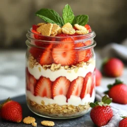 - 1 cup rolled oats - 1 ½ cups almond milk (or milk of choice) - 1 cup fresh strawberries, hulled and sliced - 1 tablespoon chia seeds - 1 tablespoon maple syrup (or honey) - 1 teaspoon vanilla extract - ½ cup Greek yogurt (vanilla or plain) - 2 tablespoons crushed graham crackers (for topping) - Fresh mint leaves (for garnish, optional) When I make Strawberry Shortcake Overnight Oats, I love using fresh ingredients. Rolled oats form the base of this dish. They soak up the almond milk, making them soft and creamy. You can choose any milk you like, but almond milk adds a nice touch. The strawberries are the stars of this recipe. I slice them up and mix them with the oats. Chia seeds are a great addition too. They help the oats thicken and add fiber. Sweetness comes from maple syrup or honey. I prefer maple syrup for its rich flavor. Next, I add vanilla extract. It gives the oats a warm and inviting taste. Greek yogurt makes the dish extra creamy. I often use vanilla yogurt for added flavor. Finally, I sprinkle crushed graham crackers on top. They add a fun crunch and remind me of shortcake. Mint leaves can brighten the dish, but they are optional. - First, combine 1 cup rolled oats, 1 tablespoon chia seeds, 1 ½ cups almond milk, 1 tablespoon maple syrup, and 1 teaspoon vanilla extract in a bowl. Mix until everything blends well. - Next, layer half of the sliced strawberries at the bottom of a mason jar or container. This will add a fresh burst of flavor. - Pour half of the oat mixture over the strawberries. Then, add a layer of ½ cup Greek yogurt. This creamy layer adds richness. - Repeat the layers with the remaining strawberries, oats, and yogurt. Finish with a final layer of oats on top. This makes for a nice presentation. - Seal the container with a lid. Place it in the fridge overnight or at least for 6 hours. This allows the oats to soak up the flavors. In the morning, give the oats a good stir. You can top with crushed graham crackers and garnish with fresh mint leaves. Enjoy your delicious and easy breakfast! You can make this recipe your own. If you don’t like almond milk, use any milk you want. Dairy milk works well, or try oat or soy milk. You can also switch up the fruit. Blueberries and bananas are great choices. They add a different taste and color to your oats. Presentation is key! Serve your oats in clear glasses. This way, people can see the pretty layers of oats, yogurt, and strawberries. For an extra touch, add more strawberry slices on top. A dollop of yogurt can make it even better! Before you dive in, stir the oats. This helps mix everything evenly. If you like it sweeter, feel free to add more maple syrup or honey. Taste it first, then adjust as you like. {{image_2}} You can make your strawberry shortcake overnight oats even more fun with flavor twists. For a Chocolate Strawberry Shortcake, simply add cocoa powder to the oat mixture. Use about one to two tablespoons. This change gives a rich, chocolatey taste that pairs well with strawberries. Another tasty option is the Nutty Strawberry Shortcake. Just mix in some chopped nuts like almonds or walnuts. This adds a nice crunch and boosts healthy fats. You can use about a quarter cup of nuts for the best flavor. If you want a healthier option, try a low-sugar version. You can use less maple syrup or switch to a sugar alternative like stevia. This change keeps the sweetness but cuts down on sugars. For a dairy-free option, swap the Greek yogurt with a plant-based yogurt. Almond or coconut yogurt works great. This keeps your oats creamy while being dairy-free. It also makes the dish vegan-friendly. To keep your strawberry shortcake overnight oats fresh, store them in an airtight container. This helps lock in moisture and flavor. Make sure you seal the jar or container well. Overnight oats can last in the fridge for up to five days. However, for the best taste and texture, I recommend eating them within three days. Yes, you can freeze overnight oats! To freeze them, pour the mixture into a freezer-safe container. Leave some space at the top, as the oats will expand when frozen. When you're ready to eat them, thaw the oats in the fridge overnight. You can also microwave them for a quick reheat. Add fresh strawberries and graham crackers after thawing for the best taste. Strawberry shortcake overnight oats last in the fridge for up to five days. Store them in a sealed jar or container. This keeps them fresh and tasty. I love making a batch at the start of the week. It makes breakfast easy and delicious every day. Yes, you can prepare overnight oats for multiple days. Make several jars at once. Each jar can hold a serving. Just layer the ingredients as shown in the recipe. This way, you have quick meals ready to grab. It saves time and helps you stay on track with healthy eating. Chia seeds are not necessary, but they add great benefits. They help thicken the oats and give a nice texture. Chia seeds also bring fiber and healthy fats to the dish. If you don’t have them, you can skip them, but I recommend trying them for that extra nutrition! This blog post covers crafting delicious strawberry shortcake overnight oats. You learned about key ingredients, preparation, and layering. I shared tips for customization and serving. Variations let you explore flavors and health options. Lastly, we discussed storage methods to keep your oats fresh. Using these insights, you can enjoy a tasty and healthy breakfast. Get creative and make it your own! Enjoy every bite.