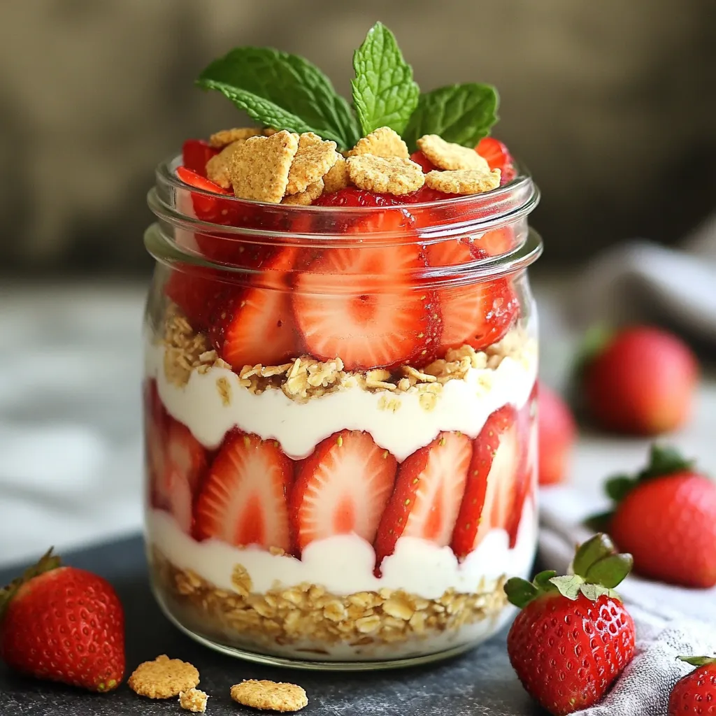- 1 cup rolled oats - 1 ½ cups almond milk (or milk of choice) - 1 cup fresh strawberries, hulled and sliced - 1 tablespoon chia seeds - 1 tablespoon maple syrup (or honey) - 1 teaspoon vanilla extract - ½ cup Greek yogurt (vanilla or plain) - 2 tablespoons crushed graham crackers (for topping) - Fresh mint leaves (for garnish, optional) When I make Strawberry Shortcake Overnight Oats, I love using fresh ingredients. Rolled oats form the base of this dish. They soak up the almond milk, making them soft and creamy. You can choose any milk you like, but almond milk adds a nice touch. The strawberries are the stars of this recipe. I slice them up and mix them with the oats. Chia seeds are a great addition too. They help the oats thicken and add fiber. Sweetness comes from maple syrup or honey. I prefer maple syrup for its rich flavor. Next, I add vanilla extract. It gives the oats a warm and inviting taste. Greek yogurt makes the dish extra creamy. I often use vanilla yogurt for added flavor. Finally, I sprinkle crushed graham crackers on top. They add a fun crunch and remind me of shortcake. Mint leaves can brighten the dish, but they are optional. - First, combine 1 cup rolled oats, 1 tablespoon chia seeds, 1 ½ cups almond milk, 1 tablespoon maple syrup, and 1 teaspoon vanilla extract in a bowl. Mix until everything blends well. - Next, layer half of the sliced strawberries at the bottom of a mason jar or container. This will add a fresh burst of flavor. - Pour half of the oat mixture over the strawberries. Then, add a layer of ½ cup Greek yogurt. This creamy layer adds richness. - Repeat the layers with the remaining strawberries, oats, and yogurt. Finish with a final layer of oats on top. This makes for a nice presentation. - Seal the container with a lid. Place it in the fridge overnight or at least for 6 hours. This allows the oats to soak up the flavors. In the morning, give the oats a good stir. You can top with crushed graham crackers and garnish with fresh mint leaves. Enjoy your delicious and easy breakfast! You can make this recipe your own. If you don’t like almond milk, use any milk you want. Dairy milk works well, or try oat or soy milk. You can also switch up the fruit. Blueberries and bananas are great choices. They add a different taste and color to your oats. Presentation is key! Serve your oats in clear glasses. This way, people can see the pretty layers of oats, yogurt, and strawberries. For an extra touch, add more strawberry slices on top. A dollop of yogurt can make it even better! Before you dive in, stir the oats. This helps mix everything evenly. If you like it sweeter, feel free to add more maple syrup or honey. Taste it first, then adjust as you like. {{image_2}} You can make your strawberry shortcake overnight oats even more fun with flavor twists. For a Chocolate Strawberry Shortcake, simply add cocoa powder to the oat mixture. Use about one to two tablespoons. This change gives a rich, chocolatey taste that pairs well with strawberries. Another tasty option is the Nutty Strawberry Shortcake. Just mix in some chopped nuts like almonds or walnuts. This adds a nice crunch and boosts healthy fats. You can use about a quarter cup of nuts for the best flavor. If you want a healthier option, try a low-sugar version. You can use less maple syrup or switch to a sugar alternative like stevia. This change keeps the sweetness but cuts down on sugars. For a dairy-free option, swap the Greek yogurt with a plant-based yogurt. Almond or coconut yogurt works great. This keeps your oats creamy while being dairy-free. It also makes the dish vegan-friendly. To keep your strawberry shortcake overnight oats fresh, store them in an airtight container. This helps lock in moisture and flavor. Make sure you seal the jar or container well. Overnight oats can last in the fridge for up to five days. However, for the best taste and texture, I recommend eating them within three days. Yes, you can freeze overnight oats! To freeze them, pour the mixture into a freezer-safe container. Leave some space at the top, as the oats will expand when frozen. When you're ready to eat them, thaw the oats in the fridge overnight. You can also microwave them for a quick reheat. Add fresh strawberries and graham crackers after thawing for the best taste. Strawberry shortcake overnight oats last in the fridge for up to five days. Store them in a sealed jar or container. This keeps them fresh and tasty. I love making a batch at the start of the week. It makes breakfast easy and delicious every day. Yes, you can prepare overnight oats for multiple days. Make several jars at once. Each jar can hold a serving. Just layer the ingredients as shown in the recipe. This way, you have quick meals ready to grab. It saves time and helps you stay on track with healthy eating. Chia seeds are not necessary, but they add great benefits. They help thicken the oats and give a nice texture. Chia seeds also bring fiber and healthy fats to the dish. If you don’t have them, you can skip them, but I recommend trying them for that extra nutrition! This blog post covers crafting delicious strawberry shortcake overnight oats. You learned about key ingredients, preparation, and layering. I shared tips for customization and serving. Variations let you explore flavors and health options. Lastly, we discussed storage methods to keep your oats fresh. Using these insights, you can enjoy a tasty and healthy breakfast. Get creative and make it your own! Enjoy every bite.