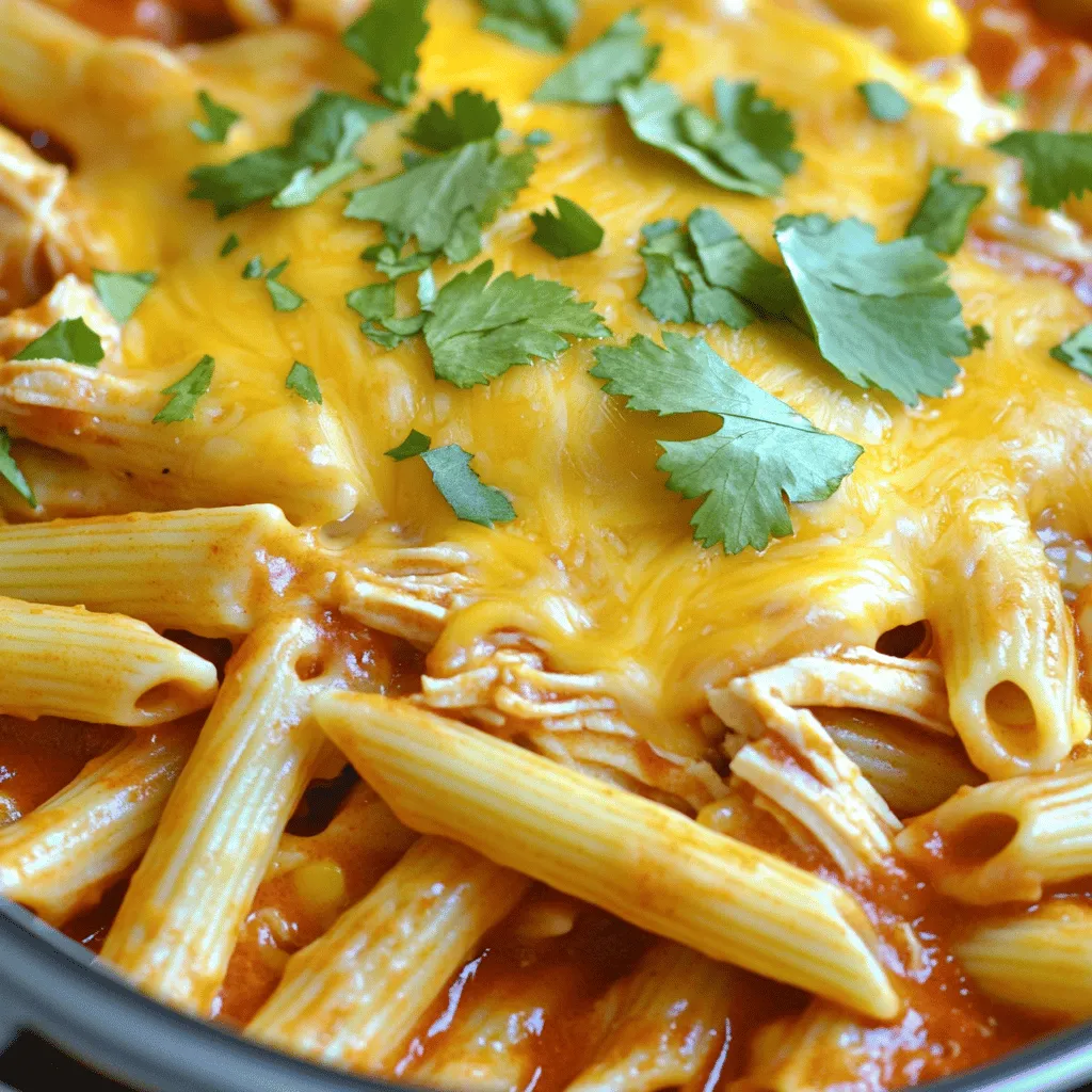 To make this creamy chicken enchilada pasta, gather these main ingredients: - 1 lb boneless, skinless chicken breasts - 1 tablespoon olive oil - 1 small onion, diced - 2 cloves garlic, minced - 1 can (10 oz) red enchilada sauce - 2 cups chicken broth - 8 oz pasta (penne or rotini works well) - 1 cup corn (frozen or canned) - 1 cup heavy cream - 1 teaspoon cumin - 1 teaspoon chili powder - Salt and pepper to taste - 1 cup shredded cheddar cheese - Fresh cilantro for garnish These ingredients blend together to create a rich and flavorful dish. The chicken adds protein, while the pasta makes it filling. The enchilada sauce gives it a lovely kick, making it a family favorite. You can enhance the dish with these optional add-ins: - Black beans for added protein and fiber - Jalapeños for a spicy kick - Bell peppers for extra color and crunch - Lime juice for brightness These add-ins can make your pasta even more exciting. Feel free to mix and match based on your taste. To serve your creamy chicken enchilada pasta, consider these garnishes: - Extra shredded cheddar cheese - Fresh cilantro for a pop of color - Sliced avocado for creaminess - A squeeze of lime juice for zest Serve the pasta in bowls, topped with your chosen garnishes. This not only looks appealing but also adds layers of flavor. Enjoy your meal with a side salad or some crusty bread for a complete dinner experience. First, you need to get your Instant Pot ready. Set it to the sauté function. Pour in one tablespoon of olive oil. Let the oil heat up for a moment. Add one small diced onion. Stir it for about 2-3 minutes. You want it to look clear, not brown. Next, add two minced garlic cloves. Stir this mix for about 30 seconds. The aroma will be amazing! Now, let’s add the chicken. Take one pound of boneless, skinless chicken breasts. Season them with salt, pepper, one teaspoon of cumin, and one teaspoon of chili powder. Place the chicken in the pot. Sear it for about 2 minutes on each side. This step locks in the flavor. After that, pour in one can of red enchilada sauce and two cups of chicken broth. Add eight ounces of pasta, like penne or rotini, and one cup of corn. Make sure to stir gently. You want the pasta to be covered by the liquid. Close the lid of your Instant Pot. Set the valve to sealing. Now, cook on high pressure for six minutes. When the time is up, be careful. Perform a quick release of the pressure. Open the lid when it is safe to do so. Take out the chicken breasts and shred them with two forks. Return the shredded chicken to the pot. Stir in one cup of heavy cream and half of the shredded cheddar cheese. Mix it well until it’s creamy. Check the taste and add more salt or pepper if you want. Let it rest for a few minutes to thicken. Now, serve your pasta in bowls. Top with the rest of the cheese and some fresh cilantro. Enjoy your meal! To shred chicken well, use two forks. Hold one fork steady and pull with the other. Start with chicken that is warm. It shreds easier when it's hot. I like to shred right after cooking. This keeps all the juices in the chicken. You can also use a hand mixer for quick shredding. Just be careful not to overmix it. If you want more heat, add more chili powder. For less spice, cut back on it. You can also add some diced jalapeños for extra flavor. If you want to tone down the spice, add more heavy cream. This helps balance the heat. Always taste your dish before serving to find the right level for you. To get a creamy sauce, add heavy cream at the end. Stir it in slowly after you shred the chicken. This keeps the cream from curdling. If you want it thicker, let it sit for a few minutes. The pasta will absorb some of the sauce. You can also add a bit of pasta water for a silkier finish. {{image_2}} You can make a vegetarian version of creamy enchilada pasta. Instead of chicken, use 1 can of black beans or chickpeas. These beans add protein and a nice texture. You can also add more corn for sweetness. Replace the chicken broth with vegetable broth to keep it flavorful. This way, you keep the dish rich and hearty, while making it meat-free. Pasta shapes can change how your dish feels. Penne or rotini work well, but you can try others too. Fusilli gives a nice twist and holds sauce well. Farfalle looks pretty and adds fun to your meal. Use your favorite shape, or whatever you have at home. Each type brings its own fun texture to the dish. Adding vegetables boosts nutrition and flavor. Bell peppers, zucchini, or spinach work great. Chop them up and add them when you sauté the onions. They will cook nicely and blend with the sauce. This not only makes the dish healthier, but it also makes it colorful and inviting. You can mix and match vegetables based on what you like. After enjoying your Instant Pot creamy chicken enchilada pasta, let it cool down. Store leftovers in airtight containers. This keeps flavors fresh. You can keep it in the fridge for up to three days. If you want to enjoy it later, freezing is a great option. To reheat, use either a microwave or a stovetop. If using the microwave, place a portion in a bowl. Cover with a damp paper towel to keep moisture. Heat for about 2-3 minutes, stirring halfway. On the stovetop, add a splash of chicken broth. Heat in a pan over low heat until warm. Stir to combine and enhance taste. If you choose to freeze it, do so right after cooking. Pour the pasta into freezer-safe bags or containers. Remove as much air as possible to avoid freezer burn. It can last up to three months in the freezer. When ready to eat, thaw it overnight in the fridge before reheating. Enjoy the creamy goodness again! Yes, you can use frozen chicken breasts. The Instant Pot cooks them well. Just add a few extra minutes to the cooking time. Instead of 6 minutes, cook for 10 minutes on high pressure. This way, the chicken will be safe and tender. If you want a lighter option, use half-and-half or whole milk. Coconut milk works too for a dairy-free version. For a thicker sauce, blend silken tofu and use it as a cream substitute. These options still keep it creamy and tasty. To make this pasta gluten-free, choose gluten-free pasta. Many brands offer great options that cook well. Check the enchilada sauce and chicken broth too. Ensure they are gluten-free to keep the dish safe. Enjoy your gluten-free creamy chicken enchilada pasta! This blog post covers how to make delicious creamy chicken enchilada pasta in an Instant Pot. You learned about the main ingredients, useful tips, and variations for the dish. Proper storage and reheating also help keep it fresh. In summary, this recipe is easy to follow and perfect for busy days. Try it out and enjoy the creamy flavor and spice. With a few tweaks, you can make it your own. Happy cooking!