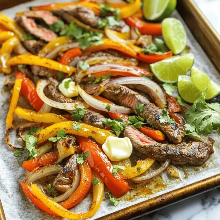 For this tasty dish, you need a few main items. Here’s what I use: - 1 lb flank steak, sliced into thin strips - 2 bell peppers (any color), sliced - 1 medium onion, sliced - 4 cloves garlic, minced - 1/4 cup unsalted butter, melted - 2 tablespoons lime juice - 1 tablespoon chili powder - 1 teaspoon cumin - 1 teaspoon paprika - 1/2 teaspoon salt - 1/2 teaspoon black pepper - 8 small flour tortillas - Fresh cilantro, chopped (for garnish) - Lime wedges (for serving) These ingredients come together to create bold flavors. The garlic and butter add richness, while the lime juice brings brightness. You can change up the dish with some fun extras. Here are a few ideas: - Different colors of bell peppers for a vibrant look - Jalapeños for a spicy kick - Corn or black beans for added texture - Avocado or guacamole for creaminess - Sour cream for a tangy finish Feel free to mix and match. This dish is all about your taste! If you can’t find some ingredients, don’t worry! Here are some easy swaps: - Use sirloin or skirt steak instead of flank steak. - Swap butter for olive oil if you want a lighter option. - Lime juice can be replaced with lemon juice for a similar taste. - Use taco seasoning if you don’t have chili powder, cumin, or paprika. These changes keep the meal delicious while fitting your needs. Enjoy experimenting! Start by preheating your oven to 400°F (200°C). This step ensures your fajitas cook evenly. Next, line a rimmed baking sheet with parchment paper or aluminum foil. This makes cleanup a breeze. Now, grab a large bowl. In it, combine the sliced flank steak, sliced bell peppers, sliced onion, and minced garlic. Mix them well for a good blend of flavors. In a separate bowl, you’ll make a sauce. Whisk together 1/4 cup of melted butter, 2 tablespoons of lime juice, 1 tablespoon of chili powder, 1 teaspoon of cumin, 1 teaspoon of paprika, 1/2 teaspoon of salt, and 1/2 teaspoon of black pepper. Pour this sauce over the steak and veggies. Toss everything until well coated. Spread the seasoned steak and veggies evenly onto your prepared sheet pan. Make sure they are in a single layer. This helps them cook properly. Place the sheet pan in the preheated oven. Bake for 20 to 25 minutes. Keep an eye on them. You want the steak cooked to your liking and the vegetables tender and slightly charred. While your fajitas bake, warm up 8 small flour tortillas. You can do this in a pan or microwave. Warm tortillas make wrapping easier. Once cooked, remove the sheet pan from the oven. Let it rest for a few minutes. This allows the juices to settle. Then, garnish the dish with chopped cilantro. Serve the fajitas with warm tortillas and lime wedges. The lime adds a fresh touch when drizzled over the top. Enjoy your delicious garlic butter steak fajitas family-style! To get your steak just right, use a meat thermometer. Aim for 130°F for medium-rare and 145°F for medium. If you don't have a thermometer, check the texture. Medium-rare feels soft and springy, while medium feels firmer. Let the steak rest for a few minutes after cooking. This helps juices stay inside, making your fajitas juicy. When roasting veggies, cut them into even sizes. This helps them cook evenly. Use parchment paper on your baking sheet for easy cleanup. Toss the veggies in a bit of oil and seasonings before roasting. This adds flavor and helps them brown. Spread them out in a single layer. Overcrowding leads to steaming instead of roasting. For a great look, serve fajitas right from the baking sheet. This makes it fun and easy for everyone. Add colorful lime wedges and fresh cilantro on top. It makes the dish pop! You can also offer a variety of toppings like salsa, guacamole, or sour cream. This way, each person can customize their fajitas. {{image_2}} You can switch up the protein in these fajitas. Chicken breast works great. It cooks fast and stays juicy. You can also use shrimp for a lighter touch. Just adjust the cooking time for shrimp. For more flavor, consider using pork tenderloin. Cut it into thin strips like the steak. Each option gives a unique taste to your dish. If you love heat, add some sliced jalapeños to the mix. They roast well and pack a punch. You can also sprinkle cayenne pepper into your spice mix. For a milder taste, skip the chili powder. You can also use sweet bell peppers instead of spicy ones. Adjusting spices lets you make this dish just right for your taste. You can easily make this a vegetarian meal. Replace the steak with sliced portobello mushrooms. They have a meaty texture that works well. You can also use firm tofu cut into strips. Marinate it in the same garlic butter mix. Add extra vegetables like zucchini or squash for more flavor. This way, you keep the essence of fajitas while going meat-free. To store your leftover fajitas, let them cool first. Then, place them in an airtight container. Keep the container in the fridge. Your fajitas will stay fresh for up to three days. If you have extra tortillas, store them separately to keep them soft. When you want to enjoy your fajitas again, you can reheat them easily. Use a skillet over medium heat. Add a little oil to prevent sticking. Heat the fajitas for about five to seven minutes. Stir them often to warm all sides. You can also use the microwave. Heat them in a safe dish for one to two minutes. Check them to ensure they are hot all the way through. If you want to save your fajitas for later, freezing is a great option. First, let the cooked fajitas cool completely. Then, place them in a freezer-safe bag or container. Squeeze out as much air as possible to prevent freezer burn. Your fajitas can last in the freezer for up to three months. When you're ready to eat, thaw them in the fridge overnight before reheating. Yes, you can use other cuts of steak. Sirloin, ribeye, or skirt steak work well too. Each cut has a different flavor and texture. Just slice the meat thinly for the best results. This keeps it tender and flavorful when cooked. The best toppings for fajitas are fresh and colorful. Here are some great options: - Sliced avocado - Shredded cheese - Sour cream - Fresh salsa - Pickled jalapeños - Chopped tomatoes - Fresh cilantro Feel free to mix and match your favorites. These toppings add flavor and fun to your meal. You can prepare the ingredients ahead of time. Slice the steak and veggies the day before. Store them in the fridge in an airtight container. Mix the garlic butter sauce and keep it separate. When you’re ready to cook, just combine everything and bake. This saves time and makes dinner easy. You learned how to make sheet-pan garlic butter steak fajitas with fresh, tasty ingredients. We covered essential and optional items, plus great substitutions. You now have a clear step-by-step guide, tips for perfect cooking, and variations to suit your taste. Storage guidelines make leftover care easy, and FAQs answered common concerns. Making this dish can be fun and rewarding for all. Enjoy your fajitas, and share them with family and friends!