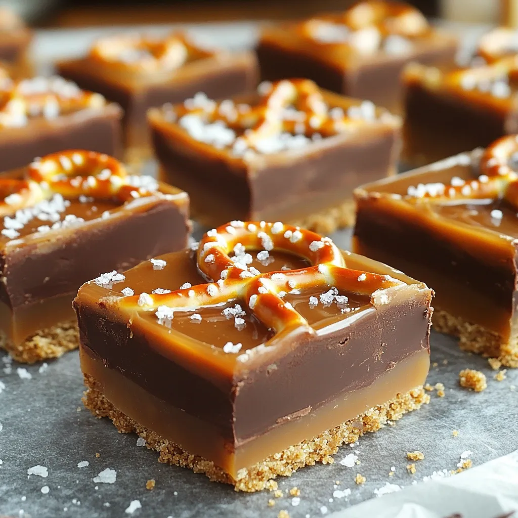 To make these no-bake salted caramel pretzel bars, you will need: - 2 cups pretzel rods, crushed - 1 cup graham cracker crumbs - 1/2 cup unsalted butter, melted - 1 cup brown sugar, packed - 1 cup sweetened condensed milk - 1 teaspoon vanilla extract - 1 cup semi-sweet chocolate chips - 1/4 cup sea salt (for topping) These ingredients create a sweet and salty treat that is hard to resist. You can swap some ingredients if you need to. For example: - Use almond butter instead of unsalted butter for a nutty flavor. - Try honey or maple syrup in place of brown sugar for a different sweetness. - If you don’t have graham cracker crumbs, use crushed cookies like digestive biscuits. - Dark chocolate chips can replace semi-sweet chocolate chips for a richer taste. These changes can keep your recipe fresh and exciting. Want to make these bars a bit healthier? Here are some tips: - Use whole grain pretzels for extra fiber. - Choose reduced-fat sweetened condensed milk to cut calories. - Add nuts or seeds for added nutrition and crunch. - Use a sugar substitute like stevia for a lower sugar option. These choices can help you enjoy the flavors while being a bit kinder to your health. First, gather your ingredients. You need crushed pretzel rods and graham cracker crumbs. In a large bowl, mix 2 cups of pretzel rods with 1 cup of graham cracker crumbs. Pour in 1/2 cup of melted unsalted butter. Stir until everything is well combined. The mixture should feel moist. Next, take a lined 9x9 inch baking dish. Press the pretzel mixture firmly into the bottom. Make sure it is even. This forms the base of your bars. Set this aside while you prepare the caramel. Now, grab a medium saucepan. Add 1 cup of packed brown sugar and 1 cup of sweetened condensed milk. Place it over medium heat. Stir it often until it comes to a boil. This will take a few minutes. Once boiling, reduce the heat to low. Let it simmer for 3-4 minutes while stirring. You want the mixture to thicken. When it does, remove it from the heat. Stir in 1 teaspoon of vanilla extract for flavor. Immediately pour the caramel over the pretzel crust. Use a spatula to spread it evenly. This layer adds a rich, sweet taste to your bars. Next, it's time to melt the chocolate. Place 1 cup of semi-sweet chocolate chips in a microwave-safe bowl. Heat them in 30-second bursts. Stir after each burst until smooth and melted. Pour the melted chocolate over the caramel layer. Spread it out with a spatula. This adds a creamy finish to your bars. Finally, sprinkle 1/4 cup of sea salt on top. This will give a nice salty contrast to the sweet layers. Refrigerate your bars for at least 2 hours. This helps them set properly. Once firm, lift them out using the parchment paper. Cut into squares and enjoy your tasty creation! To get the best texture, make sure the crust is tightly pressed. This helps it hold together. Use a flat object, like a measuring cup, to press it down firmly. When you pour the caramel on top, let it cool slightly. If it's too hot, it may melt the crust. For the top layer, ensure the chocolate is smooth. Stir it well after melting. This gives the bars a nice finish. One common mistake is not letting the bars chill long enough. They need at least two hours in the fridge to set. If you skip this, they may fall apart when cut. Another mistake is overcooking the caramel. Keep an eye on it while it simmers. If it gets too thick, it won’t pour well. Lastly, don’t skip the sea salt. It balances the sweetness and makes each bite pop. You can easily boost flavor with simple tweaks. Try adding a pinch of cinnamon to the pretzel crust. This gives a warm, cozy taste. You could also mix in some crushed nuts for crunch. Using dark chocolate instead of semi-sweet can add richness. For a fun twist, drizzle caramel on top before the chocolate. It adds extra sweetness and looks great, too! {{image_2}} You can make these bars even better by adding nuts. Chopped pecans or walnuts add crunch. I suggest mixing in about 1/2 cup of your favorite nuts. You can also sprinkle nuts on top before the chocolate layer sets. This adds flavor and texture to every bite. If you want to switch up the chocolate, try using white chocolate or milk chocolate. To do this, just melt the chocolate of your choice. You can even mix in a bit of peanut butter for a yummy twist. This will change the taste but still keep it delicious. To make these bars gluten-free, use gluten-free pretzels and graham cracker crumbs. For a vegan option, swap the butter for coconut oil. You can also use a plant-based condensed milk. These simple changes let everyone enjoy the treat, no matter their diet! Store your No-Bake Salted Caramel Pretzel Bars in an airtight container. This keeps them fresh and tasty. If you don’t have a container, wrap them tightly in plastic wrap. Place the bars in the fridge for best results. This helps them stay firm and delicious. These bars will stay good for about one week in the fridge. After a few days, the pretzels may soften. For the best taste and crunch, try to eat them within three days. If you want to keep them longer, consider freezing them. To freeze your bars, first cut them into squares. Wrap each square in plastic wrap and place them in a freezer bag. Make sure to remove as much air as possible. They can stay frozen for up to three months. When you're ready to eat them, just thaw in the fridge for a few hours. Enjoy the same great taste! Yes, you can swap in nuts. Almonds or pecans work well. Just chop them small. This adds a nice crunch. You can mix nuts with pretzels too. The caramel is ready when it thickens and bubbles. Stir it for 3-4 minutes. It should coat the back of a spoon. If it drips off too fast, cook a bit longer. No worries! You can use crushed cookies instead. Try vanilla wafers or digestive biscuits. They all give a great taste and texture. Absolutely! These bars store well. You can make them a day or two in advance. Just keep them in the fridge. This lets the flavors blend nicely. Use a sharp knife for clean cuts. First, lift the bars out using the parchment. Then, cut them into squares or rectangles. This makes serving easy and neat. You learned how to make tasty salted caramel pretzel bars from this post. We covered ingredients, step-by-step instructions, and helpful tips. You can try flavor swaps and options for special diets. Remember, good storage keeps them fresh. Enjoy experimenting with this fun recipe! Happy cooking and creating your delicious treats!