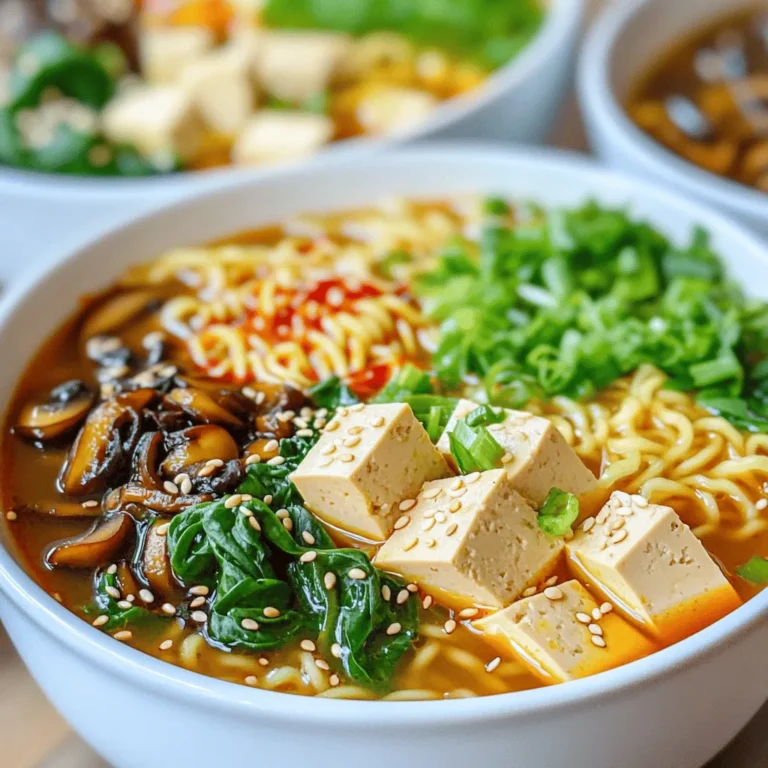 - 4 cups vegetable broth - 2 tablespoons miso paste (spicy or regular) - 1 tablespoon soy sauce - 1 teaspoon sesame oil - 1 block firm tofu, drained and cubed - 2 servings of ramen noodles - 1 cup shiitake mushrooms, sliced - 1 cup baby spinach - 1 carrot, julienned - 2 green onions, chopped - 1 teaspoon grated ginger - 2 cloves garlic, minced - Chili oil (optional, for extra heat) - Sesame seeds, for garnish - Extra chili flakes for more heat - Additional vegetables like bok choy or bell peppers - Soft-boiled eggs for added protein This spicy miso ramen with tofu is a hearty and nutritious meal. Each serving has about: - Calories: 400 - Protein: 20g - Carbohydrates: 50g - Fat: 15g - Fiber: 6g - Sodium: 800mg This recipe is rich in plant-based protein from tofu. It also offers vitamins from the vegetables. Enjoy this bowl as a tasty and healthy option for lunch or dinner! Start by pressing the tofu. Use paper towels to soak up extra moisture. This step is key. It helps the tofu absorb the flavors later. Cut the tofu into small cubes. Set the cubes aside for now. Grab a large pot and heat sesame oil over medium heat. Add grated ginger and minced garlic. Stir them for about 30 seconds. You will smell a lovely aroma! This step builds the base of your broth. Next, add sliced shiitake mushrooms and julienned carrots to the pot. Sauté for 3 to 4 minutes. You want them to soften a bit. Now pour in the vegetable broth and bring it to a simmer. Stir in the miso paste and soy sauce. Mix well until everything dissolves. Gently add the cubed tofu into the broth. Let it simmer for an extra 5 to 7 minutes. This allows the tofu to soak up all the good flavors. In a different pot, cook the ramen noodles according to the package. Once done, drain them and set them aside. Before serving, stir in the baby spinach. Let it wilt for a moment, keeping its bright color. In deep bowls, add the cooked ramen noodles. Ladle the hot broth and tofu over the noodles. Top with chopped green onions and sprinkle sesame seeds. For extra heat, drizzle some chili oil on top. Serve this bowl of spicy miso ramen with tofu hot and enjoy every bite! When making spicy miso ramen, pick firm or extra-firm tofu. This type holds its shape well during cooking. Look for tofu that is fresh and has a good texture. If you press it, it will soak up more flavor. Press it between paper towels for about 15 minutes. This step helps remove excess moisture. To enhance the taste, use high-quality miso paste. Spicy miso adds a nice kick, but regular miso works too. Combine the miso with soy sauce and sesame oil for depth. Don’t forget to sauté garlic and ginger first. These two ingredients bring out rich flavors. Adjust the heat by adding chili oil. It can make your ramen even spicier. Serve your ramen in deep, wide bowls. This allows for a beautiful display of colors. Start with the noodles as a base, then add the broth. Top with vibrant greens like spinach and green onions. A sprinkle of sesame seeds adds a nice touch. For extra flair, you can add chili flakes on top for a pop of color and heat. These simple steps make your dish look as good as it tastes! {{image_2}} To make this dish vegetarian or vegan, swap the broth. Use a vegetable broth instead of chicken broth. You can also choose a miso paste that is vegan. Miso paste is usually made from soybeans, salt, and koji. Check the label to ensure it has no fish products. You can also add plant-based protein like tempeh or seitan instead of tofu. If you like heat, use spicy miso paste. It adds a nice kick to your ramen. If you prefer a milder flavor, go for regular miso paste. You can also adjust the amount of chili oil you add. Start with a small drizzle and taste before adding more. This way, you control the spice level to suit your taste buds. Feel free to get creative with your veggies. Broccoli, bok choy, or snap peas all work well. Just make sure to add them at the right time. Cook firmer vegetables like broccoli longer to soften them. Add delicate vegetables like spinach or bok choy near the end to keep them fresh. This way, you get a colorful and nutritious bowl of ramen. After enjoying your spicy miso ramen with tofu, let the leftovers cool down. Store them in an airtight container. You can keep them in the fridge for up to three days. Make sure to separate the broth and noodles if possible. This keeps the noodles from getting soggy. When you’re ready to eat again, heat the ramen on the stove. Pour the broth and noodles into a pot. Warm them on medium heat until hot, about five to seven minutes. If you like, add a splash of water to keep it from drying out. Stir gently to mix the flavors back together. You can also use the microwave for quick reheating. Just cover the bowl and heat in short bursts. If you want to save your ramen for later, you can freeze it. Place the cooled ramen in a freezer-safe container. Make sure to leave some space for expansion. It can last for up to three months in the freezer. When you want to eat it, thaw it overnight in the fridge. Reheat as described above for a tasty meal. I like to use spicy miso for a bold flavor. You can also choose white or red miso. Each type brings its unique taste. If you want less heat, stick to white miso. Yes, you can use instant ramen noodles. They cook quick and save time. Just follow the package instructions for the best results. Make sure to drain them well before adding them to the soup. To make this ramen gluten-free, use gluten-free ramen noodles. Also, check your soy sauce for gluten. You can use tamari instead. It has a similar taste without gluten. If you don’t have shiitake mushrooms, use button or cremini mushrooms. They add a nice texture and flavor. You can also try other types like oyster mushrooms for a fun twist. Absolutely! You can add more tofu or even some cooked chicken. For a plant-based option, try chickpeas or edamame. They boost protein and make your ramen even more filling. In this post, we covered key ingredients for a tasty dish, including optional elements. I detailed step-by-step instructions, from preparing tofu to serving it hot. I shared tips on choosing tofu and perfecting flavors, plus different variations to try. Lastly, I explained how to store leftovers and answered common questions. Always feel free to experiment with flavors and ingredients. This dish is flexible and fun. With the right approach, you can make it your own. Enjoy your cooking journey!