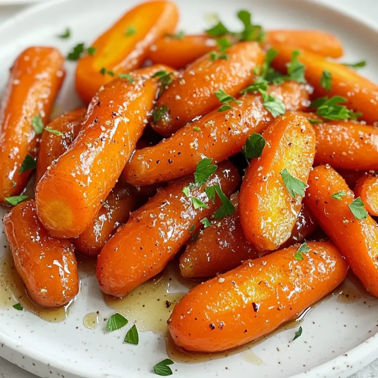 - 2 pounds of baby carrots, trimmed - 1/4 cup pure maple syrup - 1/4 cup brown sugar - 3 tablespoons olive oil - 1 teaspoon cinnamon - 1/2 teaspoon nutmeg - Salt and pepper to taste - Fresh parsley, chopped (for garnish) When choosing baby carrots, look for ones that are bright in color. They should feel firm and smooth. Avoid carrots with soft spots or wrinkles. Fresh carrots taste the best and hold their shape when cooking. Using pure maple syrup is key for this recipe. It adds a rich flavor that mixes well with the brown sugar. Avoid fake syrup; it lacks the depth of real maple. Brown sugar comes in light and dark varieties. Light brown sugar has a milder flavor, while dark brown sugar has more molasses. For this recipe, either works well, but dark brown sugar boosts the sweetness and color. 1. Preheat the oven to 425°F (220°C). This high heat helps caramelize the carrots. 2. In a large bowl, mix together the maple syrup, brown sugar, olive oil, cinnamon, nutmeg, salt, and pepper. Whisk until the sugar dissolves. This creates a sweet glaze for the carrots. 1. Add the trimmed baby carrots to the bowl. Toss them well to coat every carrot in the glaze. 2. Spread the carrots out on a large baking sheet. Make sure they are in a single layer for even roasting. 3. Roast the carrots in the oven for 25-30 minutes. Remember to toss them halfway through. This ensures they cook evenly and get tender. 1. After roasting, take the carrots out of the oven and let them cool for a minute. 2. Transfer the carrots to a serving dish. Garnish with fresh parsley for a pop of color and flavor. Serve these delicious carrots on a rustic platter. Drizzle any leftover glaze from the pan on top for extra sweetness. They make a perfect side for any meal! To get that perfect caramelization, roast your carrots in a single layer. This helps them cook evenly and brown nicely. If you stack them, they will steam instead of roast. The best temperature for roasting is 425°F (220°C). This high heat brings out the natural sugars in the carrots and the sweet glaze. Want to add more flavor? Try adding herbs like thyme or rosemary. A pinch of chili flakes can add heat if you like spice. For sweeteners, you can swap out brown sugar for coconut sugar or honey. Each option gives a different twist to the dish. One common mistake is overcrowding the pan. This leads to uneven cooking and less caramelization. Another mistake is skipping the tossing step. Toss the carrots halfway through cooking to ensure they brown on all sides. This simple step makes a big difference in flavor and texture. {{image_2}} You can switch maple syrup for honey if you want. Honey adds a nice floral taste. You can also use coconut sugar instead of brown sugar. Coconut sugar gives a deeper flavor and is less sweet. It works well with the carrots, too. For a crunchy twist, add walnuts or pecans. They give a nice crunch and extra flavor. Mixing in other vegetables can change things up. Try adding sweet potatoes or parsnips. They roast well and taste great with the sweet glaze. You can make this dish vegan-friendly by using maple syrup and olive oil. Both are plant-based and keep the recipe delicious. For gluten-free options, there’s no need to change anything. All the ingredients are naturally gluten-free, so you can enjoy them worry-free. Store leftover roasted carrots in the fridge. Place them in an airtight container. Make sure the carrots cool before sealing. They will stay fresh for about 3 to 5 days. The best way to reheat roasted carrots is in the oven. Preheat the oven to 350°F (175°C). Spread the carrots on a baking sheet. Heat for about 10 to 15 minutes. This method keeps them crisp. You can also use a microwave. Heat in short bursts to avoid sogginess. Use a covered bowl and add a splash of water. You can freeze roasted carrots for later use. Allow them to cool completely. Place them in a freezer-safe bag. Remove as much air as possible. They can last up to 3 months in the freezer. When ready to eat, thaw in the fridge overnight. For the best texture, reheat in the oven after thawing. Baby carrots are perfect for this dish. They are tender and sweet. Regular carrots can also work, but they need more prep. You must peel and cut them into even pieces. Baby carrots roast quickly and caramelize well. Their small size makes them easy to enjoy. Yes, you can prep these carrots ahead. Wash and trim the baby carrots a day before. Mix the glaze and toss the carrots in it. Store them in the fridge in a covered bowl. When ready, just spread them on a baking sheet and roast. This saves time and makes dinner easier. Roasted carrots can last for about 3 to 5 days in the fridge. Make sure to store them in an airtight container. This keeps them fresh and tasty. If they lose some texture, try reheating them in the oven. This will help bring back some crispness. Roasting baby carrots is simple and rewarding. You learned the right ingredients, like pure maple syrup and brown sugar. I shared preparation steps, roasting tips, and variations. Remember, choose quality ingredients for the best taste. Keeping them in a single layer ensures a perfect roast. Feel free to try different sweeteners and add nuts for crunch. Lastly, store leftovers properly and enjoy them later. Experiment, have fun, and enjoy your delicious roasted carrots!