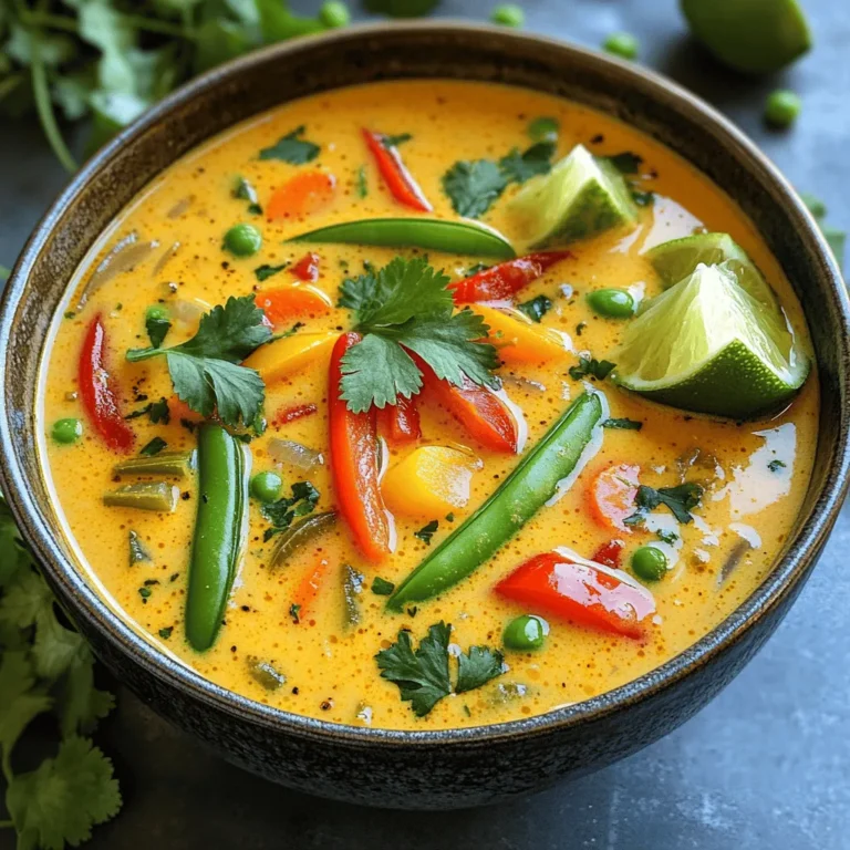 - 1 can (14 oz) coconut milk - 4 cups vegetable broth - 1 tablespoon red curry paste - 1 tablespoon ginger, minced - 3 cloves garlic, minced - 1 bell pepper, diced (red, yellow, or orange) - 1 cup carrots, sliced - 1 cup snap peas or green beans - 1 can (15 oz) chickpeas, drained and rinsed - 2 tablespoons soy sauce or tamari - 1 tablespoon lime juice - Fresh cilantro, for garnish - Sriracha, for serving (optional) When you make my Slow Cooker Thai Coconut Curry Soup, the ingredients create layers of flavor. Let’s break down each part. Coconut milk adds creaminess. It makes the soup rich and smooth. Vegetable broth serves as the base. It gives the soup depth and warmth. Red curry paste brings heat. It packs a punch that excites your taste buds. Fresh ginger and garlic bring brightness. They add zest and aroma that fill your kitchen. For vegetables, you have options. Bell peppers come in many colors. Each adds its own flavor and crunch. Carrots offer sweetness and texture. Snap peas or green beans add a nice snap. Chickpeas give protein and fill you up. They make this meal hearty. Seasonings bring everything together. Soy sauce or tamari adds umami. A touch of lime juice brightens the flavors. Fresh cilantro gives a fresh pop. If you like heat, Sriracha is perfect on top. It adds spice and makes each bite exciting. With these ingredients, your soup will be a hit. You can mix and match based on what you have. Enjoy cooking! Start by combining the coconut milk and the vegetable broth in your slow cooker. Mix well. Next, add the red curry paste. Stir in the minced ginger and garlic. This base brings rich flavor to the soup. Now, it’s time to incorporate the veggies and protein. Add the diced bell pepper and sliced carrots. Toss in the drained chickpeas and snap peas. Stir everything together so all the ingredients blend well. The colors will make the soup so inviting! Set your slow cooker. If you choose low, cook for 6 to 8 hours. For high, cook for 3 to 4 hours. Check for vegetable tenderness before serving. The veggies should be soft but not mushy. Enjoy your time in the kitchen! To make the soup taste amazing, balance the flavors. Use lime juice to add brightness. It cuts through the rich coconut milk. A pinch of salt can also bring out all the flavors. Adjust both to your liking. If you want more heat, add Sriracha. This spicy sauce gives a nice kick. Start with a little, then taste. You can always add more if you like it spicier. You can change the protein in this soup. Try using chicken instead of chickpeas. Just make sure to cook it through. For a vegetarian option, tofu works well too. It soaks up all the delicious flavors. Feel free to mix up the veggies too. If you don't have snap peas, use green beans instead. You can also add more carrots or any veggie you like. Just remember to cut them small for even cooking. Garnish your soup with fresh cilantro. It adds color and flavor. You can also add lime wedges on the side for extra zing. For sides, rice is a great option. It soaks up the soup and makes it filling. You can also serve it with crusty bread for dipping. Enjoy your warm, tasty meal! {{image_2}} If you follow a gluten-free diet, use tamari instead of soy sauce. Tamari is a great choice for flavor. It adds depth without gluten. You can also make this soup vegan-friendly. The recipe is already plant-based. Just ensure your red curry paste is vegan. For a dairy-free option, the coconut milk is perfect. It gives a rich and creamy texture. If you want to swap out some veggies, think about using seasonal picks. Zucchini or butternut squash can work well. They add great taste and nutrition. You can also use leafy greens like spinach for a boost. You can change the flavor by using green curry paste. This gives a fresh and vibrant taste. If you’re curious about red curry or yellow curry soup, try them out. Red curry tends to be spicier, while yellow has a milder flavor with turmeric. Each option brings its unique twist to your soup. To store leftovers, let the soup cool. Use an airtight container. This keeps it fresh and tasty. You can store it in the fridge for up to four days. Check for any signs of spoilage before eating. To freeze the soup, let it cool completely. Pour it into freezer-safe bags or containers. Make sure to leave some space for expansion. It can last up to three months in the freezer. When you’re ready to eat, thaw it overnight in the fridge. For reheating, heat it gently on the stove. Add a splash of broth if it seems thick. This helps bring back its creamy texture. When serving leftovers, reheat the soup until it’s hot throughout. Add a squeeze of fresh lime juice. This brightens the flavor and adds freshness. You might also want to sprinkle some cilantro on top. If you love spice, add a dash of Sriracha. This can really enhance the taste after refrigeration. To thicken your soup, you have a few options. One way is to add a cornstarch slurry. Mix one tablespoon of cornstarch with two tablespoons of cold water. Stir this into your soup about 30 minutes before serving. Another option is to blend some of the soup. Use an immersion blender or a regular blender. Blend just a part of it to create a creamier texture. This keeps the veggies intact while thickening the broth. You can also add more vegetables like potatoes or sweet potatoes. They break down during cooking and add body to the soup. Yes, you can make this soup in advance. It actually tastes better the next day! Cook the soup as directed, then let it cool. Store it in an airtight container in the fridge for up to three days. You can also freeze it for up to three months. Just make sure to leave out any fresh cilantro and Sriracha. Add those right before serving for the best flavor. If you want to swap out chickpeas, try using white beans or lentils. Both options add protein and fiber. You can also use shredded chicken or tofu for a different flavor. Just make sure to adjust the cooking time. Add cooked proteins in the last hour of cooking to keep them tender. Feel free to mix and match based on what you have or like! In this post, we explored a tasty slow cooker Thai coconut curry soup. We covered key ingredients like coconut milk, veggies, and proteins. We discussed ways to enhance flavors and offered tips for storing the soup. You can adapt the recipe to fit your diet and personal taste. Remember, cooking is about creativity. Use this recipe as a guide, but feel free to mix it up. With these tips, you will make a delicious meal. Enjoy the cooking adventure and share the soup with loved ones!