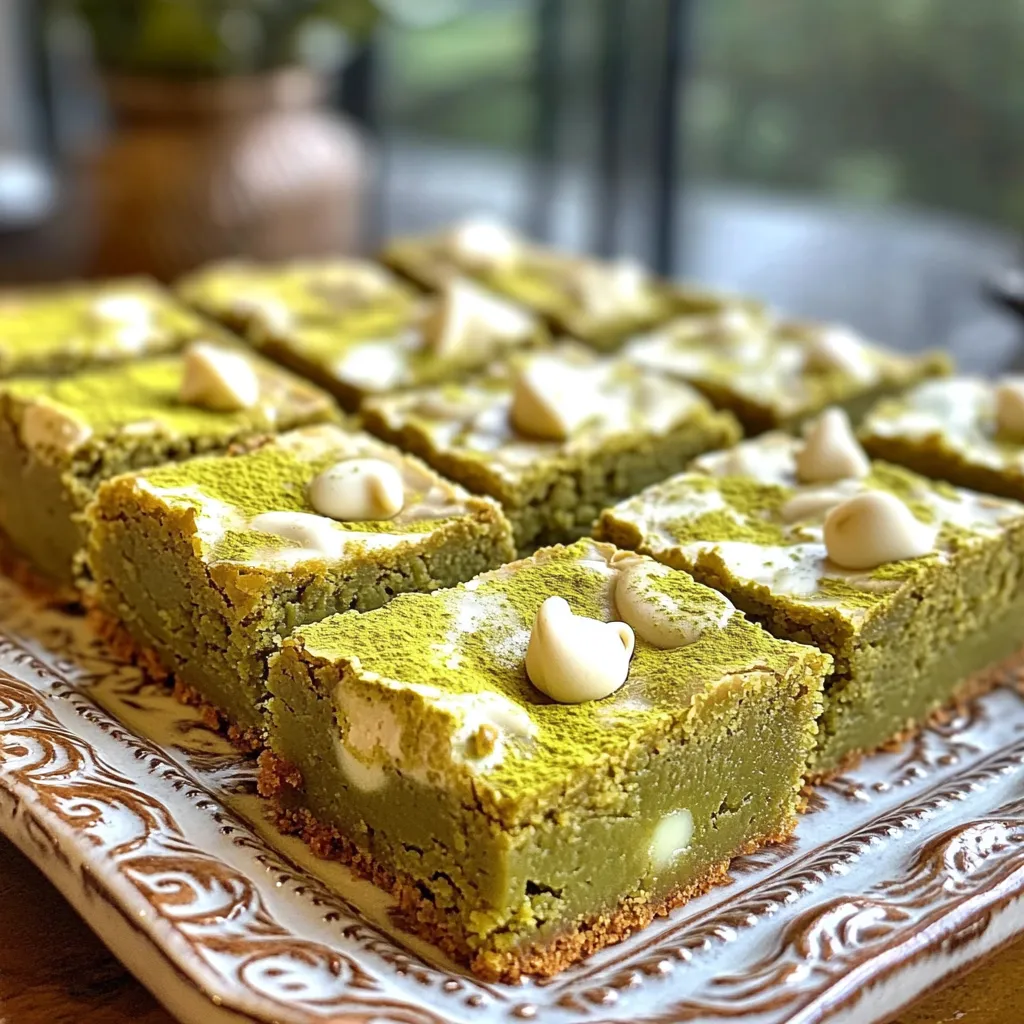 To make Matcha White Chocolate Blondies, gather these simple ingredients: - 1 cup unsalted butter, melted - 1 cup brown sugar, packed - 1/2 cup granulated sugar - 2 large eggs - 2 teaspoons vanilla extract - 2 cups all-purpose flour - 1 tablespoon matcha powder - 1/2 teaspoon baking powder - 1/4 teaspoon salt - 1 cup white chocolate chips These ingredients combine to create a sweet and rich treat. The matcha adds a unique flavor and color. You can make some swaps if needed: - Use coconut oil instead of butter for a dairy-free version. - Replace brown sugar with coconut sugar for a healthier option. - Swap white chocolate chips for dark chocolate chips for a bolder taste. - Use almond flour for a gluten-free version, but adjust the amount. These substitutions help you tailor the recipe to your needs. Each change can offer a new twist. Using high-quality ingredients makes a big difference. Fresh, unsalted butter gives a rich flavor. Good matcha powder should be vibrant green and fragrant. It adds both taste and health benefits. Quality chocolate chips melt smoothly and enhance every bite. Investing in quality ingredients ensures your blondies taste amazing. It shows in the final result and makes the baking process enjoyable. Start by preheating your oven to 350°F (175°C). This step is key for even baking. Next, grease a 9x13 inch baking pan. You can also line it with parchment paper. This will help you remove the blondies easily later. In a large bowl, combine 1 cup of melted unsalted butter with 1 cup of brown sugar and 1/2 cup of granulated sugar. Stir until the mixture is smooth. Then, add 2 large eggs and 2 teaspoons of vanilla extract. Mix well until everything blends together nicely. In another bowl, whisk together 2 cups of all-purpose flour, 1 tablespoon of matcha powder, 1/2 teaspoon of baking powder, and 1/4 teaspoon of salt. Make sure the matcha is well mixed with the flour. This ensures even flavor throughout your blondies. Now it’s time to combine the dry and wet ingredients. Gradually fold the dry mix into the wet mix. Be gentle and don’t overmix. Afterward, gently fold in 1 cup of white chocolate chips. This adds a sweet touch to your blondies. Pour the batter into the prepared pan, spreading it out evenly. Bake in your preheated oven for about 25 to 30 minutes. To check if they are done, insert a toothpick in the center. It should come out with a few moist crumbs. Allow the blondies to cool in the pan for at least 20 minutes. After that, transfer them to a wire rack to cool completely. Once cooled, cut them into squares or rectangles for serving. To get the best texture, don’t overmix the batter. Mix until the dry and wet ingredients just come together. This keeps them soft and chewy. Also, using room temperature eggs helps create a smooth batter. If your butter is too hot, it can cook the eggs. Let it cool a bit before mixing. Timing is key for perfect blondies. Bake them for 25-30 minutes. Check for doneness by inserting a toothpick into the center. If it comes out with a few moist crumbs, they are ready. Don’t wait for a clean toothpick; that means they are overbaked. Serve your blondies on a pretty platter. Dust them lightly with extra matcha powder for a nice touch. You can pair them with whipped cream or fresh berries. This adds freshness and contrast to the sweet flavor. Warm them slightly before serving for a melt-in-your-mouth experience. {{image_2}} You can add fun flavors to your matcha white chocolate blondies. Nuts like walnuts or pecans add crunch. Dried fruit, such as cranberries or apricots, gives a sweet twist. You can also mix in shredded coconut for a tropical vibe. These extras make each bite unique and exciting. If you want to make these blondies gluten-free, swap the all-purpose flour for a gluten-free blend. Many brands work well in baking. Just ensure the blend has a good mix of starches and flours. This way, you’ll keep the same tasty texture without gluten. To make vegan matcha white chocolate blondies, replace the butter with coconut oil or vegan butter. Use flax eggs instead of regular eggs. Mix one tablespoon of ground flaxseed with three tablespoons of water. Let it sit for a few minutes until it thickens. For the white chocolate, choose a dairy-free version. With these changes, you can enjoy these blondies while sticking to a vegan diet. To keep your matcha white chocolate blondies fresh, store them in an airtight container. This step helps maintain their soft texture and rich flavor. You can layer the blondies with parchment paper to prevent sticking. Avoid keeping them in warm places, as heat can dry them out. When stored properly, blondies last about 5 days at room temperature. If you want to extend their shelf life, you can refrigerate them. In the fridge, they stay fresh for up to 10 days. Reheating blondies is easy. Just place a piece on a microwave-safe plate. Heat it for 10-15 seconds. Check to see if it’s warm enough. If you want a crispy edge, pop it in the oven at 350°F (175°C) for about 5 minutes. Enjoy your warm, gooey blondie again! Matcha is a green tea powder made from finely ground tea leaves. It brings a unique, earthy taste to your blondies. The vibrant green color also makes them look stunning. Matcha has a light sweetness that pairs well with the rich white chocolate. It adds depth and a hint of bitterness, balancing the sweetness of the other ingredients. Yes, you can use different types of chocolate in this recipe. Dark chocolate or milk chocolate can work well, too. Each chocolate type adds its own flavor twist. If you prefer a stronger taste, dark chocolate is a great choice. For a sweeter treat, stick with milk chocolate. Just ensure the chocolate complements the matcha taste. To check if your blondies are done, insert a toothpick in the center. If it comes out with a few moist crumbs, they are ready. If the toothpick has wet batter on it, they need more time. Bake for about 25-30 minutes, but keep an eye on them. Overbaking can make them dry, so check early for best results. Yes, you can freeze these blondies for later enjoyment. First, let them cool completely. Then, wrap them tightly in plastic wrap or foil. Place them in an airtight container or freezer bag. They can stay fresh in the freezer for up to three months. When you're ready to eat, just thaw them at room temperature. In this blog post, we explored how to make perfect blondies. We covered key ingredients and their quality, plus fun substitutions. I shared step-by-step instructions for mixing and baking. You learned tips to get the right texture and serving ideas. Variations for flavors and dietary needs will keep your blondies fresh. Finally, I discussed storage tips to keep them tasty. Use these insights to create delicious blondies every time! Enjoy baking and sharing your treats!