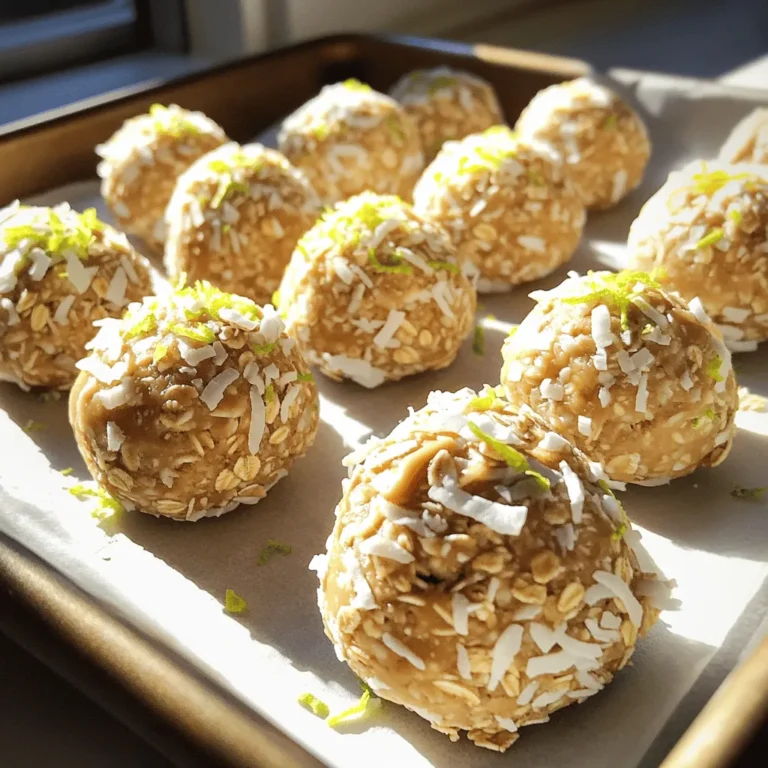 To make Coconut Lime Energy Balls, you'll need: - 1 cup rolled oats - 1/2 cup unsweetened shredded coconut - 1/2 cup almond butter (or any nut butter) - 1/4 cup honey or maple syrup - Zest of 2 limes - 2 tablespoons lime juice - 1/4 teaspoon salt - 1/4 teaspoon vanilla extract - 2 tablespoons chia seeds (optional) You can swap almond butter for any nut butter you like. Peanut butter works well too. If you want to go nut-free, try sun butter or tahini. For a vegan option, use maple syrup instead of honey. If you can't find shredded coconut, you can use finely chopped nuts. This adds a nice crunch. You can also skip chia seeds if you don’t have them. Each ingredient in these energy balls has great health benefits: - Rolled oats: They provide fiber and keep you full longer. - Unsweetened shredded coconut: This adds healthy fats and gives energy. - Almond butter: It is rich in protein and good fats, which support heart health. - Honey or maple syrup: These natural sweeteners give quick energy without processed sugars. - Lime zest and juice: They add vitamin C and help boost your immune system. - Salt: A small amount helps balance flavors and keeps hydration up. - Vanilla extract: It enhances flavor and has antioxidant properties. - Chia seeds: They are full of omega-3s, fiber, and protein, plus they help with digestion. These ingredients work together to create a tasty and healthy snack that keeps you energized! Start by gathering your ingredients. In a large mixing bowl, add 1 cup of rolled oats and 1/2 cup of unsweetened shredded coconut. Mix these dry ingredients together well. In another bowl, combine 1/2 cup of almond butter, 1/4 cup of honey or maple syrup, the zest of 2 limes, 2 tablespoons of lime juice, 1/4 teaspoon of salt, and 1/4 teaspoon of vanilla extract. Stir this wet mixture until it is smooth and well blended. Next, pour the wet mixture into the bowl with the dry ingredients. If you want to add some nutrition, toss in 2 tablespoons of chia seeds. Now, mix everything together thoroughly. You want the mixture to stick together. If it feels too dry, try adding a bit more almond butter or a splash of lime juice. Once the mixture is well combined, it’s time to chill it. Place your bowl in the fridge for about 30 minutes. This will help the mixture firm up. After chilling, take it out and use your hands to roll the mixture into small balls, about 1 inch in diameter. As you shape them, you can make them a bit smaller or larger based on your preference. Next, lay the balls on a parchment-lined baking sheet. Once you have shaped all the balls, return them to the fridge for another 15-20 minutes. This second chill helps them set nicely. To get the right consistency, make sure to mix all the ingredients well. If the mixture feels too crumbly, add a bit more almond butter. If it seems too wet, sprinkle in some more oats. The goal is for the mixture to hold together when you squeeze it in your hand. Also, remember that chilling is key. If you skip the chilling step, the balls may fall apart. Storing them in the fridge helps maintain their shape and keeps them fresh. Enjoy your Coconut Lime Energy Balls as a tasty snack anytime! To make the best Coconut Lime Energy Balls, use fresh ingredients. Fresh limes give a bright taste. Make sure your almond butter is creamy. This helps the mixture stick well. Mix the oats and coconut well before adding wet ingredients. This ensures even flavor throughout. If your mix is too dry, add more almond butter or lime juice. For easier rolling, wet your hands a little. This keeps the mix from sticking to your palms. One common mistake is not chilling the mixture enough. Chilling helps the balls hold their shape. Another mistake is not measuring ingredients carefully. Too much honey can make them too sweet. If you leave out the chia seeds, you miss added texture. Don’t skip the salt; it enhances the flavor. Lastly, avoid using stale oats or coconut. Stale ingredients can ruin your energy balls. You can boost flavor by adding nuts or seeds. Try mixing in chopped almonds or walnuts for crunch. Dried fruit like cranberries or apricots adds sweetness and color. You can also sprinkle some lime zest on top after rolling. This gives a fresh look and extra zing. For a tropical twist, add a little pineapple juice. This brightens the taste even more. Enjoy experimenting with these ideas to make your energy balls unique! {{image_2}} You can add many different flavors to your Coconut Lime Energy Balls. Try using different nut butters, like peanut or cashew. You can also mix in some chocolate chips or dried fruit, like cranberries or apricots. For a crunch, add chopped nuts or seeds. If you like a bit of spice, a pinch of cinnamon or nutmeg can add warmth. Get creative and find your favorite combination! These energy balls are easy to make vegan. Just swap honey for maple syrup. For a gluten-free option, use certified gluten-free oats. All the other ingredients are already gluten-free. You can also use sunflower seed butter for a nut-free version. This way, anyone can enjoy them! You can change the flavors to match the seasons. In the fall, add pumpkin spice and a bit of pumpkin puree. For winter, try peppermint extract and crushed candy canes. In the summer, use fresh berries or citrus zest for a bright taste. Each season offers a chance to mix it up and enjoy these snacks in new ways! To keep your Coconut Lime Energy Balls fresh, store them in an airtight container. Place them in the fridge for the best taste. This way, they stay firm and tasty. You can enjoy them for up to one week. If you want to keep them longer, consider freezing. Freezing your energy balls is simple. First, let them chill and set. Once firm, arrange them in a single layer on a baking sheet. Freeze them for about an hour. After that, transfer the balls to a freezer-safe bag or container. Label it with the date. They can last up to three months in the freezer. Just thaw them in the fridge before enjoying. Check for any off smells or visible mold. If they feel too sticky or have a strange taste, it’s best to toss them. Always trust your senses. When in doubt, throw it out. Keeping an eye on these signs will help you enjoy your energy balls at their best. Coconut Lime Energy Balls last for up to one week in the fridge. Store them in an airtight container. This keeps them fresh and tasty. You can also freeze them for longer storage. They will stay good for about a month in the freezer. Yes, you can use any nut butter you like! Peanut butter works well and adds a nice flavor. Sunflower seed butter is a great option for nut-free diets. Just make sure it has a similar texture to almond butter for the best results. Absolutely! Coconut Lime Energy Balls are a fun and healthy snack for kids. They are packed with oats, nut butter, and natural sweetness. Kids love the taste of coconut and lime, making them a hit at snack time. Plus, they are easy to grab and go! Yes, you can skip the honey or maple syrup. You can use mashed bananas or applesauce instead. This will change the flavor a bit but still make them sweet. Just be aware that the texture may be softer. Adjust the dry ingredients if needed to keep them firm. In this article, we explored how to make tasty Coconut Lime Energy Balls. You learned about the ingredients, their health benefits, and easy substitutions. I gave step-by-step mixing and shaping tips, along with ways to improve flavor and texture. We covered different variations to fit your diet and occasions. Finally, I shared storage tips to keep your energy balls fresh longer. With these insights, you can enjoy and customize your energy balls for any craving!